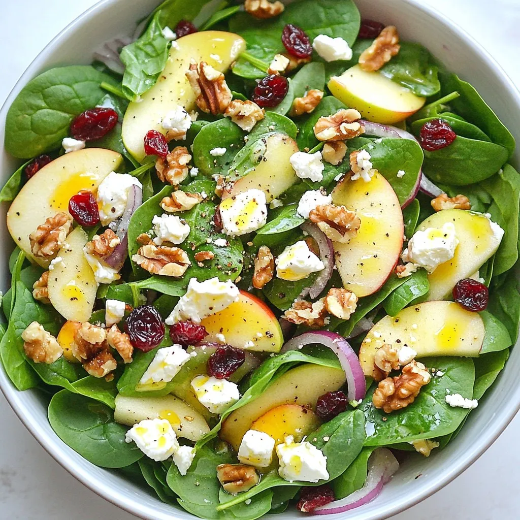 - 4 cups fresh spinach, thoroughly washed and dried - 2 medium apples (preferably Gala or Honeycrisp), cored and thinly sliced - 1 cup feta cheese, crumbled into bite-sized pieces - 1/2 cup walnuts, coarsely chopped for a delightful crunch - 1/4 cup dried cranberries, adding a touch of sweetness - 1/4 cup red onion, finely sliced for a mild sharpness - 3 tablespoons extra virgin olive oil for richness - 1 tablespoon fresh lemon juice to brighten the flavors - 1 tablespoon honey for natural sweetness - Salt and freshly ground black pepper, to taste This salad shines with fresh, simple ingredients. Spinach forms a crisp base. Apples bring a sweet crunch. Feta adds a creamy, salty touch. Walnuts provide a nice texture. Dried cranberries contribute sweetness. Red onion gives a mild bite. For the dressing, I use extra virgin olive oil for richness. Fresh lemon juice brightens each bite. Honey adds a natural sweetness. A pinch of salt and pepper rounds it all out. Together, these ingredients create a salad that is fresh, flavorful, and fun to eat! {{ingredient_image_2}} Start by washing and drying 4 cups of fresh spinach. Place it in a large mixing bowl. Next, core and thinly slice 2 medium apples. Gala or Honeycrisp apples work best for a sweet bite. Add the apple slices to the bowl. Then, crumble 1 cup of feta cheese into bite-sized pieces. Sprinkle the feta over the spinach and apples. Now, coarsely chop 1/2 cup of walnuts for crunch and mix them in. For sweetness, add 1/4 cup of dried cranberries. Finally, finely slice 1/4 cup of red onion for a mild sharpness. Toss all these fresh ingredients gently to combine. In a separate small bowl, whisk together 3 tablespoons of extra virgin olive oil, 1 tablespoon of fresh lemon juice, and 1 tablespoon of honey. This mix creates a bright and rich dressing. Add a pinch of salt and pepper for flavor. Whisk until smooth. This step is key to blending the honey with the oil and lemon. Now, drizzle the dressing over the salad ingredients. Use salad tongs or two large forks to gently toss everything together. You want to coat the ingredients well without bruising the delicate spinach leaves. Let the salad rest for about 5 minutes before serving. This time allows the flavors to meld beautifully. When ready to serve, place the salad in individual bowls. For extra texture, garnish with additional walnuts or cranberries. This makes the salad even more appealing. Enjoy the fresh and vibrant flavors! - Alternatives for apples: If you want a different taste, try pears or oranges. Both fruits offer a sweet flavor and a nice crunch. You can even use berries for a unique twist. - Vegan options for feta cheese: If you want a plant-based option, use tofu or cashew cheese. These alternatives mimic the creamy texture of feta and blend well with the salad. - Serving bowl options: A clear glass bowl shows off the colorful layers of the salad. You can also use wooden bowls for a rustic look. - Garnishing techniques: Sprinkle extra walnuts or cranberries on top for added color and texture. Fresh herbs like parsley or mint can also enhance the visual appeal. - Tips for perfect seasoning: Start with a pinch of salt and pepper. Taste your salad and add more if needed. The right balance makes all the flavors pop. - Importance of resting time: Let the salad sit for about 5 minutes before serving. This allows the dressing to soak into the spinach and fruits, making every bite more delicious. Pro Tips Choose the Right Apples: For the best flavor combination, opt for sweet and crisp varieties like Gala or Honeycrisp, which complement the salty feta perfectly. Toast the Walnuts: Lightly toasting the walnuts enhances their flavor and adds an extra layer of crunch to the salad. Make Ahead Tips: Prepare the salad components in advance but keep the dressing separate until serving to maintain the freshness of the spinach. Vary the Cheese: Experiment with different cheeses like goat cheese or blue cheese for a unique twist on this classic salad. {{image_4}} You can change the apples for other fruits. Pears add a sweet crunch. Oranges give a bright, citrus flavor. Strawberries bring a juicy pop and vibrant color. Each fruit gives a new twist to your salad. To make the salad more filling, add protein. Grilled chicken works well and adds a savory touch. Chickpeas are a great plant-based option. They add texture and keep the dish light and fresh. Consider seasonal changes when you make this salad. In winter, add roasted root veggies for warmth. In summer, try fresh berries for brightness. Each season brings new flavors to explore in your salad. To store leftovers of your Apple Feta Spinach Salad, place it in an airtight container. This keeps the salad fresh and prevents any strong odors from the fridge. If you have leftovers, store them within two hours of making the salad. This helps keep the ingredients safe to eat. Avoid mixing the dressing with the salad until you are ready to eat. This keeps the spinach crisp and fresh. If your spinach looks wilted, you can refresh it easily. First, run cold water over the spinach for a minute. Drain it well, then gently pat it dry with a clean towel. You can also soak the spinach in cold water for about 10 minutes. This helps it regain its shape. After that, toss it lightly to separate the leaves. The salad lasts about three days in the fridge. However, the spinach may lose its crunch after the first day. The apples can also brown, so it's best to eat the salad soon. If you want to keep it fresh longer, store the apples separately and add them right before serving. Yes, you can prepare parts of the salad ahead of time. Wash and dry the spinach first. Slice the apples and store them in lemon juice to keep them fresh. Crumble the feta and chop the walnuts too. Combine everything just before serving for the best taste. To keep spinach fresh, store it dry in the fridge. Use a clean paper towel to absorb moisture. If you dress the salad too early, the spinach will wilt. Dress it right before you eat for a crisp salad. Gala and Honeycrisp apples are great choices. They add sweetness and crunch. You can also try Granny Smith for a tart flavor. Choose apples that are firm and fresh. This salad is naturally gluten-free. Just check the labels on your ingredients. Ensure your honey and any processed items are gluten-free. Enjoy this salad without worries! This blog post covered a delicious spinach salad packed with fresh ingredients and flavor. You learned about how to prepare each component, make a tasty dressing, and assemble the dish. We also discussed seasoning tips, ingredient swaps, and storage advice. In my experience, simple salads can be both nutritious and satisfying. By mixing and matching ingredients, you can create your own unique version. Keep exploring flavors, and enjoy your creations!