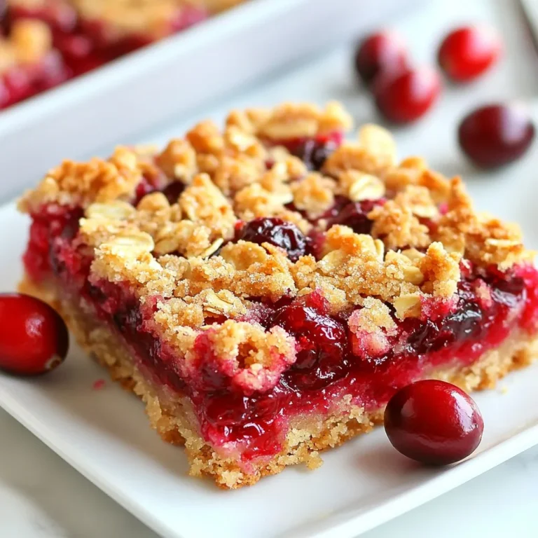 - 2 cups fresh or frozen cranberries - 1/2 cup granulated sugar (plus extra for sprinkling) - 1 tablespoon fresh lemon juice - 1 teaspoon pure vanilla extract - 1 1/2 cups all-purpose flour - 1/2 teaspoon baking powder - 1/4 teaspoon fine sea salt - 1/2 cup unsalted butter, softened to room temperature - 1/2 cup packed light brown sugar - 1 cup rolled oats - 1/2 teaspoon ground cinnamon You can swap fresh cranberries for frozen ones if needed. They work great! If you want a different sweetener, use brown sugar instead of granulated sugar. For a dairy-free option, try coconut oil in place of butter. You can also use a gluten-free flour mix to make these bars gluten-free. When selecting cranberries, look for bright red berries that are firm and plump. Avoid any that are soft or shriveled. Fresh cranberries should have a nice shine. If you opt for frozen, check that there are no ice crystals, as this can spoil the flavor. Always taste a few; they should be tart and crisp! {{ingredient_image_2}} First, set your oven to 350°F (175°C). Grease an 8x8-inch baking pan with butter. You can also line it with parchment paper. This makes it easier to lift out the bars later. In a medium saucepan, add the cranberries, 1/2 cup of granulated sugar, lemon juice, and vanilla extract. Heat it over medium heat. Stir often for about 8-10 minutes. You want the cranberries to break down and form a syrupy mix. Once done, take it off the heat and let it cool. In a large bowl, sift together the flour, baking powder, and sea salt. This helps the flour rise better. In another bowl, cream the softened butter and light brown sugar with a mixer. Do this for 2-3 minutes until it looks light and fluffy. Gradually mix in the flour mix until just combined. Fold in the oats and ground cinnamon. Keep mixing until they are evenly mixed in. Set aside about 1 cup of this crumble mixture for the top. Press the rest firmly into the bottom of your baking pan. Spread the cooled cranberry filling over the crumble base. Crumble the reserved mixture on top. For extra sweetness, sprinkle a little sugar over it. Bake for 30-35 minutes. Look for a golden brown top and bubbling edges. Once baked, let it cool in the pan for at least 30 minutes. This helps the bars hold their shape. After cooling, slice them into squares or rectangles. To get the best crumble, mix your dry ingredients well. Use cold butter to keep the texture light. When mixing, don’t overwork the dough. You want small clumps that stay together but are not too dense. If you want extra crunch, add a bit more rolled oats. They help give the bars a nice bite. One common mistake is not cooling the cranberry filling. If it’s too hot, it can make the crumble soggy. Also, avoid pressing the base too hard into the pan. A light press keeps it airy. Lastly, don't skip the sprinkle of sugar on top. It adds a nice sweetness and helps with browning. You can add spices like nutmeg or ginger for more warmth. Chopped nuts add crunch and a rich flavor. Try adding a bit of orange zest for a fresh twist. You could also swap out some flour for almond flour for a nutty taste. Experiment with these ideas to find your favorite combination! Pro Tips Fresh vs. Frozen: Using fresh cranberries will give you a brighter flavor, but frozen cranberries work wonderfully too, as they are often harvested at peak ripeness. Perfect Crumble Texture: For a crunchy topping, ensure your crumble mixture has visible chunks of butter before baking; this will create a delightful texture. Let it Cool: Allow the bars to cool completely in the pan before slicing for the best shape and texture; this helps them set firmly. Customization: Feel free to mix in nuts or chocolate chips into the crumble for added flavor and texture variety! {{image_4}} You can add nuts to your cranberry crumble bars for extra texture. Walnuts or pecans work well. Chop about 1/2 cup of your chosen nuts. Mix them into the crumble dough when you add the oats and cinnamon. This gives you a nice crunch and enhances the flavor. If you want to try other fruits, go for it! You can swap cranberries for blueberries, raspberries, or chopped apples. For blueberries, use the same amount as cranberries. For apples, peel and chop about 2 cups. Adjust sugar to taste. Each fruit will give a unique twist to your bars. If you need a gluten-free option, use gluten-free flour instead of all-purpose flour. Make sure your oats are also labeled gluten-free. This way, you can enjoy these bars without gluten. The taste and texture will still be delicious! To keep your cranberry crumble bars fresh, store them in an airtight container. Layer parchment paper between bars to prevent sticking. They can last at room temperature for 2-3 days. If you want them to last longer, store them in the fridge. This keeps them fresh for up to a week. Freezing is a great option for these bars. First, let them cool completely. Then, wrap each bar tightly in plastic wrap. Place the wrapped bars in a freezer-safe bag. You can freeze them for up to 3 months. When you’re ready to enjoy, take them out and let them thaw in the fridge overnight. To reheat your bars, preheat the oven to 350°F (175°C). Place the bars on a baking sheet and cover them with foil. Heat for about 10-15 minutes. This method keeps the crumble crisp and the filling warm. You can also enjoy them cold or at room temperature for a quick snack! Yes, you can use dried cranberries. However, they are sweeter. You will need less sugar in the filling. So, adjust the sugar to taste. If you want some tartness, add a bit of lemon juice. Cranberry crumble bars last about five days at room temperature. If you store them in the fridge, they can last up to a week. Make sure to keep them in an airtight container. This helps keep them fresh and tasty. Yes, you can make cranberry crumble bars ahead of time. They are great for meal prep or parties. Just cool them completely before cutting. Wrap them well and store them in the fridge. You can also freeze them for up to three months. Cranberry crumble bars are delicious on their own. You can serve them with whipped cream or vanilla ice cream for a treat. A scoop of yogurt also pairs nicely. Fresh cranberries or mint leaves add a nice touch too. In this blog post, we covered everything about making delicious cranberry crumble bars. You learned about key ingredients, substitutions, and tips for choosing cranberries. I walked you through each step, from prepping your oven to layering the ingredients. We also shared helpful tips for perfecting your crumble and explored fun variations. Remember, these bars are easy to store and reheat. Enjoy your baking journey, and don’t be afraid to get creative!