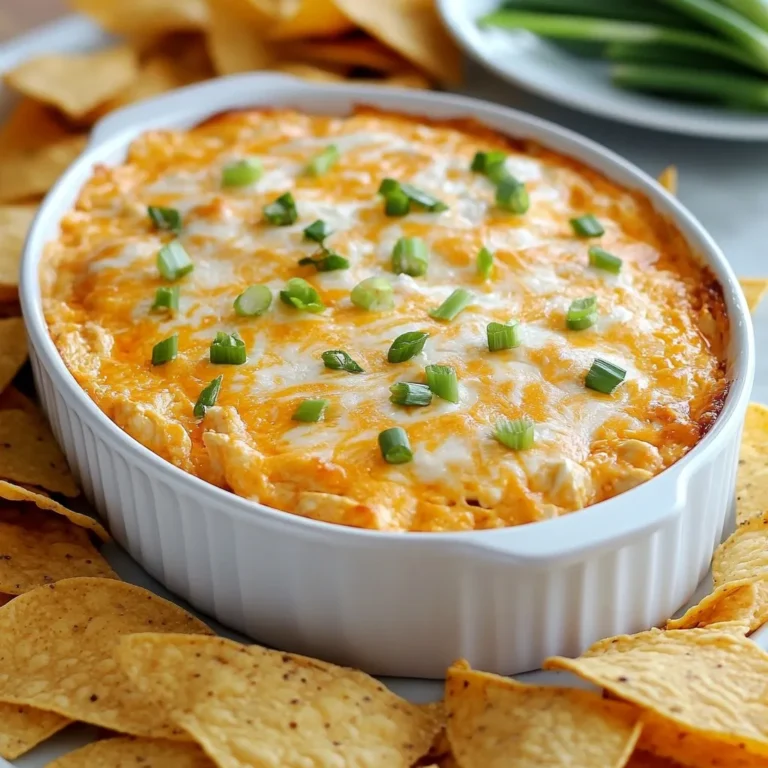 - 2 cups cooked shredded chicken - 1 (8 oz) package cream cheese, softened - 1 cup buffalo sauce - 1 cup ranch dressing - 1 cup shredded cheddar cheese - 1 cup shredded mozzarella cheese - 1/4 cup green onions, chopped - Tortilla chips or celery sticks for serving To make the best buffalo chicken dip, focus on your main ingredients. Each plays a key role in flavor and texture. The chicken adds protein and heartiness. Cream cheese gives it a rich, creamy base. Buffalo sauce brings the heat and tang. Ranch dressing softens the spice and adds depth. The cheeses provide a melty finish, while green onions add a fresh crunch. - Choosing the best buffalo sauce for the right spice level: Look for sauces that match your taste. Some sauces are mild, while others pack a punch. You can always mix sauces for a custom flavor. - Recommended brands for cream cheese and dressings: I suggest brands like Philadelphia for cream cheese. For ranch dressing, try Hidden Valley or Annie's. They offer great flavors that blend well in dips. - Options for homemade ranch dressing: If you want homemade ranch, mix buttermilk, mayo, garlic powder, and fresh herbs. This will give your dip a fresh touch. These ingredient tips will help you create a tasty buffalo chicken dip that everyone loves. Enjoy making this game-day favorite! {{ingredient_image_2}} 1. First, preheat your oven to 350°F (175°C). This step is key for even cooking. 2. In a large bowl, add the softened cream cheese. Pour in the buffalo sauce. Mix until smooth. 3. Next, incorporate the ranch dressing into the cream cheese mix. Stir until it blends well. 4. Now, add the shredded chicken. Make sure it is evenly distributed in the mix. 5. Gently fold in half of the shredded cheddar cheese, half of the mozzarella cheese, and the chopped green onions. Mix until everything is well combined. 6. Pour the creamy chicken mix into an 8x8 inch baking dish. Spread it evenly across the bottom. 7. Sprinkle the remaining cheddar and mozzarella cheeses on top. This will create a lovely, gooey crust. 8. Bake in the oven for 20-25 minutes. Look for bubbly cheese and a light golden color on top. 9. After baking, remove the dip and let it cool for a few minutes. This will help with serving. 10. Just before serving, garnish with extra chopped green onions for a fresh touch. Adjusting spice levels to personal preference You can make this dip as spicy as you like. Start with one cup of buffalo sauce. Taste it and add more if you want extra heat. You can also mix in a milder sauce if you prefer a gentler kick. Your taste buds will thank you for finding the right balance. How to ensure a creamy texture For a smooth and creamy dip, soften the cream cheese well before mixing. You can microwave it for about 20 seconds if needed. Mix the cream cheese with the buffalo sauce first. This helps create a creamy base. Make sure there are no lumps before adding other ingredients. Ideal pairings for tortilla chips or fresh vegetables Tortilla chips are a classic choice for serving this dip. They add a nice crunch. You can also use fresh vegetables like celery sticks, carrots, or bell pepper strips. They provide a healthy contrast and a nice bite. Presentation ideas for gatherings Serve the dip hot in a baking dish. Arrange tortilla chips around it for a fun look. For a personal touch, scoop the dip into small bowls for each guest. Top each bowl with extra chopped green onions. This adds color and a fresh taste. A sprinkle of parsley can also make it pop! Pro Tips Adjust the Spice Level: If you prefer a milder dip, reduce the amount of buffalo sauce or choose a milder variety. You can also mix in a bit of honey to balance the heat. Try Different Cheeses: Experiment with different cheese blends like pepper jack or gouda for a unique flavor. Just ensure they melt well for that creamy texture. Make Ahead: Prepare the dip a day in advance and store it in the refrigerator. Just bake it right before serving for an easy party appetizer. Garnish for Presentation: Fresh herbs like cilantro or parsley can add a pop of color and flavor to your dip. Serve with a variety of dippers for an appealing platter. {{image_4}} You can change up the cheese for more flavor. Try using pepper jack cheese for heat or gouda for a smoky touch. Creamy cheeses like fontina also add a rich taste. Swapping ranch dressing for blue cheese dressing is another great idea. Blue cheese gives an extra tang and pairs well with the buffalo sauce. Want to kick it up a notch? Add crispy bacon bits for a savory crunch. If you love spice, toss in some sliced jalapeños or a dash of hot sauce. You can also experiment with sauces like BBQ for a sweet twist. Mixing in spices such as garlic powder or smoked paprika can create a unique flavor too. Each addition makes your dip special and fun! To store your buffalo chicken dip, let it cool first. Once cooled, transfer it to an airtight container. This helps keep it fresh. You can use glass or plastic containers. Make sure the lid fits tightly to avoid air exposure. Store it in the fridge for up to three days. When it's time to enjoy the dip again, you’ll want to reheat it well. The best way is to use an oven. Preheat to 350°F (175°C). Place the dip in a baking dish and cover it with foil. Heat for about 20 minutes. This keeps the cheese melty and delicious. You can also use a microwave. Heat it in short bursts of 30 seconds, stirring in between. This method works well but may not keep the same texture as the oven. Enjoy your tasty treat! How long does buffalo chicken dip last in the fridge? Buffalo chicken dip lasts about 3 to 5 days in the fridge. Store it in an airtight container. This keeps it fresh and safe to eat. Can I make this dip ahead of time? Yes, you can make this dip ahead of time. Prepare it, then cover it and place it in the fridge. Just bake it when you're ready to serve. Is it possible to freeze buffalo chicken dip? Yes, you can freeze buffalo chicken dip. Place it in a freezer-safe container. It can stay frozen for up to 2 months. Thaw it in the fridge before reheating. What can I use instead of chicken? You can use canned tuna or shredded turkey instead of chicken. For a meatless option, try using shredded jackfruit. It gives a similar texture without the meat. You now have a tasty buffalo chicken dip recipe that is easy to follow. We covered the best ingredients, tips for preparation, and unique variations. Remember to adjust spice levels to match your taste. Don’t forget the storage tips and reheating methods for later enjoyment. This dip is great for gatherings and pairs well with chips and veggies. Enjoy sharing this dip with friends and family at your next event!
