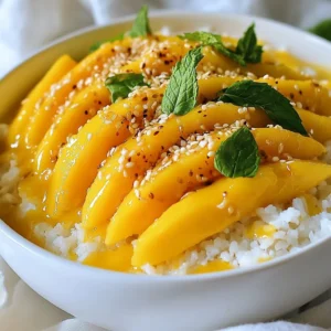 - 1 cup glutinous (sticky) rice - 1 &frac12; cups coconut milk - 2 ripe mangoes, peeled and elegantly sliced - &frac12; cup granulated sugar - &frac12; teaspoon sea salt - 1 tablespoon toasted sesame seeds - Fresh mint leaves Mango sticky rice is a simple dish with rich flavors. The glutinous rice gives it a unique chewy texture. Coconut milk adds creaminess and sweetness. Ripe mangoes bring a bright, fruity taste that is hard to resist. When choosing mangoes, look for ones that are soft to the touch. They should smell sweet and fragrant. These qualities mean they are ripe and ready to use. Granulated sugar enhances the coconut milk's sweetness. A touch of sea salt balances the flavors. Toasted sesame seeds add a nice crunch and nutty flavor. You can also add fresh mint leaves for a pop of color. They give a refreshing touch to the dish. This recipe brings together simple ingredients to create something truly delightful. Each bite is a mix of sticky rice, creamy coconut, and sweet mango. It&rsquo;s a perfect treat for any day. {{ingredient_image_2}} Rinsing the rice is key for great sticky rice. It removes extra starch. This way, your rice cooks better and avoids clumping. Rinse until the water runs clear. Soaking is just as important. You should soak the rice for at least 2 hours. For the best results, soak it overnight. This helps the rice absorb water, which makes it soft when cooked. Now, let&rsquo;s steam the rice! First, drain the soaked rice well. You need a steaming setup. Use a bamboo or metal steamer lined with cheesecloth. Place the rice inside the steamer. Steam the rice over boiling water for about 30-35 minutes. You will know it&rsquo;s done when the rice is translucent and tender. It should feel slightly sticky, perfect for mango sticky rice! While the rice cooks, we can make the coconut mixture. In a medium saucepan, add the coconut milk, sugar, and sea salt. Heat this over medium heat. Stir gently until the sugar dissolves completely. Be sure to avoid boiling. If it boils, the mixture can lose its creamy texture. We want it smooth and rich for drizzling over the rice later! To get the best sticky rice, soak it for at least 2 hours. Soaking overnight is even better. This process helps the rice absorb water, making it soft and sticky. To check if the rice is done, look for a translucent color. It should feel tender when you bite it. If you want to switch things up, try using honey or maple syrup instead of granulated sugar. These sweeteners add a different taste to the dish. You can also infuse coconut milk with flavors like pandan leaves or vanilla beans. Just add them to the milk while heating. For a stunning look, use a large, decorative plate. Place a mound of sticky rice in the center. Neatly arrange the mango slices around the rice. Drizzle with any remaining coconut milk for a glossy finish. To make it pop, sprinkle toasted sesame seeds on top and add a few fresh mint leaves for a bright touch. Pro Tips Soaking Time Matters: The longer you soak the glutinous rice, the better the texture. Aim for at least 2 hours, but overnight soaking yields the best results. Steaming Technique: Ensure the water in your steamer is boiling before adding the rice. This helps the rice cook evenly and become perfectly sticky. Coconut Milk Consistency: Avoid boiling the coconut milk mixture; gently heating it ensures a creamy texture, which is crucial for flavor and presentation. Presentation is Key: Arrange the mango slices artistically and drizzle the coconut milk on top for a visually appealing dish that enhances the overall dining experience. {{image_4}} You can switch up the fruit in mango sticky rice. Other tropical fruits work well too. Try using: - Pineapples - Bananas - Papayas - Passionfruit Each fruit brings a unique flavor. Seasonal fruits can also add a nice twist. Consider using berries in summer or apples in fall. If you follow a vegan diet, mango sticky rice is easy to adjust. The recipe is already vegan-friendly! Use coconut milk, which is plant-based. For gluten-free options, this dessert fits the bill. Glutinous rice is naturally gluten-free. Just double-check all your ingredients to ensure they are safe. You can add fun flavors to your mango sticky rice. Try infusing the coconut milk with pandan leaf for a fragrant touch. Vanilla extract also works great. If you like different textures, think about adding: - Chopped nuts for crunch - Crispy coconut flakes for extra flavor Feel free to mix and match these ideas. They can make your dish unique and exciting! To keep your sticky rice fresh, store it in an airtight container. This helps prevent it from drying out. You can keep it in the fridge for up to three days. For the coconut milk mixture, pour any leftovers into a separate container. Seal it tightly and refrigerate. It stays good for about one week. When it's time to enjoy your leftovers, be careful while reheating. The best method is steaming. This helps keep the rice soft and sticky. If you use a microwave, cover the rice with a damp paper towel. This adds moisture. Heat it in short bursts to avoid overcooking. Check it often to ensure it warms evenly. You can freeze sticky rice if you want to save some for later. Place it in an airtight container or a freezer bag. Squeeze out as much air as possible. It can last for about a month in the freezer. When you thaw it, the texture may change a bit. Steaming is still the best way to warm up frozen rice. It helps bring back the stickiness and flavor. Mango sticky rice is a popular dessert from Thailand. It combines sweet sticky rice, creamy coconut milk, and ripe mangoes. This dish is often served during festivals and special occasions. It represents the harmony of flavors in Thai cuisine. The soft rice pairs perfectly with the juicy mango. Together, they create a delightful taste experience. Making mango sticky rice takes about 1 hour. The prep time is around 15 minutes. Soaking the rice is essential and should be done for at least 2 hours. The cooking time for steaming the rice is about 30-35 minutes. This timing ensures a perfect texture and flavor. Yes, you can make mango sticky rice ahead of time. Prepare the rice and coconut mixture a few hours before serving. Store them separately in airtight containers. When ready to serve, reheat the rice gently. This keeps it fluffy and moist. Slice the mango just before serving for the best flavor. For the best taste, use ripe, sweet mangoes. Varieties like Ataulfo or Haden work well. These mangoes are usually smooth, sweet, and juicy. Look for fruit that feels slightly soft to the touch. This ensures rich flavor and great texture in your dish. Mango sticky rice combines sticky rice, coconut milk, and ripe mangoes for a tasty treat. In this guide, you learned key recipes, tricks for the best results, and creative twists. Remember, presentation matters, so have fun plating. Feel free to experiment with flavors and fruits to make it your own. Storing and reheating properly will keep your dish delightful. Enjoy making this dessert that brings happiness to any table. Embrace your creativity and delight in every delicious bite.