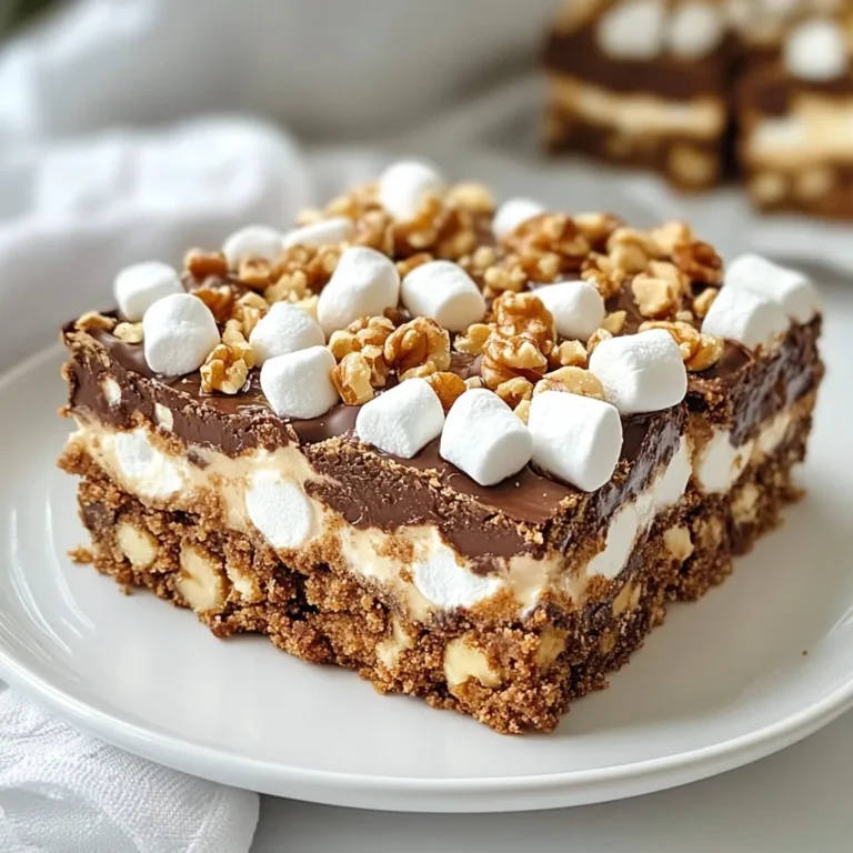 - 1 ½ cups graham cracker crumbs - ½ cup unsweetened cocoa powder - ½ cup unsalted butter, melted - 1 cup sweetened condensed milk - 1 cup semi-sweet chocolate chips - 1 cup mini marshmallows - ½ cup crushed walnuts (optional) - ½ teaspoon vanilla extract Gather these ingredients before you start. Each one plays a key role in creating the perfect S’mores Bars. The graham cracker crumbs give the base its classic taste. The cocoa powder adds a rich chocolate flavor. Using melted butter helps bind the crust together. Sweetened condensed milk is the secret to a gooey texture. The chocolate chips and mini marshmallows provide that iconic S’mores taste we all love. If you enjoy a bit of crunch, crushed walnuts are a tasty option. Finally, a touch of vanilla extract enhances all the flavors. - 9x9 inch baking pan - Parchment paper - Mixing bowls - Wire rack Make sure to have the right tools ready. A 9x9 inch baking pan is perfect for these bars. Lining it with parchment paper helps with easy removal later. Use mixing bowls to combine your ingredients. A wire rack is essential for cooling the bars completely. This setup makes the baking process smooth and easy. {{ingredient_image_2}} - Preheat your oven to 350°F (175°C). - Line a 9x9 inch baking pan with parchment paper. - Leave some paper hanging over the edges for easy removal. - In a bowl, mix 1 ½ cups of graham cracker crumbs with ½ cup of cocoa powder. - Pour in ½ cup of melted unsalted butter. - Stir until the mixture feels like wet sand. - Press this mix firmly into the bottom of your pan. - Drizzle 1 cup of sweetened condensed milk over the crust. - Spread 1 cup of semi-sweet chocolate chips evenly on top. - Add 1 cup of mini marshmallows. - If you want, sprinkle ½ cup of crushed walnuts on top. - Bake the crust for 10 minutes. - After that, bake the bars for 15 more minutes. - Watch for golden brown marshmallows on top. - Let the bars cool completely in the pan. - Use the parchment overhang to lift them out. - Cut into squares and enjoy! To get an even bake, first, preheat your oven well. This step ensures the bars cook uniformly. Always use a 9x9 inch pan lined with parchment paper. This makes removal easy. After pressing the crust in the pan, make sure it is level. Use a flat spatula to smooth it out. This helps the bars bake evenly. You can boost flavor by using flavored chips. Try butterscotch or peanut butter chips for fun twists. Mix in different nuts, like pecans or almonds, for added crunch. You can even add a sprinkle of sea salt to enhance the sweet taste. Each change adds a unique touch to your S’mores Bars. For a great look, serve the bars on a colorful plate. Top them with extra mini marshmallows for flair. You can also drizzle chocolate sauce over the bars. This adds a rich taste and a lovely look. Pair them with warm chocolate sauce for dipping. Your guests will love this extra treat! Pro Tips Use Fresh Ingredients: Ensure your chocolate chips and marshmallows are fresh for the best flavor and texture. Experiment with Flavors: Consider adding a pinch of sea salt or a dash of cinnamon to the crust for an extra layer of flavor. Cooling Time Matters: Allow the bars to cool completely before cutting to avoid a messy slice and to ensure they hold their shape. Storage Tips: Store leftover bars in an airtight container at room temperature for up to a week, or refrigerate for longer freshness. {{image_4}} You can play with flavors in S’mores Bars. One fun choice is adding peanut butter chips. They add a rich, nutty taste that pairs well with chocolate. Just mix in about half a cup when you layer the chocolate chips. Another great option is swapping semi-sweet chocolate for white chocolate chips. This change makes the bars sweeter and adds a nice twist. Use the same amount, one cup, for a creamy texture that melts perfectly. If you or someone you know has dietary needs, you can still enjoy these bars. For gluten-free options, use gluten-free graham crackers. They work just like regular ones. This small change keeps the bars tasty without gluten. For a vegan version, swap sweetened condensed milk with coconut milk or a plant-based alternative. Use vegan butter instead of regular butter. These swaps keep the bars creamy and delicious while making them plant-friendly. Seasonal ingredients can make your S’mores Bars special. For fall, add pumpkin puree into the mix. It adds warmth and flavor that fits the season. You can also use eggnog during the winter holidays for a festive twist. For themed decorations, think about how to dress up your bars for holidays. For Halloween, add spooky sprinkles or chocolate ghost shapes. For Christmas, top with crushed peppermint or red and green sprinkles. These fun details make your dessert stand out at any gathering. To store your S’mores Bars, you need to keep them fresh. Wrap them tightly in plastic wrap. This keeps air out and prevents them from drying. You can also use an airtight container. Choose one that fits the bars well, so they don’t move around. If you stack them, place parchment paper between layers. This stops them from sticking together. S’mores Bars can last about a week at room temperature. If you want them to last longer, freeze them. Wrap each bar in plastic wrap, then place them in a freezer bag. They will stay good for up to three months. When you’re ready to eat them, thaw them in the fridge overnight. You can also warm them up in the microwave for a few seconds to enjoy that melty chocolate and gooey marshmallow. To keep S’mores Bars from becoming sticky, proper cooling is key. After baking, let them cool completely in the pan. Place the pan on a wire rack for airflow. This helps moisture escape. Once cool, cut the bars into squares. Store them in an airtight container. If you stack them, place parchment paper between layers. This prevents sticking. Yes, you can make S’mores Bars without a baking pan. Try using a cast-iron skillet instead. Just grease it well before adding the crust. You can also use a large cookie sheet. Just adjust the baking time. Keep an eye on the bars as they bake. You want the marshmallows to brown nicely. To reheat S’mores Bars, the oven works best. Preheat it to 350°F (175°C). Place the bars on a baking sheet and cover them with foil. Heat for about 10 minutes. This warms them without making them too soft. If you use a microwave, heat one square for 10-15 seconds. Check to see if it's warm enough. Enjoy the gooey goodness! These S’mores Bars are fun to make and easy to enjoy. You’ve learned about the ingredients, steps, and tips to create them. Remember to customize the flavors and toppings for your own twist. Store leftovers well to keep them fresh. Whether for a party or a cozy night in, these bars are a tasty treat. Get ready to impress your friends and family. Enjoy your creation!