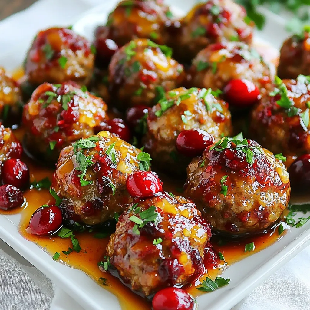To make these tasty cranberry meatballs, you'll need: - 1 pound ground turkey or chicken - 1/2 cup breadcrumbs - 1/4 cup grated Parmesan cheese - 1/4 cup fresh parsley, finely chopped - 1/2 teaspoon garlic powder - 1/2 teaspoon onion powder - Salt and black pepper, to taste - 1 cup cranberry sauce (preferably whole berry) - 2 tablespoons honey - 1 tablespoon Dijon mustard - 1 teaspoon Worcestershire sauce These ingredients create a balanced flavor and texture. The turkey or chicken gives a nice base. The breadcrumbs and cheese keep the meatballs moist. Herbs add freshness, while spices enhance the taste. For an extra touch, you might want to add: - Fresh cranberries for a pop of color - Chopped parsley for a fresh look Using garnishes not only makes your dish pretty but also adds a burst of flavor. If you need to swap any ingredients, here are some ideas: - Use ground beef or pork instead of turkey or chicken for a richer flavor. - Try almond flour or oats instead of breadcrumbs for a gluten-free option. - Substitute feta cheese for Parmesan for a tangy twist. These substitutions can help you tailor the recipe to your taste or dietary needs. {{ingredient_image_2}} First, you need to preheat your oven to 400°F (200°C). This step is crucial as it helps cook the meatballs evenly. To make cleanup easy, line a baking sheet with parchment paper. In a large bowl, combine 1 pound of ground turkey or chicken, 1/2 cup of breadcrumbs, and 1/4 cup of grated Parmesan cheese. Add in 1/4 cup of finely chopped parsley, 1/2 teaspoon of garlic powder, 1/2 teaspoon of onion powder, and season with salt and black pepper. Use your hands or a wooden spoon to mix it all together until well combined. Be careful not to overmix; this keeps the meatballs tender. Now, take small portions of the mixture and roll them into balls about 1 inch in size. Arrange them on your prepared baking sheet, leaving space between each meatball. This ensures they cook evenly. In another bowl, whisk together 1 cup of cranberry sauce, 2 tablespoons of honey, 1 tablespoon of Dijon mustard, and 1 teaspoon of Worcestershire sauce. Mix until smooth. This sauce will add great flavor to your meatballs. Pour half of the cranberry sauce mixture over the meatballs. Make sure each one gets a good coating. Set the rest of the sauce aside for later. Place the baking sheet in the preheated oven. Bake the meatballs for 15-20 minutes. They should be fully cooked and golden brown. Use a meat thermometer to check for an internal temperature of 165°F (74°C). After baking, take the meatballs out of the oven. Drizzle the reserved cranberry sauce over them. Gently toss the meatballs in the sauce to ensure they are well-coated. Serve the meatballs warm. For a festive touch, garnish with fresh cranberries. Arrange the meatballs on a large platter and drizzle any extra sauce over the top. Sprinkle with chopped parsley for a bright look. To make moist meatballs, choose ground turkey or chicken. These meats are lean but can dry out. Add breadcrumbs to help lock in moisture. Mix them gently. Overmixing makes them tough. Use your hands to combine the ingredients well without squeezing too hard. You can boost flavor in many ways. Use fresh herbs like parsley for brightness. Add spices like garlic and onion powder for depth. For a sweet touch, honey in the glaze adds a nice contrast to the tart cranberry sauce. A splash of Worcestershire sauce brings umami and richness. One big mistake is overbaking the meatballs. Keep an eye on the time. Use a meat thermometer; aim for 165°F (74°C). Another mistake is not using parchment paper. It helps with cleanup and keeps meatballs from sticking. Lastly, don't skip the final drizzle of sauce. It adds a lovely shine and flavor. Pro Tips Use Fresh Ingredients: Fresh herbs and high-quality meats enhance the flavor profile of your meatballs significantly. Don’t Overmix: Mixing the meatball ingredients too much can lead to tough meatballs. Combine just until blended. Adjust the Sauce: Feel free to tweak the cranberry sauce by adding spices like cinnamon or a pinch of cayenne for a unique twist. Make Ahead: You can prepare and shape the meatballs a day in advance. Just refrigerate them until you’re ready to bake! {{image_4}} You can switch up the meat in this recipe. Ground beef or pork can add richness. If you prefer leaner options, turkey or chicken works great. For a fun twist, try using ground lamb for a unique flavor. Each meat gives the meatballs a different taste and texture. The sauce is key to these meatballs. If you want a sweet kick, add orange juice or zest. For a spicy edge, mix in some chili sauce or hot sauce. You can also try using homemade cranberry sauce for a fresh touch. Experimenting with flavors can keep this dish exciting. To make these meatballs gluten-free, swap breadcrumbs for gluten-free crumbs or oats. You can also use ground almond or coconut flour for a different texture. Always check your sauces to ensure they are gluten-free. This way, everyone can enjoy this tasty dish! After enjoying your quick cranberry meatballs, store leftovers in the fridge. Place them in an airtight container. They will stay fresh for up to three days. Make sure the meatballs are cool before sealing to avoid condensation. If you want to keep them longer, freezing is a great option. First, let the meatballs cool completely. Then, arrange them on a baking sheet and freeze them for about an hour. Once frozen, transfer them to a freezer-safe bag or container. They can last up to three months. Remember to label the bag with the date! When you’re ready to enjoy your meatballs again, reheating is simple. For the best results, use an oven. Preheat the oven to 350°F (175°C). Place the meatballs on a baking sheet and cover with foil. Heat for about 15-20 minutes until warmed through. You can also use a microwave for quick reheating, but the oven keeps them moist and tasty. You can serve cranberry meatballs with many sides. They go great with rice or mashed potatoes. You can also pair them with roasted veggies or a fresh salad. For a fun twist, serve them in a sub roll for a meatball sandwich. The sweet and tangy sauce complements many flavors. To check if the meatballs are cooked, use a meat thermometer. They should reach 165°F (74°C) inside. You can also cut one open. The meat should be no longer pink, and the juices should run clear. Cooking times may vary, so keep an eye on them. Yes! You can make the meatballs ahead of time. Prepare them and place them on a baking sheet. Cover them and store them in the fridge for up to a day. You can also freeze them. Just make sure to thaw them before baking. For these meatballs, I recommend using whole berry cranberry sauce. It adds texture and flavor. The whole berries create a nice contrast with the meatballs. If you prefer a smoother sauce, you can use jellied cranberry sauce instead. You now have all the tools to make tasty cranberry meatballs. We covered the main ingredients, how to mix and bake them, and tips for the best flavor. I shared variations for different diets and how to store extras. Remember, practice makes perfect! Enjoy creating this dish for your friends or family. Use your favorite ingredients and make it your own. Happy cooking!