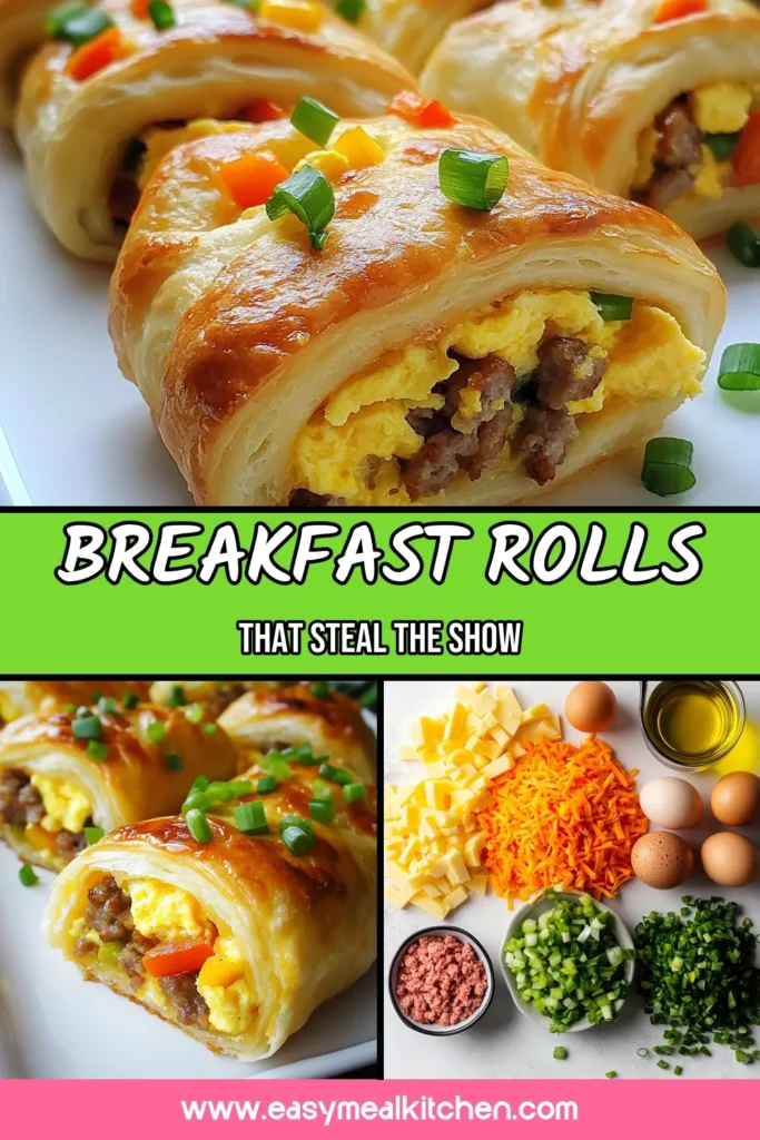 Start your day right with these Sausage and Egg Breakfast Rolls! This Easy Breakfast Roll Recipe features crescent dough filled with cheesy sausage, fluffy eggs, and colorful bell peppers. Perfect for busy mornings, these Cheesy Sausage Egg Rolls are a delicious and quick breakfast idea your family will love. Ready in just 30 minutes, they’re easy to make and even easier to enjoy. Save this recipe for your next brunch! #BreakfastRolls #EasyRecipes #SausageEggRolls #QuickBreakfastIdeas