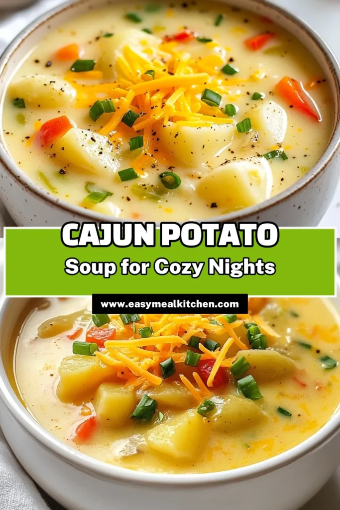 Warm up with this delicious Cajun Potato Soup, the perfect comfort food soup that combines creamy textures and bold flavors. This easy potato soup recipe features hearty russet potatoes, vibrant veggies, and zesty Cajun seasoning. It's a vegetarian Cajun soup that's ideal for cozy nights. Ready in just 40 minutes, it's a dish the whole family will love. Try it today and savor the taste of comfort! #CajunPotatoSoup #ComfortFood #EasyPotatoSoup #VegetarianRecipes