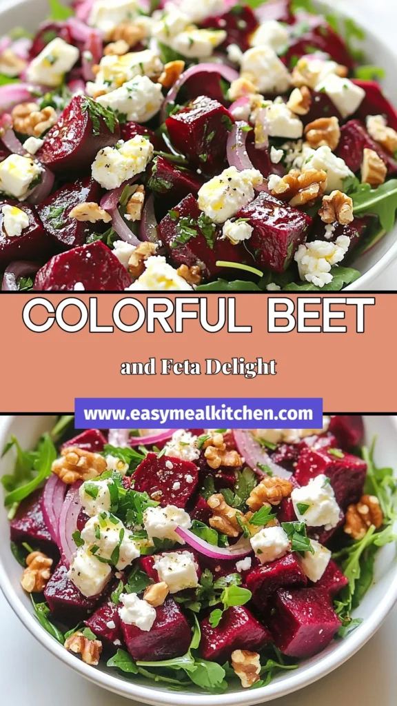 Discover the vibrant beet and feta salad recipe that will brighten up your meals! This healthy beet salad features roasted beets, crumbled feta, and fresh arugula, topped with walnuts for a delightful crunch. Perfect as a side dish or a light lunch, this roasted beet salad with feta is packed with flavor. Try it today and impress your guests! Save this easy arugula salad with feta for your next gathering! #HealthySalad #BeetSalad #FetaCheese #SaladRecipes
