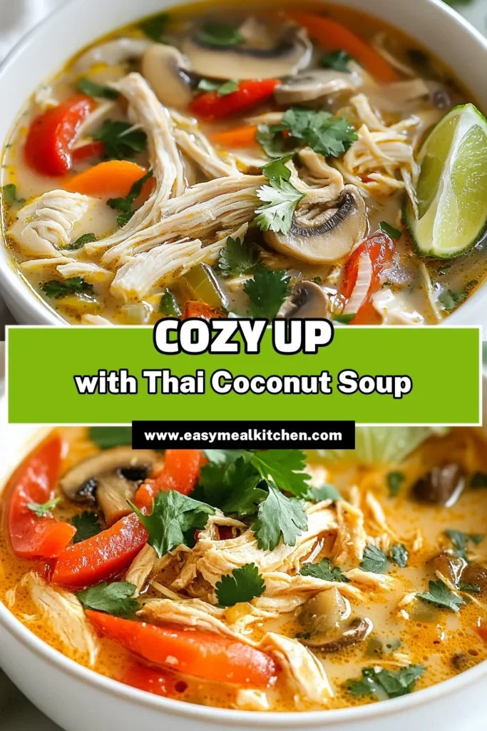 Looking for a deliciously easy Thai soup recipe? Try this Crockpot Thai Coconut Chicken Soup, featuring tender chicken thighs cooked in a creamy coconut milk broth. This healthy coconut curry soup combines vibrant veggies and aromatic spices for a flavor-packed meal. Perfect for busy nights, it’s simple to prepare and full of nutrients. Save this slow cooker coconut milk chicken recipe for your next dinner! #CrockpotThaiCoconutChickenSoup #ThaiChickenSoupRecipe #HealthyCoconutCurrySoup #EasyThaiSoupRecipe