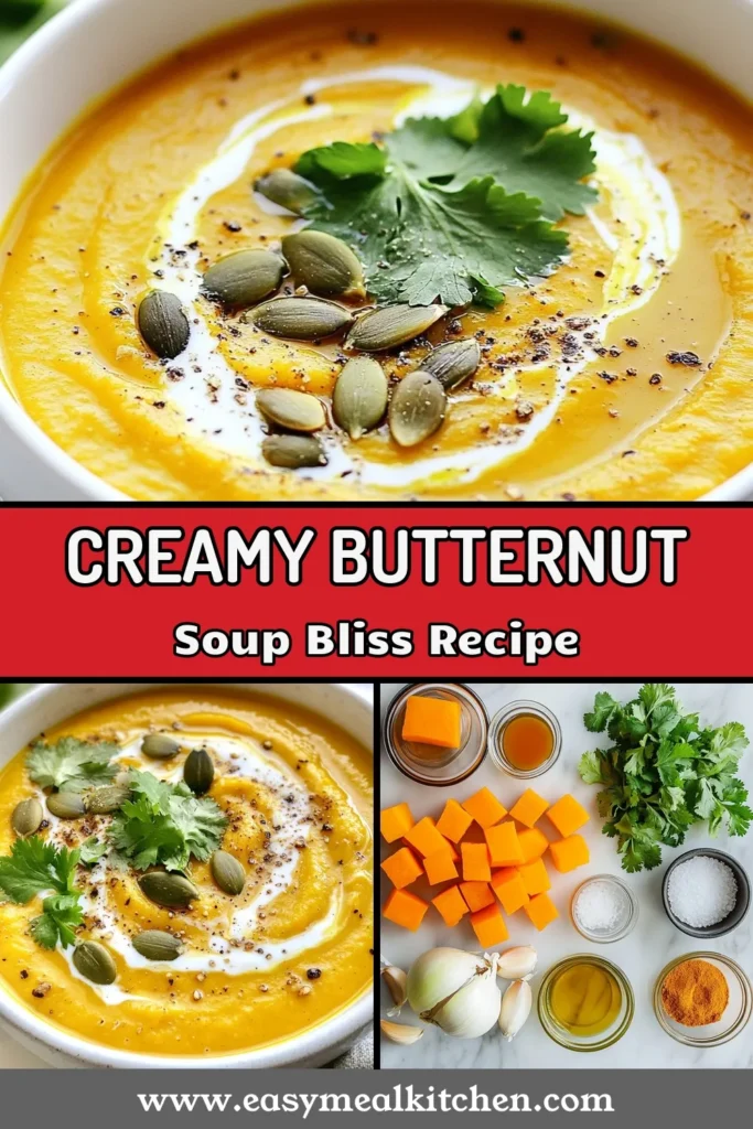 Delight in this Roasted Butternut Squash Soup, a creamy butternut soup recipe that’s perfect for autumn! This vegan butternut squash soup combines healthy ingredients for a delicious fall soup recipe that’s easy to make. With roasted squash, fragrant spices, and coconut milk for creaminess, this soup will warm your soul. Ready to savor this easy roasted squash soup? Save and try it today! #ButternutSquashSoup #VeganRecipes #HealthySoup #FallRecipes