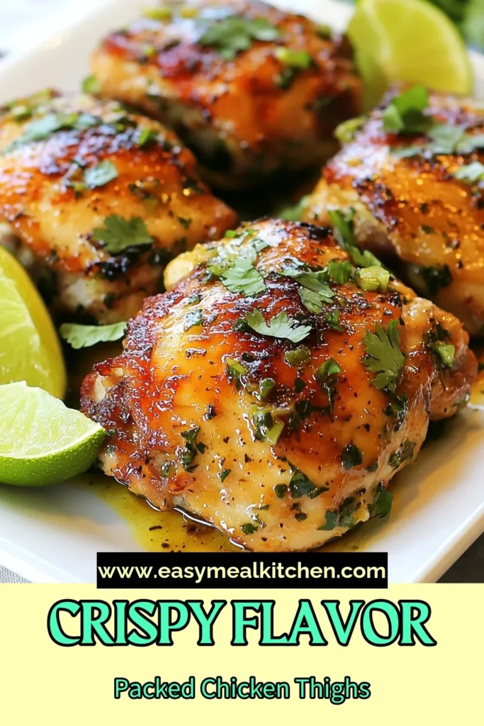 Looking for a delicious twist on dinner? Try this crispy cilantro lime chicken! This marinated chicken thighs recipe features juicy bone-in thighs, zesty lime, and aromatic spices for an irresistible smoky spiced chicken recipe. Oven roasted to perfection, these cilantro lime chicken thighs are perfect for a weeknight meal or a get-together. Save the recipe and enjoy a flavorful culinary experience! #CilantroLimeChicken #ChickenThighs #OvenRoastedChicken #ChickenRecipe