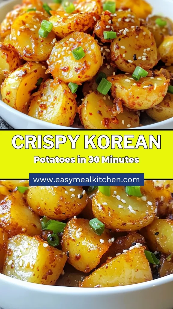 Discover the ultimate Korean potato recipe with these Crispy Korean Potatoes! Perfectly baked baby potatoes coated in gochugaru deliver an explosion of flavor in every bite. This easy potato snack is ideal for gatherings or as a tasty side dish. Ready in under an hour, these crunchy delights will impress your guests and keep you reaching for more. Don’t forget to save this recipe for your next cookout! #CrispyKoreanPotatoes #KoreanCuisine #PotatoSnacks #GochugaruPotatoes