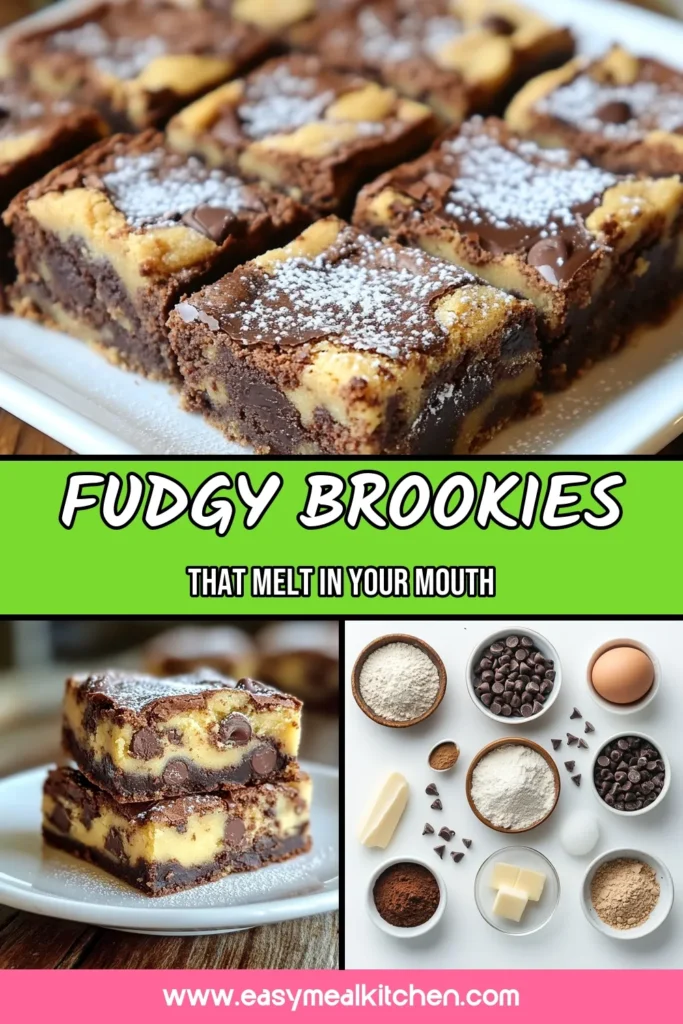 Indulge in this easy brookies dessert with our fudgy chewy brookies recipe! Combining chocolate cookie brownies and cookie dough, these homemade brookies are perfect for satisfying your sweet tooth. Simply follow our step-by-step instructions for a decadent treat that everyone will love. Save this recipe for your next baking adventure! #BrookiesRecipe #FudgyChewyBrookies #EasyDessert #ChocolateCookieBrownies