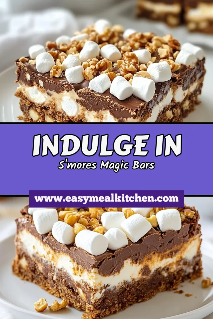 Indulge in a delightful twist with this S'mores Magic Bars recipe! These no-bake s'mores desserts bring the classic campfire treat to your kitchen with layers of graham cracker chocolate bars, gooey chocolate, and fluffy marshmallows. Perfect for easy s'mores bars lovers, this chocolate marshmallow dessert bars recipe is simple to prepare and sure to please. Save this recipe now and satisfy your sweet tooth today! #S'moresBars #DessertIdeas #NoBakeDessert #ChocolateLovers