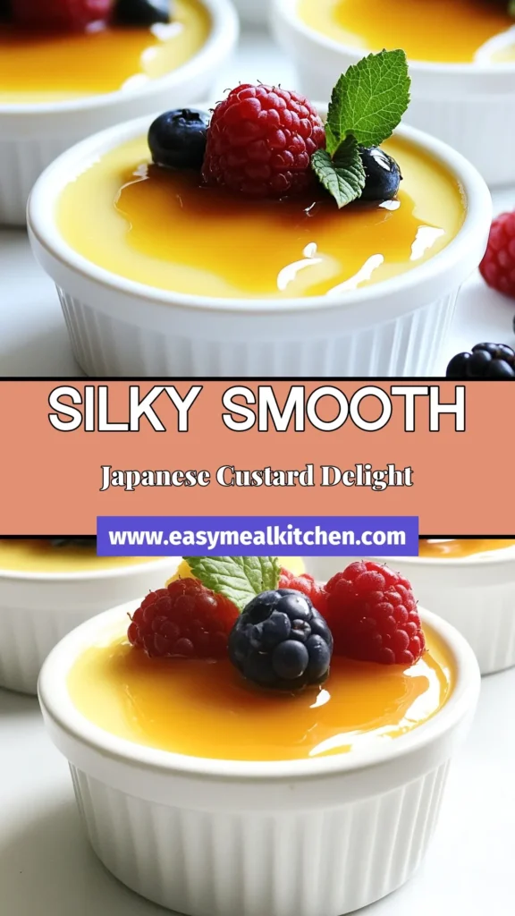 Indulge in this Silky Japanese Custard Purin! This easy Japanese custard recipe features a rich, egg custard pudding that melts in your mouth. Perfect for any occasion, this purin dessert showcases a delectable blend of simple ingredients like eggs, milk, and caramel. Impress your family and friends with this classic Japanese dessert that's great for sharing. Save this recipe for a delicious treat! #JapaneseCustardRecipe #SilkyCustard #PurinDessert #JapaneseDessert