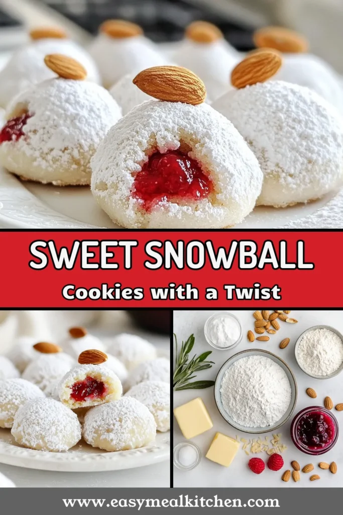 Indulge in the festive spirit with these delightful Raspberry Almond Snowball Cookies! This easy snowball cookie recipe combines buttery goodness, nutty almond extract, and luscious raspberry jam, making them perfect for holiday baking. With their charming snowy finish, these almond extract cookies will impress your guests and satisfy your sweet tooth. Don't miss out on this delicious treat—save this recipe and start baking today! #RaspberryAlmondCookies #SnowballCookies #HolidayBaking #CookieRecipes