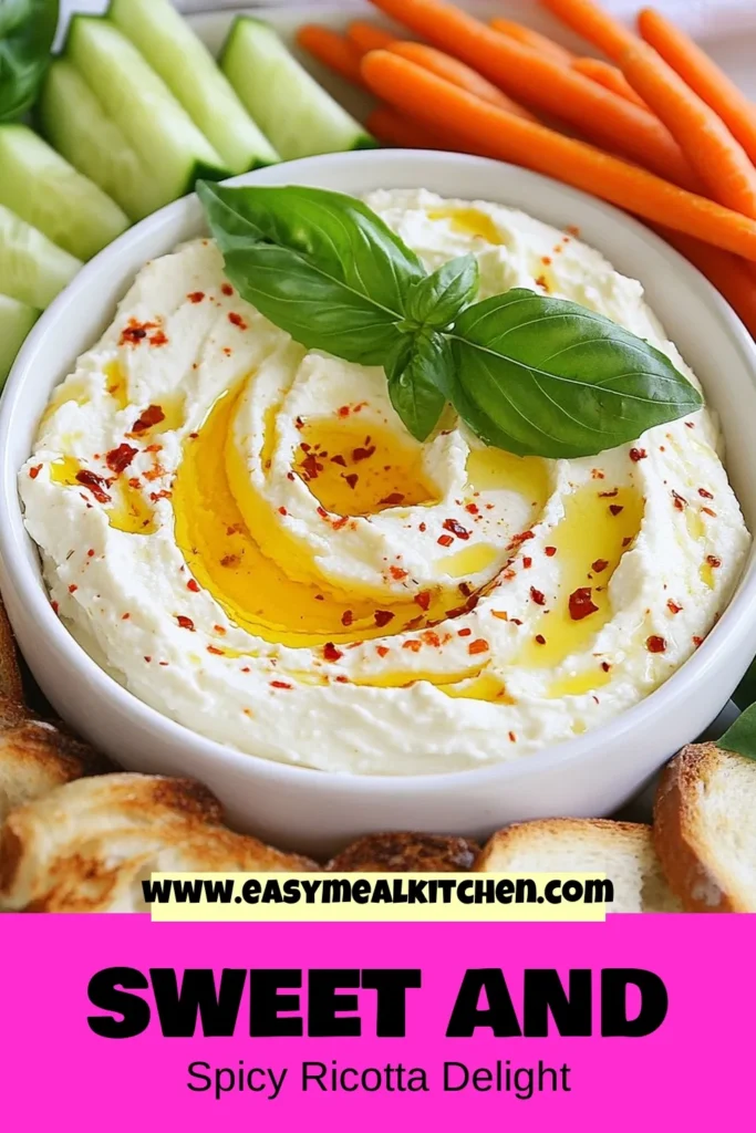 Looking for an easy appetizer recipe that wow your guests? Try this delicious Ricotta Dip with Hot Honey! This creamy ricotta dip recipe combines fresh ricotta cheese and creamy Greek yogurt for a delectable dish. Drizzle with hot honey for a sweet and spicy twist. Perfect as a fresh vegetable dip or paired with crispy bread. Impress everyone with this simple yet flavorful dip! Save it now! #RicottaDip #HotHoneyDip #EasyAppetizer #FreshVegetableDip