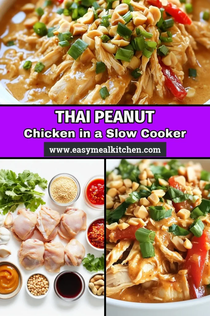 Experience the flavor explosion of this Slow Cooker Thai Peanut Chicken! This Easy Peanut Butter Chicken is perfect for busy weeknights and is gluten-free, thanks to tamari options. Say goodbye to complicated meals with this simple Thai Peanut Chicken Recipe that uses tender chicken thighs, creamy coconut milk, and a mouthwatering peanut sauce. Save this recipe for your next family dinner or meal prep! #SlowCookerThaiChicken #ThaiPeanutChickenRecipe #EasyPeanutButterChicken #SlowCookerAsianChickenRecipes