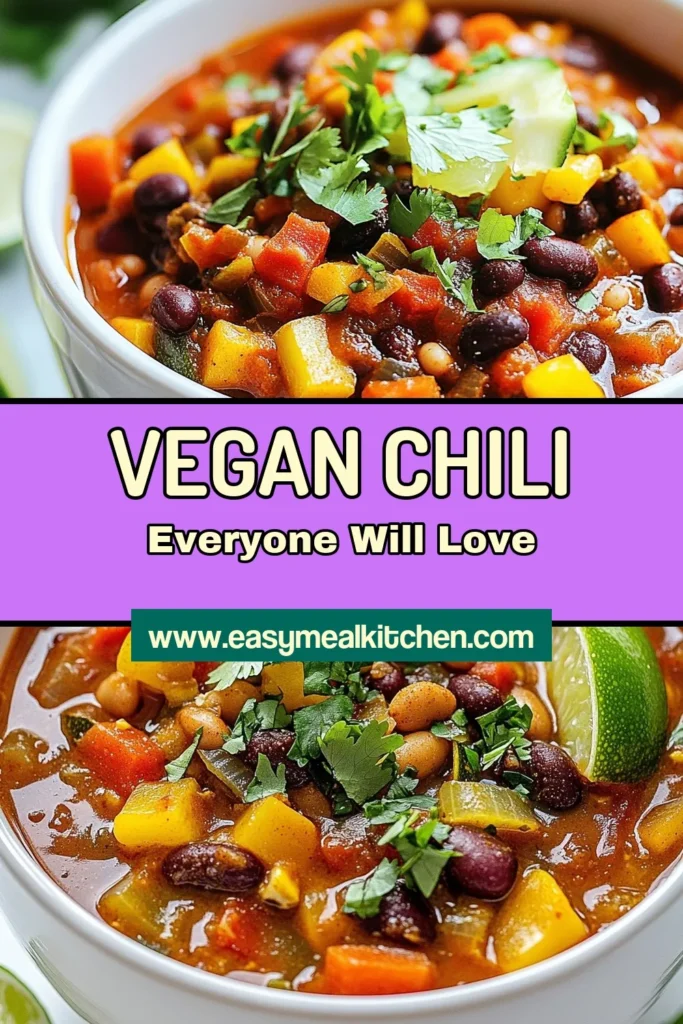 Discover the ultimate vegan chili recipe that combines robust flavors and healthy ingredients! This easy vegetarian chili is perfect for those seeking plant-based chili that packs a spicy punch and provides comforting warmth. Packed with nutrient-rich vegetables and hearty beans, this healthy vegan chili is a must-try for any meal. Ready in just 45 minutes! Save this spicy vegan comfort food recipe for your next cozy night in. #VeganChili #PlantBased #HealthyEating #ComfortFood