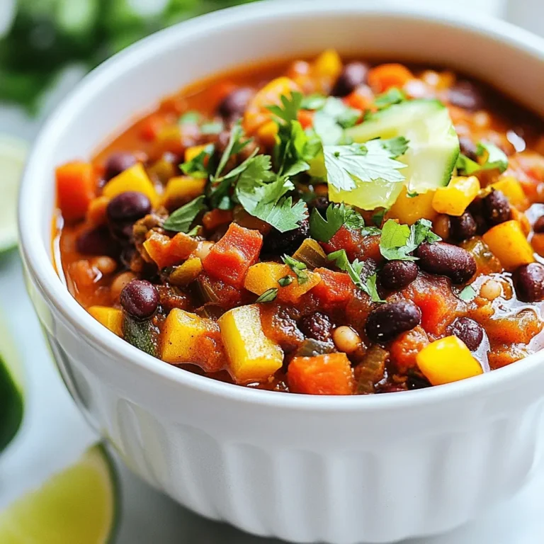 To make the best vegan chili, you need a mix of fresh veggies and hearty beans. Here are the key ingredients: - 1 tablespoon olive oil - 1 medium yellow onion, finely diced - 3 cloves of garlic, minced - 1 red bell pepper, diced - 1 yellow bell pepper, diced - 2 medium carrots, diced - 1 medium zucchini, diced - 1 can (15 oz) black beans, drained and rinsed - 1 can (15 oz) kidney beans, drained and rinsed - 1 can (15 oz) diced tomatoes with green chilies - 1 can (15 oz) corn, drained - 2 cups vegetable broth These ingredients create a colorful and tasty base. The beans add protein, while the veggies keep it fresh and bright. Spices truly make or break your chili. For great flavor, use: - 2 tablespoons chili powder - 1 tablespoon ground cumin - 1 teaspoon smoked paprika - 1 teaspoon ground coriander - Sea salt and freshly ground black pepper to taste These spices bring warmth and depth to your chili. You can adjust these amounts to match your taste. Garnishes add a nice touch and can elevate your dish. Consider these: - Fresh cilantro leaves, for garnish - Lime wedges, for serving The cilantro gives a fresh note. The lime adds a lovely zesty kick. Both make the chili even more fun to eat. {{ingredient_image_2}} Start with a large pot. Heat one tablespoon of olive oil over medium heat. When the oil shimmers, add one diced onion and three minced garlic cloves. Sauté for about three to four minutes. You want the onion soft and clear. Next, add one diced red bell pepper and one diced yellow bell pepper. Toss in two diced carrots too. Cook this mix for five minutes. Stir it often so it cooks evenly. Now it's time for the zucchini. Add one diced zucchini to the pot. Stir it in and cook for three more minutes. This will add a nice texture to the chili. With the base ready, it's time to combine everything else. Make sure all the veggies are soft and mixed well. Next, stir in the beans. Use one can of black beans and one can of kidney beans. Make sure they are drained and rinsed first. Then add one can of diced tomatoes with green chilies and one can of corn, drained as well. Now, for the spices! Add two tablespoons of chili powder, one tablespoon of ground cumin, one teaspoon of smoked paprika, and one teaspoon of ground coriander. Season it with sea salt and black pepper to taste. Mix everything well to spread the flavors. Finally, pour in two cups of vegetable broth. Stir it to combine. Bring the pot to a boil, then reduce the heat to low. Let it simmer uncovered for about 30 minutes. Stir it occasionally. This helps all the flavors blend together nicely. After 30 minutes, taste your chili. Adjust the spices if needed. Serve it hot, garnished with fresh cilantro and lime wedges. Enjoy your delicious vegan chili! You can make your vegan chili unique. Start by adding different beans. Try pinto or chickpeas for variety. You can also change up the veggies. Add in sweet potatoes or mushrooms for extra flavor. If you love a little sweetness, toss in some corn or diced bell peppers. For a heartier dish, mix in cooked quinoa or brown rice. Each change gives new taste and texture to your chili. The right cooking method can boost your chili's flavor. I suggest using a heavy pot. This helps heat everything evenly. Start by sautéing your onions and garlic in olive oil. This step builds a strong base. Cook them until soft and fragrant. Then, add your peppers and carrots, letting them soften. Allow the chili to simmer for about 30 minutes. This slow cooking brings out all the flavors. Stir it occasionally to prevent sticking. The longer it simmers, the richer the taste. Spice control is key for a great chili. If you like it mild, start with less chili powder. Gradually add more until it feels right. For a kick, add diced jalapeños or a dash of cayenne pepper. Always taste as you go. This way, you can adjust the heat to your liking. Remember, you can always add more spice but can’t take it out once it’s in! Pro Tips Fresh Ingredients: Using fresh vegetables will enhance the flavor and texture of your chili. Choose seasonal produce for the best results. Spice Level: Adjust the heat level by adding diced jalapeños or a pinch of cayenne pepper. Start with a small amount and increase to your preference. Make Ahead: This chili tastes even better the next day! Prepare it in advance and let the flavors meld overnight in the refrigerator. Serving Suggestions: Serve with avocado slices or vegan sour cream for a creamy contrast. Cornbread or rice also make great sides. {{image_4}} You can change the beans in your chili for fun. Black beans and kidney beans give a nice mix. Try pinto beans for a creamier texture. Chickpeas add a unique twist and a bit of nutty flavor. Each bean adds its own taste and feel. Experiment to find your favorite blend. Grains make your chili more filling. Quinoa is a great choice. It cooks fast and adds protein. Brown rice or farro also works well. These grains soak up flavors and add texture. Add them early in the cooking for the best results. You can easily adjust this chili for special diets. For gluten-free needs, use certified gluten-free grains. If you want a low-carb dish, skip the grains and add more veggies. For a spicier kick, add jalapeños or cayenne pepper. This chili can fit many diets, making it a versatile choice. To keep your vegan chili fresh, let it cool down. Place it in an airtight container. Store it in the fridge. It will stay good for 3 to 5 days. Label the container with the date. This helps you track how long it has been stored. If you want to save your chili for later, freezing is a great option. Use freezer-safe bags or containers. Make sure to leave some space for expansion. You can freeze it for up to 3 months. When you're ready to eat it, just thaw it in the fridge overnight. To reheat your chili, use a pot on the stove. Heat it over medium heat. Stir it often to help it warm evenly. Add a splash of vegetable broth if it seems too thick. You can also microwave it in a bowl. Cover it loosely to avoid splatters. Heat for about 2 to 3 minutes, stopping to stir halfway through. You can use many oils instead of olive oil. Some good choices include avocado oil, coconut oil, or canola oil. Each of these adds a slightly different taste. You can also use vegetable broth for a fat-free option. This keeps the chili light and flavorful. Vegan chili lasts about 4 to 5 days in the fridge. Store it in an airtight container for best results. Make sure it cools down before putting it in the fridge. This helps it stay fresh longer. Yes, you can make this chili in a slow cooker! Just sauté the onions and garlic first. Then add all the other ingredients to the slow cooker. Set it on low for 6 to 8 hours or on high for 3 to 4 hours. This method works great and makes the flavors even richer. This blog post showed you how to make the best vegan chili. We covered essential ingredients, herbs, and spices to boost flavor and optional garnishes for your dish. You learned step-by-step instructions on preparing the chili base, adding vegetables, and combining beans. You now have tips for customizing your chili and the best cooking methods. Explore different bean options and even grains to add heartiness. Lastly, we provided storage tips and answered common questions. With this knowledge, your vegan chili will shine on any table. Enjoy your cooking!