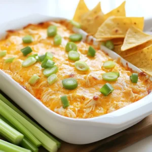 For the best Buffalo chicken dip, you need: - 2 cups shredded cooked chicken - 1 cup cream cheese, softened - 1/2 cup ranch dressing - 1/2 cup buffalo sauce (adjust for spice) - 1 cup shredded sharp cheddar cheese - 2 green onions, finely sliced These main ingredients create a rich and creamy dip. The chicken adds protein, while the cream cheese and ranch dressing provide a smooth base. Buffalo sauce gives it that spicy kick. Sharp cheddar cheese melts beautifully, adding flavor and texture. You can enhance the dip with: - 1/2 cup crumbled blue cheese (recommended) Adding blue cheese gives a nice tang. It balances the heat from the buffalo sauce. If you like bold flavors, this option is perfect. For dipping, I recommend: - Tortilla chips - Celery sticks Tortilla chips add crunch and are fun to eat. They soak up the dip well. Celery sticks offer a fresh and crisp contrast. They add a healthy touch to this rich treat. {{ingredient_image_2}} Start by preheating your oven to 350&deg;F (175&deg;C). This step is key for even cooking. In a large bowl, mix the softened cream cheese, ranch dressing, and buffalo sauce. Use a hand mixer or whisk for a smooth blend. Next, gently fold in the shredded chicken and half of the cheddar cheese. If you like, add the blue cheese. Mix well to coat all the chicken. Spoon the creamy mixture into a 9-inch baking dish. Spread it evenly across the bottom. Smooth the top with a spatula. Then, sprinkle the remaining cheddar cheese on top. Add the sliced green onions for color and freshness. Place the dish in your preheated oven. Bake for 20-25 minutes until hot and bubbly. After baking, remove the dish from the oven. Let it cool for a few minutes. This prevents burns when you serve. Serve the dip warm with tortilla chips or celery sticks. For a nice touch, add more chopped green onions on top. This makes your dip look vibrant and inviting. Enjoy your flavorful party treat! To make the best Buffalo chicken dip, start with warm cream cheese. This helps it mix well. Use a hand mixer for a smooth blend. Make sure to fold in the chicken gently. This keeps the chicken intact and juicy. When you bake the dip, let it bubble slightly. This shows it&rsquo;s ready. The cheese should be golden but not burnt. You can prepare this dip a day in advance. Mix all the ingredients as per the recipe. Place it in a baking dish and cover it. Store it in the fridge until you&rsquo;re ready to bake. When you are ready, preheat the oven and bake. It will still taste fresh and delicious. Feel free to tweak the recipe to match your taste. If you love spice, add more buffalo sauce. For a milder flavor, cut back on it. You can swap ranch dressing for blue cheese dressing for a bolder taste. If you want a healthier dip, use Greek yogurt instead of cream cheese. The options are endless, so have fun with it! Pro Tips Adjust the Spice Level: Feel free to modify the amount of buffalo sauce to suit your heat preference, ensuring everyone can enjoy the dip. Use Rotisserie Chicken: For a quick and easy option, substitute shredded cooked chicken with store-bought rotisserie chicken, saving you time and enhancing flavor. Serve with Variety: Alongside tortilla chips, offer an assortment of dippers such as carrot sticks, cucumber slices, and bell pepper strips for a colorful platter. Make Ahead: Prepare the dip in advance and store it in the refrigerator. When ready to serve, simply bake it straight from the fridge, adding a few extra minutes to the cooking time. {{image_4}} You can make Buffalo chicken dip healthier with simple swaps. Use Greek yogurt instead of ranch dressing for a lighter taste. This change adds protein and cuts calories. You can also use low-fat cream cheese. It keeps the dip creamy but reduces fat. For a veggie twist, try shredded zucchini. It adds fiber without changing the flavor much. Cheese is key to a great dip. While I love sharp cheddar, you can mix it up. Try Monterey Jack for a milder taste. Pepper Jack adds a fun kick too. If you want a richer flavor, use Gouda. For a unique twist, blend in some smoked cheese. This gives the dip a delicious depth. Want to turn up the heat? Add diced jalape&ntilde;os or banana peppers. Both add flavor and spice. You can also mix in extra buffalo sauce if you love heat. For a savory touch, consider adding garlic powder or smoked paprika. These spices can elevate the taste profile and keep things interesting. To store leftover Buffalo chicken dip, let it cool first. Transfer it to an airtight container. You can keep it in the fridge for up to three days. Make sure to seal it well to keep the flavors fresh. If you have a lot, you can divide it into smaller portions. This makes it easier to reheat later. When you are ready to eat the dip again, you can reheat it in two ways. You can use the microwave or the oven. If using the microwave, place it in a bowl and heat it for 1-2 minutes. Stir halfway through to ensure even heating. If using the oven, preheat it to 350&deg;F (175&deg;C). Place the dip in an oven-safe dish and cover it with foil. Bake for 15-20 minutes until hot and bubbly. You can also freeze Buffalo chicken dip if you have leftovers. To do this, place the dip in a freezer-safe container. It can last for up to three months in the freezer. When you want to eat it, take it out and thaw it in the fridge overnight. After thawing, reheat it using the tips above. This way, you can enjoy your tasty dip anytime! Buffalo Chicken Dip is a creamy and spicy dish. It has these key ingredients: - 2 cups shredded cooked chicken - 1 cup cream cheese - 1/2 cup ranch dressing - 1/2 cup buffalo sauce - 1 cup shredded sharp cheddar cheese - 1/2 cup crumbled blue cheese (optional) - 2 green onions, sliced for garnish This mix creates a rich flavor that is perfect for parties. Yes, you can use a slow cooker! Just mix all the ingredients in the slow cooker. Set it to low for 2-3 hours. Stir occasionally until everything is hot and bubbly. This method keeps the dip warm for a long time, making it great for parties. Buffalo Chicken Dip can last in the fridge for about 3-4 days. Make sure to store it in an airtight container. If you notice any changes in color or smell, it&rsquo;s best to toss it out. If you want to switch things up, you can use blue cheese dressing. You might also try plain Greek yogurt for a healthier option. Both will still give you a creamy texture and good taste. Absolutely! Rotisserie chicken is a great time-saver. Just shred it and mix it in. It adds a nice flavor and makes your dip even easier to prepare. In this article, we explored how to make Buffalo Chicken Dip. You learned about the main and optional ingredients that add flavor. We covered step-by-step instructions to prepare and bake the dip, plus cool-down tips. I shared tricks for perfecting your dip and customization options for different tastes. Buffalo Chicken Dip is versatile and easy to make, making it great for any gathering. Remember, you can store, reheat, and even freeze leftovers, so nothing goes to waste. Enjoy this tasty dish with your favorite dippers!