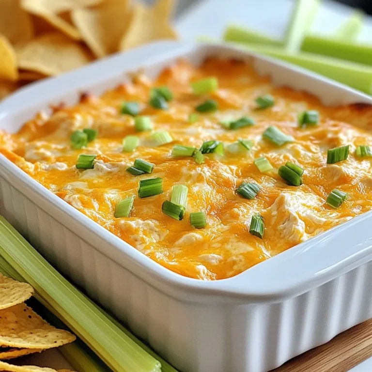 - 2 cups shredded cooked chicken - 1 package (8 oz) cream cheese, softened - 1/2 cup ranch dressing - 1/2 cup buffalo sauce - 1 cup shredded cheddar cheese - 1/2 cup crumbled blue cheese (optional) - 1/4 cup fresh green onions, chopped - Serving Suggestions: tortilla chips or celery sticks To make the Ultimate Buffalo Chicken Dip, gather these ingredients. You need shredded cooked chicken. Using rotisserie chicken saves time. Cream cheese gives the dip its creamy texture. Ranch dressing adds a cool flavor. Buffalo sauce brings the heat. Adjust it for your spice level. Cheddar cheese adds richness. Blue cheese gives a sharp taste, but it’s optional. Fresh green onions brighten the dip. Serve it with crunchy tortilla chips or fresh celery sticks. These make great dippers that balance the dip's richness. This recipe is simple, yet it packs a punch of flavor! {{ingredient_image_2}} - Preheat oven to 350°F (175°C). - Prepare your baking dish by lightly greasing it. This helps with easy serving. - In a bowl, combine the softened cream cheese and ranch dressing. - Use a hand mixer or whisk to blend until smooth. - Carefully add the shredded chicken and buffalo sauce. Stir gently until coated. - Fold in the shredded cheddar cheese. If you like, add crumbled blue cheese for extra flavor. - Transfer the mixture to your prepared baking dish. Spread it evenly. - Bake for 20-25 minutes until the dip is bubbly and golden. - Let the dip rest for a few minutes before serving. This helps avoid burns. Presentation tip: Sprinkle chopped green onions on top before serving for a fresh look. You can adjust the buffalo sauce to fit your taste. If you love spice, add more! If you prefer mild, use less. Another great trick is to use smoked chicken. It adds a nice depth to the dip. Serve your buffalo chicken dip in a cast-iron skillet. It keeps the dip warm and looks great. You can also garnish with extra green onions. They add a fresh pop of color and flavor. For mixing, use a hand mixer or a whisk. These tools help blend the cream cheese and ranch dressing smoothly. Choose a sturdy baking dish for even cooking. A glass or ceramic dish works well. Pro Tips Adjust the Heat: Modify the amount of buffalo sauce based on your heat preference. Start with less and add more if you like it spicier! Mix and Match Cheeses: Feel free to experiment with different types of cheese such as pepper jack for an extra kick or mozzarella for a milder flavor. Make Ahead: Prepare the dip a day in advance, cover it, and store it in the fridge. When ready to serve, just bake until bubbly. Garnish for Flair: Besides green onions, consider topping your dip with diced tomatoes or even jalapeño slices for added color and flavor. {{image_4}} You can change the heat level of your dip. Adding jalapeños makes it spicier. Chop them finely, then mix them in with the chicken. You can also try different hot sauce brands. Each brand adds its own flavor. Some are tangy, while others are fiery. Find one that you love! Cheese is key to the dip's flavor. You can swap mozzarella for cheddar if you prefer. Mozzarella gives a milder taste but still melts well. If you want more spice, try pepper jack cheese. It adds a nice kick while keeping the creamy texture. If you need to change the recipe for diet reasons, you can make it gluten-free. Check the ranch dressing and buffalo sauce labels for gluten. You can also make a vegetarian version. Use plant-based chicken instead of regular chicken. This keeps the great taste while fitting your diet. Store leftovers in an airtight container. This keeps the dip fresh. You can place it in the fridge for up to three days. To maintain its taste, cover it tightly. If you notice a change in smell or color, it’s best to toss it. Yes, you can freeze Buffalo Chicken Dip! It’s easy to do. First, let the dip cool completely. Then, transfer it to a freezer-safe container. Be sure to leave some space at the top for expansion. The dip will last in the freezer for up to two months. When ready to enjoy, move it to the fridge overnight to thaw. Reheat the dip in the oven for the best flavor. Set your oven to 350°F (175°C) and place the dip in a baking dish. Heat it for about 15-20 minutes until it’s warm and bubbly. You can also use the microwave. Heat it in short bursts, about 30 seconds at a time, stirring in between. Make sure it reaches at least 165°F (74°C) for safe eating. Buffalo chicken dip lasts about 3 to 5 days in the fridge. To store it, place the dip in an airtight container. This keeps it fresh and prevents odors from mixing. Always let it cool to room temperature before sealing. If you see any changes in color or smell, it's best to toss it. Yes, you can make this dip ahead of time. Prepare the dip up to the baking step. Store it in the fridge for up to 24 hours. When you're ready to bake, just take it out and pop it in the oven. This saves time on game day or any gathering. This recipe works well for meal prep. Portion the dip into small containers. You can pair it with tortilla chips or celery sticks. This way, you have a quick snack ready to go. Just remember to store it in the fridge and finish it within a week for the best taste. Buffalo Chicken Dip is a tasty, fun dish made with simple ingredients. We mixed cooked chicken, cream cheese, ranch dressing, and buffalo sauce, creating a creamy delight. Baking it until bubbly makes it irresistible. Remember, you can add jalapeños for spice or use different cheeses to suit your taste. Store leftovers properly to keep them fresh. Overall, this dip is great for parties, game nights, or snack time. Enjoy every bite!