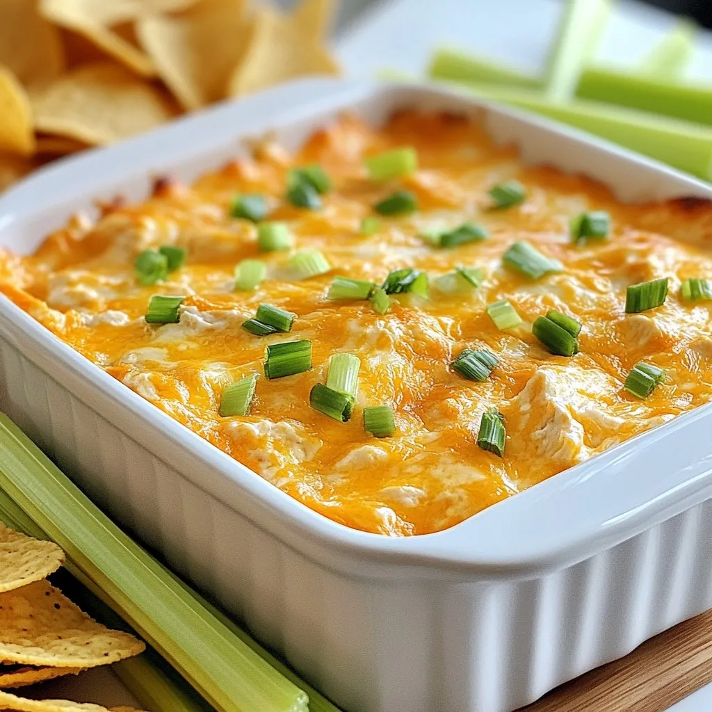 - 2 cups shredded cooked chicken - 1 package (8 oz) cream cheese, softened - 1/2 cup ranch dressing - 1/2 cup buffalo sauce - 1 cup shredded cheddar cheese - 1/2 cup crumbled blue cheese (optional) - 1/4 cup fresh green onions, chopped - Serving Suggestions: tortilla chips or celery sticks To make the Ultimate Buffalo Chicken Dip, gather these ingredients. You need shredded cooked chicken. Using rotisserie chicken saves time. Cream cheese gives the dip its creamy texture. Ranch dressing adds a cool flavor. Buffalo sauce brings the heat. Adjust it for your spice level. Cheddar cheese adds richness. Blue cheese gives a sharp taste, but it’s optional. Fresh green onions brighten the dip. Serve it with crunchy tortilla chips or fresh celery sticks. These make great dippers that balance the dip's richness. This recipe is simple, yet it packs a punch of flavor! {{ingredient_image_2}} - Preheat oven to 350°F (175°C). - Prepare your baking dish by lightly greasing it. This helps with easy serving. - In a bowl, combine the softened cream cheese and ranch dressing. - Use a hand mixer or whisk to blend until smooth. - Carefully add the shredded chicken and buffalo sauce. Stir gently until coated. - Fold in the shredded cheddar cheese. If you like, add crumbled blue cheese for extra flavor. - Transfer the mixture to your prepared baking dish. Spread it evenly. - Bake for 20-25 minutes until the dip is bubbly and golden. - Let the dip rest for a few minutes before serving. This helps avoid burns. Presentation tip: Sprinkle chopped green onions on top before serving for a fresh look. You can adjust the buffalo sauce to fit your taste. If you love spice, add more! If you prefer mild, use less. Another great trick is to use smoked chicken. It adds a nice depth to the dip. Serve your buffalo chicken dip in a cast-iron skillet. It keeps the dip warm and looks great. You can also garnish with extra green onions. They add a fresh pop of color and flavor. For mixing, use a hand mixer or a whisk. These tools help blend the cream cheese and ranch dressing smoothly. Choose a sturdy baking dish for even cooking. A glass or ceramic dish works well. Pro Tips Adjust the Heat: Modify the amount of buffalo sauce based on your heat preference. Start with less and add more if you like it spicier! Mix and Match Cheeses: Feel free to experiment with different types of cheese such as pepper jack for an extra kick or mozzarella for a milder flavor. Make Ahead: Prepare the dip a day in advance, cover it, and store it in the fridge. When ready to serve, just bake until bubbly. Garnish for Flair: Besides green onions, consider topping your dip with diced tomatoes or even jalapeño slices for added color and flavor. {{image_4}} You can change the heat level of your dip. Adding jalapeños makes it spicier. Chop them finely, then mix them in with the chicken. You can also try different hot sauce brands. Each brand adds its own flavor. Some are tangy, while others are fiery. Find one that you love! Cheese is key to the dip's flavor. You can swap mozzarella for cheddar if you prefer. Mozzarella gives a milder taste but still melts well. If you want more spice, try pepper jack cheese. It adds a nice kick while keeping the creamy texture. If you need to change the recipe for diet reasons, you can make it gluten-free. Check the ranch dressing and buffalo sauce labels for gluten. You can also make a vegetarian version. Use plant-based chicken instead of regular chicken. This keeps the great taste while fitting your diet. Store leftovers in an airtight container. This keeps the dip fresh. You can place it in the fridge for up to three days. To maintain its taste, cover it tightly. If you notice a change in smell or color, it’s best to toss it. Yes, you can freeze Buffalo Chicken Dip! It’s easy to do. First, let the dip cool completely. Then, transfer it to a freezer-safe container. Be sure to leave some space at the top for expansion. The dip will last in the freezer for up to two months. When ready to enjoy, move it to the fridge overnight to thaw. Reheat the dip in the oven for the best flavor. Set your oven to 350°F (175°C) and place the dip in a baking dish. Heat it for about 15-20 minutes until it’s warm and bubbly. You can also use the microwave. Heat it in short bursts, about 30 seconds at a time, stirring in between. Make sure it reaches at least 165°F (74°C) for safe eating. Buffalo chicken dip lasts about 3 to 5 days in the fridge. To store it, place the dip in an airtight container. This keeps it fresh and prevents odors from mixing. Always let it cool to room temperature before sealing. If you see any changes in color or smell, it's best to toss it. Yes, you can make this dip ahead of time. Prepare the dip up to the baking step. Store it in the fridge for up to 24 hours. When you're ready to bake, just take it out and pop it in the oven. This saves time on game day or any gathering. This recipe works well for meal prep. Portion the dip into small containers. You can pair it with tortilla chips or celery sticks. This way, you have a quick snack ready to go. Just remember to store it in the fridge and finish it within a week for the best taste. Buffalo Chicken Dip is a tasty, fun dish made with simple ingredients. We mixed cooked chicken, cream cheese, ranch dressing, and buffalo sauce, creating a creamy delight. Baking it until bubbly makes it irresistible. Remember, you can add jalapeños for spice or use different cheeses to suit your taste. Store leftovers properly to keep them fresh. Overall, this dip is great for parties, game nights, or snack time. Enjoy every bite!