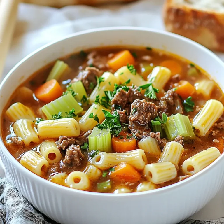 - 1 lb ground beef - 1 medium onion, diced - 2 cloves garlic, minced - 2 medium carrots, diced - 1 large celery stalk, diced - 1 (14.5 oz) can diced tomatoes - 4 cups beef broth - 1 cup elbow macaroni - 1 teaspoon dried oregano - 1 teaspoon dried basil - Salt and freshly ground black pepper - 2 tablespoons olive oil - Fresh parsley, chopped When I make Beef & Macaroni Soup, I start with fresh, quality ingredients. Ground beef is the star. It gives the soup a rich flavor. I like using lean beef to keep it light. Next, I add a medium onion and two cloves of garlic. These two create a great base. They bring sweetness and depth to the soup. I also chop two medium carrots and one large celery stalk. Both add crunch and color. They help make the soup heartier. For a punch of flavor, I use a can of diced tomatoes. They add acidity and balance the beef. Next, we need beef broth. I prefer low-sodium broth. This way, I control the salt levels. I add elbow macaroni for texture. It soaks up the beefy flavor and makes the soup filling. I finish off with dried oregano and basil. They give the soup a warm, herbal note. Finally, I season with salt and pepper. This step is key for a balanced taste. Don't forget the fresh parsley! It adds a pop of color and freshness. {{ingredient_image_2}} - Sautéing onions and garlic Start by heating 2 tablespoons of olive oil in a large pot over medium heat. Add 1 diced onion and 2 minced garlic cloves. Cook them for about 3-5 minutes. You want the onion to turn soft and clear. - Cooking the ground beef Next, add 1 lb of ground beef to the pot. Use a spoon to break it apart as it cooks. Stir it for 6-7 minutes until it’s fully browned. If you see extra fat, carefully drain it out. - Adding vegetables and tomatoes Now, toss in 2 diced carrots and 1 diced celery stalk. Stir the mix often for about 5 minutes. This helps the veggies soften and share their flavors. Then, pour in 1 can of diced tomatoes with their juice. - Incorporating beef broth and seasonings Pour in 4 cups of beef broth. Sprinkle in 1 teaspoon of dried oregano and 1 teaspoon of dried basil. Add a pinch of salt and black pepper to taste. Bring this mixture to a boil. - Bringing to a boil and simmering Once it boils, turn the heat down to a gentle simmer. Stir in 1 cup of elbow macaroni. Let the soup simmer uncovered for 10-12 minutes. - Ensuring macaroni is al dente Check the macaroni for doneness. It should be tender but still firm to the bite. This means it is al dente and ready to enjoy! - Seasoning adjustments: Taste your soup before serving. If it needs more flavor, add salt or pepper. A pinch of garlic powder can also boost the taste. - Using homemade beef broth: If you have time, make your own beef broth. It adds depth and richness. Simmer beef bones with water, onions, and herbs for hours. - Importance of browning meat: Always brown the ground beef well. This step adds a lot of flavor. The caramelized bits stick to the pot. They give your soup a rich taste. - Best practices for sautéing vegetables: Sauté your onions and garlic until they are soft. This process brings out their natural sweetness. Cook them on medium heat for even results. - Serving suggestions and complementing sides: Serve the soup in deep bowls. Add a sprinkle of fresh parsley on top for color. Pair it with crusty bread or garlic bread for a complete meal. This adds texture and flavor. Pro Tips Use Lean Ground Beef: Opt for lean ground beef (90% lean or higher) to reduce excess fat and make the soup lighter while still retaining flavor. Add More Vegetables: Incorporate additional vegetables like zucchini or bell peppers for extra nutrition and to enhance the soup's flavor profile. Perfect Cooking of Macaroni: To ensure the macaroni doesn't become mushy, cook it to al dente and consider adding it separately if you plan to store leftovers. Flavor Boost with Herbs: Fresh herbs like thyme or rosemary can elevate the flavor; add them during the last few minutes of cooking for a fresh taste. {{image_4}} You can easily swap out the ground beef for ground turkey or chicken. This change keeps the dish light while still being tasty. If you want a vegetarian option, use plant-based proteins like lentils or chickpeas. These swaps maintain the soup's heartiness and add new flavors. To spice things up, add a few dashes of hot sauce. This gives the soup a nice kick. You can also play with herbs and spices. Try adding thyme or rosemary to change the flavor profile. A sprinkle of smoked paprika can add depth, too! During summer, consider adding seasonal vegetables like zucchini or peas. These fresh veggies add color and nutrition. In colder months, make it creamy by stirring in a splash of heavy cream or milk. This twist makes the soup feel even cozier and more indulgent. Beef & macaroni soup lasts about 3 to 4 days in the fridge. Make sure to store it in an airtight container. Let the soup cool down first. This helps keep it fresh longer. When you want to eat it again, simply reheat it on the stove or in the microwave. You can freeze this soup for up to 3 months. First, let the soup cool completely. Pour it into freezer-safe containers, leaving some space at the top. This allows for expansion as it freezes. To reheat, thaw the soup overnight in the fridge. Heat it on the stove over medium heat until it's hot. Leftover beef & macaroni soup can be fun to reuse. Here are a few ideas: - Make a pasta bake: Mix the soup with cooked pasta and cheese. Bake until golden. - Use it as a sauce: Pour it over rice or mashed potatoes for a quick meal. - Soup-stuffed peppers: Fill bell peppers with the soup and bake until the peppers are tender. These options help keep meals interesting and reduce waste. Making Beef & Macaroni Soup takes about 30 minutes. This includes prep and cooking time. You can have a warm bowl ready fast. Yes, you can make this soup in advance. It stores well in the fridge for up to three days. Just reheat it on the stove before serving. Great sides include crusty bread or garlic bread. A simple salad also pairs well. These sides add texture and flavor to your meal. Absolutely! To make this in a slow cooker, brown the beef first. Then add all ingredients to the slow cooker. Let it cook on low for 6-8 hours. Yes, feel free to add other veggies. Peas, corn, or bell peppers work great. They add color and extra nutrition to your soup. This blog post covers everything you need for making Beef & Macaroni Soup. We explored the main ingredients and pantry staples that create a rich flavor. You learned step-by-step instructions for cooking. We shared tips for enhancing taste and cooking techniques to improve your dish. You can even try variations with different meats, spices, and vegetables. Making this soup is simple and rewarding. I hope you enjoy creating your own family meals!