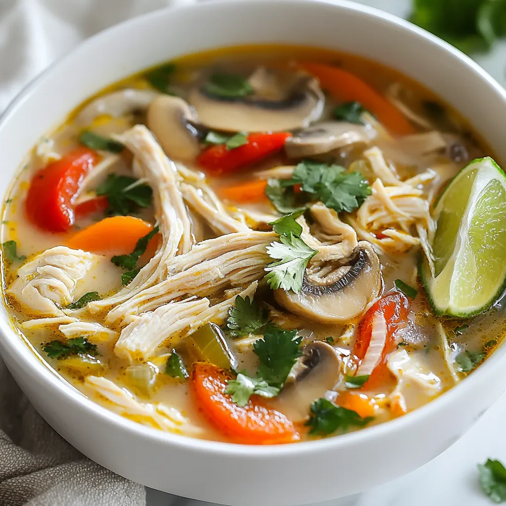 - 1 lb boneless, skinless chicken thighs - 1 can coconut milk (14 oz) - 4 cups chicken broth - 1 red bell pepper, sliced into strips - 1 cup carrots, peeled and sliced - 1 cup mushrooms, sliced - 1 onion, chopped finely - 3 cloves garlic, minced - 1 tablespoon fresh ginger, grated In this soup, we use boneless, skinless chicken thighs. They cook well and stay tender. The coconut milk adds a creamy base, while chicken broth boosts flavor. Fresh vegetables make the soup colorful and nutritious. I love using red bell pepper, carrots, and mushrooms. They add great texture and taste. - 2 tablespoons red curry paste - 1 tablespoon soy sauce - 1 tablespoon fish sauce - 1 tablespoon lime juice (freshly squeezed) - 1 teaspoon sugar (optional, for sweetness) Seasonings bring this dish to life. Red curry paste adds warmth and spice. I use soy sauce for umami and fish sauce for depth. Fresh lime juice gives a tangy kick. If you like a touch of sweetness, add sugar. Adjust to fit your taste. {{ingredient_image_2}} Seasoning the Chicken Start by placing the boneless, skinless chicken thighs at the bottom of the crockpot. I sprinkle salt and pepper on the chicken. This simple step boosts the flavor. Layering the Vegetables Next, I layer the sliced red bell pepper, carrots, mushrooms, and chopped onion over the chicken. This colorful mix adds texture and taste. I love seeing the vibrant layers in the pot! Combining the Liquid Ingredients In a bowl, I combine the coconut milk and chicken broth. Then I add minced garlic, grated ginger, red curry paste, soy sauce, lime juice, fish sauce, and optional sugar. I whisk everything until smooth. This creamy broth is the heart of the soup. Incorporating Seasonings Now, I carefully pour the creamy mixture over the chicken and veggies. Using a spoon, I stir gently to coat everything. This ensures each bite is full of flavor. Cooking Time and Temperature Options I cover the crockpot and set it to cook. You can choose low for 6-8 hours or high for 3-4 hours. The chicken should be tender and easy to shred. Shredding the Chicken Once cooked, I take the chicken out and shred it using two forks. This makes it easy to mix back into the soup. I return the shredded chicken to the crockpot and stir everything together. The soup is now ready to enjoy! - Adjusting Seasoning to Taste: After cooking, taste your soup. You may want more salt, pepper, or lime juice. Each ingredient adds depth. Adjust as needed until it feels just right. - Enhancing Creaminess: For extra creaminess, add more coconut milk. You can also blend a small portion of the soup and stir it back in. This will give a nice, thick texture without losing the great flavors. - Recommended Slow Cooker Settings: I suggest using the low setting for 6-8 hours. This allows the flavors to meld perfectly. If you’re short on time, the high setting for 3-4 hours works too. - How to Prevent Overcooking: To avoid overcooking, check the chicken at the 3-hour mark on high or the 5-hour mark on low. Chicken should shred easily but not dry out. If you notice it’s getting too tender, turn off the heat. Pro Tips Use Fresh Ingredients: Fresh vegetables and herbs can elevate the flavor profile of your soup significantly, making it more vibrant and aromatic. Adjust Spice Level: If you prefer a milder soup, reduce the amount of red curry paste or opt for a mild variety. You can always add more heat later if desired. Make It Ahead: This soup tastes even better the next day as the flavors meld together. Store leftovers in the fridge for up to 3 days. Garnish for Flavor: Adding fresh cilantro and lime juice just before serving enhances the flavor and adds a refreshing touch to each bowl. {{image_4}} You can get creative with different proteins in this soup. If you want a lighter option, try using tofu. Tofu absorbs flavors well and adds a nice texture. You can also use shrimp for a seafood twist. Shrimp cooks quickly, so add it in the last hour of cooking. Adding more vegetables can elevate the taste and nutrition of your soup. Try adding baby spinach, snap peas, or zucchini for extra color and crunch. Each vegetable brings its own flavor. You can mix and match based on what you have in your kitchen! For those who need gluten-free options, swap soy sauce with tamari. It gives the same salty flavor without gluten. Make sure any broth you use is also gluten-free. If you want a vegan adaptation, replace the chicken with chickpeas or extra tofu. Use vegetable broth instead of chicken broth. You can also skip the fish sauce and use a bit of extra soy sauce. This keeps the soup tasty while meeting vegan needs! - Proper Storage Techniques: After enjoying your soup, let it cool. Transfer the leftovers into an airtight container. Store it in the fridge for up to three days. Make sure to label the container with the date. This helps you keep track of freshness. - Best Practices for Reheating: When you're ready to enjoy your soup again, pour it into a pot. Heat it gently over medium heat. Stir occasionally to ensure even heating. You can also use a microwave-safe bowl if you're in a hurry. Heat in short bursts, stirring in between. This keeps the soup creamy and delicious. - How to Freeze the Soup: If you want to save some soup for later, freezing is a great option. Allow the soup to cool completely. Pour it into freezer-safe containers, leaving some space at the top for expansion. Seal tightly and label with the date. - Thawing and Serving Frozen Soup: When you're ready to enjoy frozen soup, transfer it to the fridge to thaw overnight. For quicker thawing, you can use the microwave. Heat it in short intervals, stirring often. Once thawed, gently reheat on the stove. Add a splash of chicken broth or coconut milk if it seems too thick. Yes, you can make this soup a day ahead. Just cook it and let it cool. Store it in the fridge in a sealed container. When you're ready, reheat it on the stove or microwave. This soup tastes even better the next day. The flavors blend more and get richer. This soup pairs well with many sides. Here are some ideas: - Steamed jasmine rice - Rice noodles - Fresh spring rolls - Crispy bread for dipping - A simple green salad These sides add more texture and flavor to your meal. To add heat, you have a few options: - Add more red curry paste. - Stir in sliced fresh chili peppers. - Use chili oil as a topping. - Serve with a side of hot sauce. Start with a small amount and taste. You can always add more! Yes, you can make a low-carb version. Simply swap out starchy veggies. Use: - Zucchini noodles instead of rice or noodles. - Cauliflower rice for a grain-free option. - Skip the sugar to keep it low-carb. These swaps keep the soup tasty without the carbs. This soup combines chicken thighs, coconut milk, and fresh veggies for rich flavors. I shared tips for seasoning and cooking to enhance your dish. You can adjust the recipe with alternative proteins or make it vegan. Proper storage and reheating tips keep leftovers tasty. Explore variations to keep meals interesting. Enjoy experimenting with this comforting soup anytime. It’s easy, fun, and satisfying!