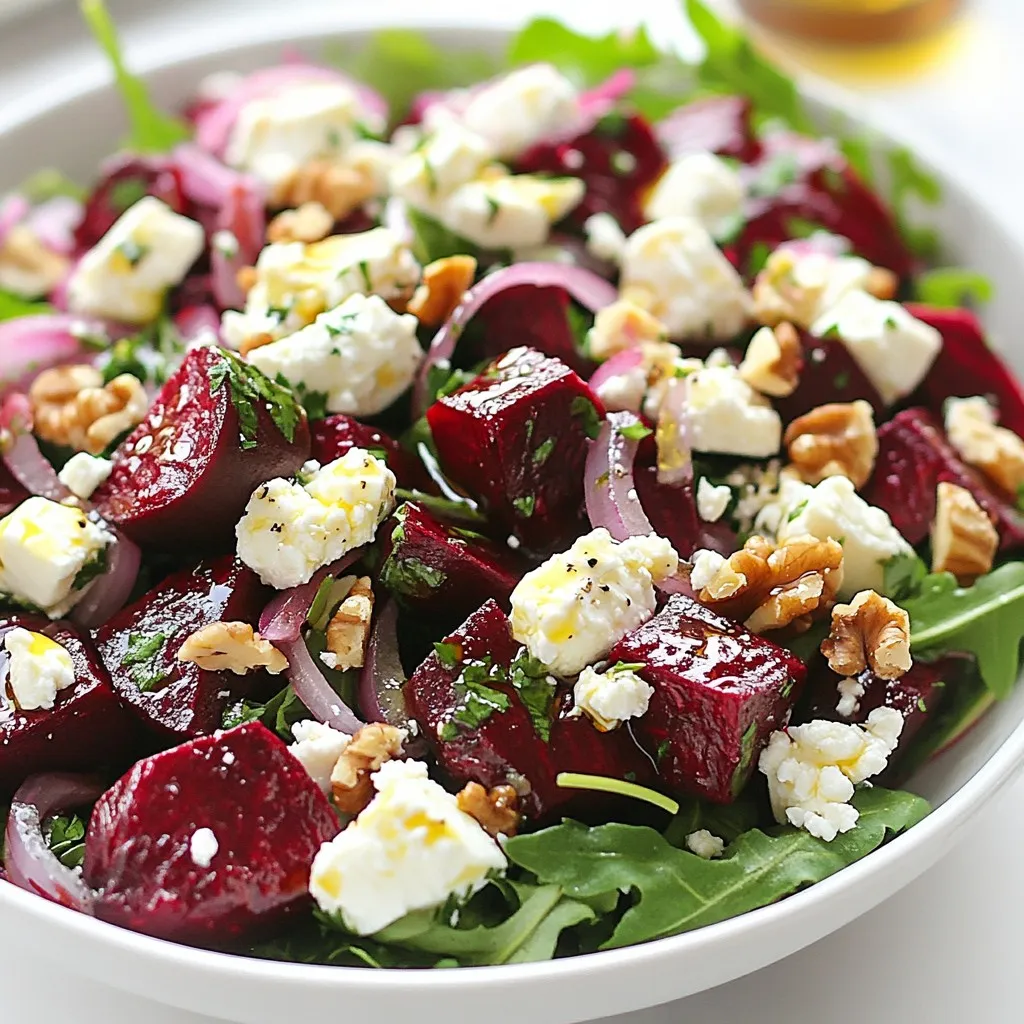 - 2 medium-sized beets, roasted and diced - 100g feta cheese, crumbled - 1 cup fresh arugula or baby spinach - 1/4 red onion, thinly sliced - 1/4 cup walnuts, roughly chopped - 2 tablespoons extra virgin olive oil - 1 tablespoon balsamic vinegar - Salt and freshly ground black pepper to taste - Fresh parsley, finely chopped, for garnish Gathering the right ingredients is key to making a tasty beet feta salad. Start with fresh beets. Roasting them brings out their sweetness. You need about two medium-sized beets, which you will roast and then dice. Next, feta cheese adds a creamy and tangy flavor. Use around 100 grams of feta, crumbled to sprinkle on the salad. Greens are essential too. Arugula or baby spinach works well. Pick one cup of greens for a fresh base. For a little crunch, you will add walnuts. About 1/4 cup, roughly chopped, gives texture. The red onion adds a sharp taste. Slice about 1/4 of a red onion thinly to spread over the salad. The dressing is simple. You need two tablespoons of olive oil and one tablespoon of balsamic vinegar. These two combine to create a bright flavor. Don't forget the seasoning! Add salt and freshly ground black pepper to taste. Finally, for a pop of color, garnish with finely chopped parsley. These ingredients come together to create a fresh and flavorful salad that will impress your guests or brighten your meal. {{ingredient_image_2}} - Preheat your oven to 400°F (200°C). - Wrap each beet in aluminum foil. This keeps them moist. - Roast the beets for 45-60 minutes. They are ready when a fork goes in easily. - Once done, let them cool for a bit. - Peel off the skin and dice the beets into bite-sized cubes. - Choose fresh greens like arugula or baby spinach. - Place the greens in a large serving bowl. They form the base of your salad. - Spread the roasted beet cubes over the greens. - Layer thinly sliced red onion on top. - Crumble feta cheese over the salad for a nice touch. - Take roughly chopped walnuts and sprinkle them evenly over the salad. - This adds a satisfying crunch to each bite. - In a small bowl, mix extra virgin olive oil with balsamic vinegar. - Whisk until well combined. - Drizzle this dressing over the salad, covering all the ingredients. - Gently toss the salad with your hands for even coverage. - Add salt and freshly ground black pepper to taste. - Finally, garnish with finely chopped fresh parsley. - Serve right away for the best flavor and texture. For perfect roasted beets, I recommend wrapping them in foil. This keeps them tender. You can also steam or microwave beets if you're short on time. Steaming takes about 30 minutes, while microwaving can be done in just 15 minutes. To check if your beets are done, pierce them with a fork. If the fork slides in easily, they are ready. You can boost the taste of your salad by adding fresh herbs. Try basil or mint for a nice twist. You can also spice it up with black pepper or a pinch of chili flakes. For dressings, consider using lemon juice or honey for a different zing. A sprinkle of garlic powder can also add depth to the flavor. Serving this salad in a wide, shallow bowl makes it look great. It allows the colors to shine. For gatherings, you can add extra slices of roasted beet on top. Garnishing with whole walnuts or a drizzle of balsamic glaze adds a nice touch. This makes the salad not just tasty, but also a feast for the eyes! Pro Tips Roast with Care: Ensure the beets are wrapped tightly in aluminum foil to retain moisture and flavor during roasting. Feta Freshness: For the best flavor, use high-quality feta cheese that is crumbly and tangy, preferably from a block rather than pre-crumbled. Nut Variation: Feel free to substitute walnuts with pecans or almonds for a different crunch and flavor profile. Make Ahead: Prepare the roasted beets and dressing in advance to save time; just combine everything just before serving for freshness. {{image_4}} You can change the cheese in this salad to suit your taste. Try goat cheese for a tangy flavor. Or, use blue cheese for a bold kick. You can also swap feta with a dairy-free cheese for a vegan option. Seasonal ingredients can add a fresh twist. In spring, add peas or asparagus. In fall, try roasted squash. These swaps keep your salad exciting and new. To turn this salad into a full meal, add some protein. Grilled chicken adds a hearty touch. Chickpeas are a great plant-based option. They blend well with the beets and feta. You can also create a grain-based version. Quinoa or farro works well. These grains add texture and make your salad filling. This salad can fit many diets. For a gluten-free option, just ensure that your grain choice is gluten-free. Quinoa is a great choice here. If you want a vegan version, skip the feta. Use a plant-based cheese, or just add more nuts for creaminess. This way, everyone can enjoy the fresh and tasty flavors of beet and feta salad. To keep your beet feta salad fresh, place it in the fridge. Use an airtight container to lock in flavors. If you have a large bowl, cover it tightly. This keeps the salad crisp and tasty for later. Your salad will stay good for about 3 days in the fridge. Look for any signs of spoilage. If the greens wilt or the beets smell sour, it's best to toss it. Got leftover beets or feta? You can add them to soups or omelets. They also work well in sandwiches. For meal prep, mix them in grain bowls for a quick lunch. Yes, you can use canned beets. Canned beets save time and are ready to eat. They are soft and easy to mix into salads. However, fresh roasted beets have a richer taste. They also offer more texture and a vibrant color. Canned beets often have added salt, which can change the salad's flavor. If you choose canned, rinse them well to reduce saltiness. Yes, this salad works well for meal prep. You can prepare the beets ahead of time. Store them in the fridge for up to five days. Keep the salad components separate until serving. This keeps the greens crisp and fresh. Layer the ingredients in a container, starting with beets at the bottom. Add walnuts and feta on top to avoid sogginess. Drizzle dressing just before eating for the best taste. A light white wine works great with this salad. Try a Sauvignon Blanc or a dry Riesling. These wines complement the sweetness of the beets. They also balance the saltiness of the feta cheese. If you prefer red, go for a light Pinot Noir. It enhances the earthy flavors of the beets without overpowering them. Yes, beets are very nutritious. They are low in calories and high in fiber. Beets are rich in vitamins like A and C. They also provide minerals like potassium and magnesium. Feta cheese adds protein and calcium. Together, they make a healthy and tasty salad. Eating beets can support heart health and improve blood flow. This salad is a wholesome choice for any meal. This blog post covered a simple and tasty beet feta salad. We explored the key ingredients, from fresh beets to crunchy walnuts. I shared step-by-step instructions for roasting beets and mixing the salad. You also learned tips for dressing and serving it nicely. Finally, we looked at variations, storage info, and answered common questions. This recipe not only tastes great but also packs many health benefits. Now, you can enjoy and share this lovely salad with friends and family!