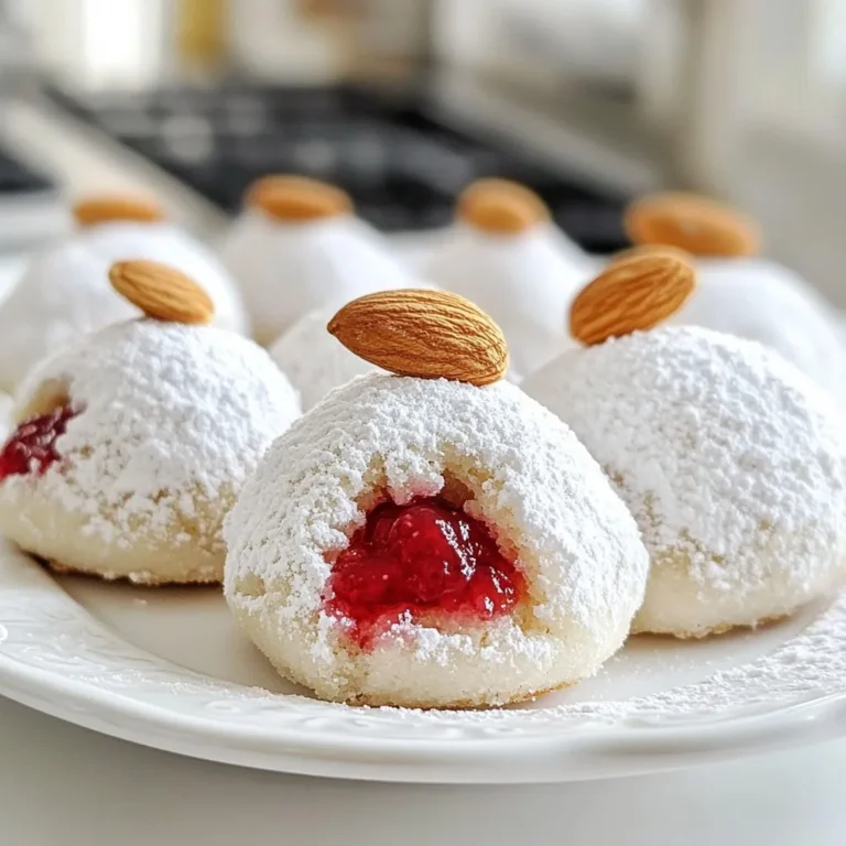 To make Raspberry Almond Snowball Cookies, gather these simple ingredients: - 1 cup unsalted butter - 1/2 cup powdered sugar - 1 teaspoon almond extract - 2 cups all-purpose flour - 1/2 cup finely chopped almonds - 1/4 teaspoon salt - 1/2 cup raspberry jam - Optional: whole almonds for decoration Each ingredient plays a key role. The butter makes the cookies rich and soft. Powdered sugar adds sweetness and a smooth texture. Almond extract gives a lovely nutty flavor. Using all-purpose flour helps keep the cookies light yet sturdy. Finely chopped almonds add a nice crunch. Salt balances the sweetness and enhances flavors. The raspberry jam brings a fruity burst that surprises you with every bite. If you want an extra touch, you can use whole almonds on top. This adds a nice look and a little more almond taste. Collect these items, and you are ready to bake delicious cookies that will impress everyone! {{ingredient_image_2}} First, set your oven to 350°F (175°C). This warms the oven for even baking. While it heats, line a baking sheet with parchment paper. This helps cookies not stick. In a large bowl, combine 1 cup of softened unsalted butter and 1/2 cup of powdered sugar. Use an electric mixer to blend until it looks light and fluffy. This process takes about 3-5 minutes. Next, add 1 teaspoon of almond extract. Mix again until the aroma fills the air. Now, sift in 2 cups of all-purpose flour. Add 1/2 cup of finely chopped almonds and 1/4 teaspoon of salt. Use a wooden spoon to stir until a soft dough forms. Be careful not to overmix, or the cookies may turn out tough. Grab a tablespoon of dough and flatten it in your hands. Place 1/2 teaspoon of raspberry jam in the center. Fold the edges over the jam and seal it tightly. Gently roll the dough into a ball. Arrange these dough balls on your prepared baking sheet, leaving space between them. If you want a fancy touch, add a whole almond on top of each cookie. Bake for 12-15 minutes. The bottoms should turn light golden brown. The tops will stay pale and soft. After baking, let the cookies cool on the sheet for about 5 minutes. This allows them to set. Then, transfer them to a wire rack to cool completely. Finally, dust with powdered sugar for a snowy finish. Enjoy your delightful Raspberry Almond Snowball Cookies! - Use room temperature butter. This helps the cookies mix well. - Don’t overmix the dough. Overmixing can make the cookies tough. - Sift flour. Sifting helps to aerate the flour for a lighter cookie. - Check your oven temperature. An oven thermometer ensures accurate baking. - Space cookies properly. Leave enough room on the baking sheet for them to spread. - Store cookies in an airtight container. This keeps them fresh for up to a week. - Layer with parchment paper. This prevents them from sticking together. - Freeze cookie dough. Roll into balls and freeze for up to three months. - Thaw before baking. Leave frozen dough in the fridge overnight before baking. - Use different nuts. Pecans or walnuts can replace almonds for new flavors. - Try different jams. Strawberry or apricot jam gives a fun twist. - Add spices. A pinch of cinnamon or nutmeg can enhance the taste. - Make them vegan. Substitute butter with coconut oil and use a vegan egg replacement. Pro Tips Chill the Dough: For best results, refrigerate the dough for about 30 minutes before baking. This helps the cookies maintain their shape and prevents them from spreading too much during baking. Use Quality Jam: Opt for a high-quality raspberry jam to enhance the flavor of the cookies. Homemade or artisanal jams can provide a richer taste and texture. Toast Your Almonds: Toasting the chopped almonds before adding them to the dough intensifies their flavor and adds a pleasant crunch to the cookies. Perfect Powdered Sugar Dusting: For a beautiful presentation, sift the powdered sugar over the cookies just before serving to create a fresh, snowy look. {{image_4}} Each Raspberry Almond Snowball Cookie has about 100 calories. This number can change based on the size of your cookies. The main sources of calories are butter and sugar. One cup of butter adds around 1,600 calories. Half a cup of powdered sugar adds about 400 calories. The flour and almonds contribute a bit more. These cookies contain gluten from the all-purpose flour. They also have dairy from the butter. The almond extract and chopped almonds provide healthy fats. Be mindful if you have nut allergies. You can replace almonds with seeds to make them nut-free. I recommend serving one or two cookies per person. This way, everyone can enjoy them without overdoing it. If you plan to share, these cookies are perfect for gatherings. They look lovely on a plate, and everyone loves the raspberry jam inside. You can keep them fresh in a sealed container for about a week. To make your Raspberry Almond Snowball Cookies shine, think about how you serve them. Place them in a bright tin or on a fancy plate. You can stack them high in a pyramid shape. Add fresh raspberries or whole almonds around the cookies for color and charm. A sprinkle of powdered sugar adds a snowy look, making them more inviting. These cookies are perfect with a variety of drinks. A warm cup of tea brings out the almond flavor. You could also serve them with coffee for a kick. If you want something cold, try a glass of milk. The sweet jam and nutty taste mix well with these drinks, making every bite a delight. Want to impress guests? Use these cookies as a topping! Crumble them over ice cream for a unique treat. You can also serve them alongside a cheese platter. Their sweet and nutty flavor works well with creamy cheeses. For a fun twist, try them at a holiday party as a gift. Wrap them in cellophane with a ribbon for a sweet surprise. You can easily make Raspberry Almond Snowball Cookies gluten-free. Replace the all-purpose flour with a gluten-free flour blend. Make sure it has a good mix of starches and proteins. This swap keeps the texture light and fluffy. I recommend using a blend that includes almond flour for added flavor. You can still enjoy the same great taste without the gluten! If you don’t have raspberry jam, don’t worry! You can use other fruit jams or preserves. Strawberry, apricot, or blackberry jams work well too. Just pick a flavor you love. You can even use a homemade fruit spread if you have one. This choice can give your cookies a unique twist! These cookies can last about one week at room temperature. Store them in an airtight container to keep them fresh. If you want them to last longer, freeze them for up to three months. Just remember to thaw them at room temperature before serving. They’ll taste just as good! You learned how to make delicious Raspberry Almond Snowball Cookies. We covered the ingredients, step-by-step instructions, and tips for baking success. These cookies are not only tasty but also easy to store and share. I hope you feel inspired to try them out. Enjoy baking!