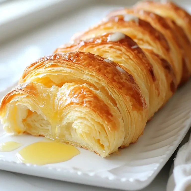 To make a buttery croissant bread loaf, gather these key ingredients: - 4 cups all-purpose flour - 1/2 cup unsalted butter, softened (plus extra for greasing the pan) - 1/4 cup granulated sugar - 1 teaspoon salt - 1 packet (2 1/4 teaspoons) active dry yeast - 1 cup warm milk (110°F/45°C) - 2 large eggs, at room temperature - 1 tablespoon honey - 1 teaspoon pure vanilla extract - Optional: 1/2 cup almond slices for topping Feel free to get creative! Here are some tasty ideas: - Almond slices add crunch and flavor. - You can sprinkle cinnamon sugar for a sweet twist. - Try adding chocolate chips for a rich, sweet bite. Choosing the right ingredients makes a big difference. Here are my tips: - Use fresh yeast. Check the date on the packet. - Choose high-quality butter for a richer taste. - Look for unbleached all-purpose flour. It gives better flavor. - Always use room temperature eggs for smooth mixing. {{ingredient_image_2}} First, grab a small bowl. Mix warm milk and a teaspoon of sugar. Sprinkle the yeast on top. Let it sit for 5-10 minutes. You want it to get frothy. This shows the yeast is active. If it doesn’t froth, try again with new yeast. Next, take a large bowl. Whisk the flour, remaining sugar, and salt together. Make a well in the center. Pour in your frothy yeast mix. Add the eggs, honey, and vanilla extract. Stir until a soft dough forms. Now, transfer it to a floured surface. Knead for 5-7 minutes until smooth and elastic. Slowly add the softened butter. Knead until it’s fully mixed in. The dough should feel slightly tacky now. Place it in a greased bowl and cover it with a towel. Let it rise in a warm spot for about 1 hour or until it doubles in size. Once the dough has risen, gently punch it down. Turn it out onto a floured surface. Roll it into a rectangle about 1/2 inch thick. Now, fold it into thirds, like a business letter. Roll it out into a rectangle again. Repeat this folding and rolling three more times. This creates those flaky layers we love. Preheat your oven to 350°F (175°C). Grease a 9x5 inch loaf pan with butter. Roll the dough out one last time. Shape it to fit snugly in the pan. If you like, sprinkle almond slices on top for extra crunch. Cover it with a towel and let it rise again for 30 minutes. Now, bake the loaf for 30-35 minutes. You want it golden brown and hollow when tapped. After baking, let it cool in the pan for 10 minutes. Carefully move it to a wire rack to cool completely before slicing. Enjoy that rich and flaky delight! To achieve the best dough texture, focus on two key steps: kneading and folding. Knead the dough until smooth and elastic. This usually takes about five to seven minutes. The dough should feel slightly tacky but not sticky. If it sticks too much, add a little flour. Next, use the folding technique. After rolling out your dough, fold it into thirds like a letter. This step creates those flaky layers we love in croissants. Repeat this process four times. Each fold adds texture and air, making the loaf light and airy. Many home bakers make a few common mistakes. First, ensure your yeast is active. If it doesn’t froth after five to ten minutes, it may be dead. Another mistake is not kneading enough. A well-kneaded dough leads to a better rise. Don’t rush through this step. Finally, avoid skipping the second rise. This extra time helps the dough develop flavor. If you skip it, your loaf might be dense. Add-ins can turn your buttery croissant bread loaf into something special. Consider adding almond slices on top for crunch. You can also mix in chocolate chips or dried fruit for sweetness. If you prefer savory, try adding cheese or fresh herbs into the dough. These flavors will blend beautifully and make your loaf unique. Get creative and make it your own! Pro Tips Proof Your Yeast: Always check that your yeast is fresh and active before starting the recipe. A frothy mixture indicates it's good to use. Knead Properly: Knead the dough until it reaches a smooth and elastic texture. This helps develop the gluten for a light and airy loaf. Layering Technique: Be diligent with the folding and rolling process to create flaky layers. This step is crucial for that buttery croissant texture. Cool Completely: Allow the loaf to cool completely on a wire rack before slicing. This helps set the texture and prevents a gummy interior. {{image_4}} You can easily switch up the flavors of your croissant bread loaf. Adding chocolate chips gives it a rich, sweet twist. Just mix in about 1 cup of semi-sweet chocolate chips after you form the dough. For a cozy touch, sprinkle in 1 tablespoon of cinnamon along with the sugar. This creates a warm, spiced flavor that pairs perfectly with butter. Savory options are just as fun! You can fold in fresh herbs like rosemary or thyme. Use about 1/4 cup of chopped herbs for a burst of flavor. Cheese lovers can add shredded cheese like cheddar or mozzarella. About 1 cup will give your loaf a cheesy delight. This makes a great addition to soups or salads. If you need a gluten-free option, swap the all-purpose flour for a gluten-free blend. Look for one that has xanthan gum in it. For a vegan version, replace the eggs with flax eggs. Combine 1 tablespoon of flaxseed meal with 2.5 tablespoons of water, then let it sit for 5 minutes. Use plant-based milk and vegan butter to keep the loaf delicious and fluffy. To keep your buttery croissant bread loaf fresh, wrap it well. Use plastic wrap or aluminum foil. Place it in an airtight container. Store it at room temperature for up to three days. If you want to keep it longer, move it to the fridge. The cold will help it last about a week. Just remember, the loaf may dry out in the fridge, so wrap it tightly. Freezing your loaf is a great option. First, let the loaf cool completely. Once cool, slice it into pieces if you wish. Wrap each slice in plastic wrap. Then, place the wrapped slices into a freezer bag. Remove as much air as possible before sealing. You can freeze the loaf for up to three months. When you’re ready to enjoy it, just take out a slice or two. To reheat your loaf, I recommend using the oven. Preheat your oven to 350°F (175°C). Place the loaf or slices on a baking sheet. Cover them loosely with foil to keep them from drying out. Heat for about 10-15 minutes. This will help restore the flaky texture. You can also microwave slices for about 10-15 seconds. But keep in mind, the oven method keeps it crispier. Yes, you can use bread flour. Bread flour has more protein. This gives the loaf a chewier texture. If you want a fluffier loaf, stick with all-purpose flour. It keeps the croissant-style flakiness. The loaf is ready when it is golden brown. Tap the bottom; it should sound hollow. Use a kitchen thermometer too. The inside should reach 190°F (88°C). This ensures a fully baked loaf. If the dough doesn’t rise, check the yeast. It may be old or inactive. Make sure the milk is warm, not hot. Too hot can kill the yeast. If it still doesn’t rise, try adding more yeast. The loaf lasts for about 2-3 days at room temperature. Keep it in a bread box or bag. For longer storage, freeze it. It can stay fresh for up to 3 months in the freezer. Just wrap it well to avoid freezer burn. You now have all the tools to create a delicious loaf from scratch. We covered the ingredients you'll need, the step-by-step instructions, and tips to make your dough perfect. I shared variations to suit any taste, plus how to store and reheat your loaf. Remember, practice helps you improve. Enjoy baking, and don't be afraid to experiment. Your homemade loaf can be a tasty treat for everyone!