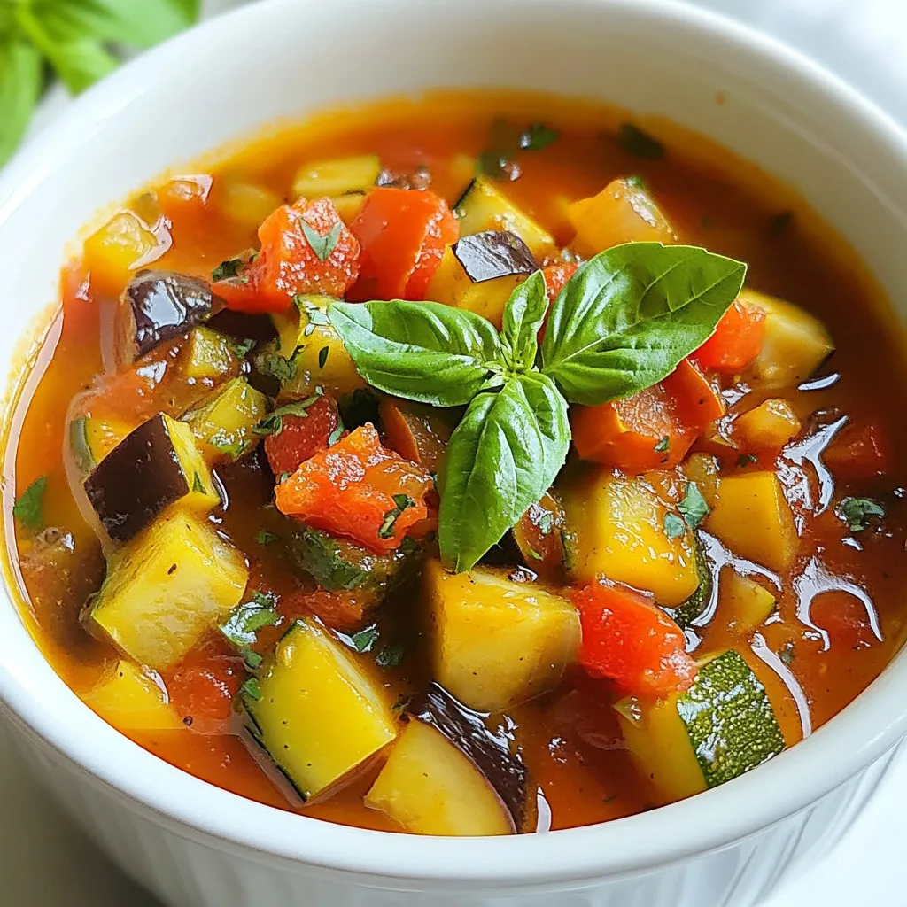 - Eggplant: 1 medium, diced into ½-inch cubes - Zucchini: 1 medium, diced into ½-inch cubes - Bell Pepper: 1 red or yellow, diced into ½-inch pieces - Onion: 1 medium, finely chopped - Garlic: 2 cloves, minced Fresh vegetables are the heart of Remy-Style Ratatouille Soup. Each one adds its own taste and texture. Eggplant gives a creamy feel, while zucchini brings a light crunch. A bell pepper adds sweetness, and onion offers a savory base. Garlic provides a fragrant note that ties everything together. - Diced Tomatoes: 2 cups (fresh or canned with juices) - Vegetable Broth: 4 cups (low-sodium preferred) - Extra Virgin Olive Oil: 1 tablespoon - Dried Thyme: 1 teaspoon - Dried Basil: 1 teaspoon - Salt and Black Pepper: to taste - Fresh Basil: for garnish The broth is key for flavor. Diced tomatoes give a rich base and slight acidity. Vegetable broth adds depth and warmth. Extra virgin olive oil enhances the taste and helps cook the veggies. Thyme and basil add herbaceous notes that remind you of sunny gardens. Season with salt and black pepper to make all the flavors pop. Finally, fresh basil on top adds a bright touch when serving. This combination of ingredients makes a soup that is both tasty and good for you. {{ingredient_image_2}} Dicing and Chopping Techniques To start, you need to cut your veggies. Use a sharp knife for easy dicing. Cut the eggplant into ½-inch cubes. The zucchini should be diced the same way. For bell peppers, remove the seeds, and then chop them into ½-inch pieces. Lastly, finely chop the onion. How to Mince Garlic Mincing garlic is simple. Start by peeling the cloves. Then, use the flat side of your knife to crush them slightly. This helps release the juices. After crushing, chop the garlic into small pieces. Aim for tiny bits for the best flavor. Sautéing Onions and Garlic Heat the olive oil in a large pot over medium heat. Add the chopped onion first. Stir it often until it turns soft and clear, about 5 minutes. Next, add the minced garlic. Stir it for one more minute. You want the garlic to smell nice and fragrant. Adding Vegetables in Stages Now, it's time for the star veggies. First, add the diced eggplant and bell pepper. Sauté these for 5 to 7 minutes. This step helps them soften and gain flavor. After that, stir in the zucchini. Cook this mix for another 5 minutes, moving it around to cook evenly. Simmering the Soup Once your veggies are ready, pour in the diced tomatoes and vegetable broth. Sprinkle the dried thyme and basil on top. Turn the heat up until it boils. Then reduce the heat to low. Let it simmer gently for 20 minutes. Stir it now and then, and taste it. Add salt and pepper as needed. Using an Immersion Blender for Texture After simmering, you can blend the soup. Use an immersion blender to puree half of the soup. This gives it a thick texture while keeping some chunks. If you don’t have one, pour half into a regular blender. Blend until smooth, then return it to the pot. Presentation Tips for Serving When serving, use warm bowls. Ladle in the soup, and add a drizzle of olive oil on top. Garnish with fresh basil leaves for a pop of green. For a nice touch, serve with crusty bread on the side for dipping. Enjoy your warm, healthy bowl of Remy-Style Ratatouille Soup! How to Perfectly Sauté Vegetables Sautéing is key for great flavor. Start with hot olive oil in a heavy pot. Add onions and cook until soft, about 5 minutes. Then, add garlic for one more minute. Next, add eggplant and bell pepper. Cook for 5-7 minutes until they soften. Lastly, add zucchini and stir for another 5 minutes. This builds layers of taste. Importance of Seasoning Seasoning is vital. Add salt and pepper after the soup simmers. Taste it first, then adjust. A sprinkle of herbs boosts taste, too. Remember, good seasoning brings out the flavors of the veggies. Substitutions for Fresh Herbs Don't have fresh herbs? Use dried ones instead! Dried thyme and basil work well. Use about one-third the amount of dried herbs compared to fresh. For example, if a recipe calls for 1 tablespoon of fresh basil, use 1 teaspoon of dried. Using Homemade vs. Store-Bought Vegetable Broth Homemade broth is rich and full of flavor. If you don’t have time, store-bought is fine. Choose low-sodium to control salt levels. Always check the label for quality ingredients. Serving Bowl Recommendations Choose rustic bowls for a warm feel. They make the soup look even better. A deep bowl allows for a nice presentation. Drizzle some olive oil on top for shine. Ideal Pairings for Crusty Bread Pair your soup with crusty bread. A nice baguette or sourdough works great. The bread is perfect for dipping and adds texture. Enjoy the soup with a slice of bread for a complete meal. Pro Tips Choose Ripe Vegetables: Select fresh, ripe vegetables for the best flavor. Look for firm eggplants and zucchini with a shiny skin, and vibrant bell peppers. Enhance Flavor with Herbs: Fresh herbs can elevate the soup's flavor. Consider adding fresh thyme or basil towards the end of cooking for a more aromatic dish. Texture Variations: For different textures, reserve some of the sautéed vegetables before blending. Add them back into the soup for a heartier feel. Storage Tips: This soup keeps well in the refrigerator for up to 4 days. It also freezes beautifully, so make a double batch for easy meals later! {{image_4}} You can easily change the vegetables in Remy-Style Ratatouille Soup. Try using carrots or squash instead of eggplant or zucchini. These options bring their own flavors and textures. You can also add protein like lentils or beans. They give the soup a heartier feel and more nutrition. To spice things up, add red pepper flakes. This gives your soup a kick without overpowering it. You can also try mixing in different herbs. Oregano or parsley can add a fresh twist to the classic flavors. Just remember to add these herbs near the end of cooking for the best taste. If you want to make it gluten-free, check your broth. Most vegetable broths are gluten-free, but it's best to read labels. For vegan options, this soup is already vegan. Just ensure you use vegetable broth and avoid any animal products. Vegetarian diets can enjoy it as well, making it a great choice for all! To store your ratatouille soup, let it cool first. Place it in an airtight container. This keeps the soup fresh and safe. Store it in the fridge. - Best Practices for Storing Soup in the Fridge: Use containers that seal well. Keep the soup in the back of the fridge for the best temperature. Avoid storing soup in the door, where it gets warm. - How Long Does Ratatouille Soup Last?: When stored correctly, ratatouille soup lasts about 3 to 5 days. Always check for signs of spoilage before eating. Freezing is a great way to save extra soup for later. It keeps the soup fresh for months. You can enjoy it whenever you want! - Proper Freezing Techniques: Use freezer-safe containers or bags. Leave some space at the top for the soup to expand. Label the containers with the date you froze them. - Reheating Tips for Freshness: Thaw the soup in the fridge overnight. For quick use, place the bag in cold water. Reheat on the stove over low heat. Stir often and check the temperature. When you want to eat your frozen soup, you need to thaw it safely. - Best Practices for Thawing Frozen Soup: Always thaw soup in the fridge. This keeps it safe from bacteria. Never thaw at room temperature. If in a hurry, use the microwave on low power. Now, you can enjoy your Remy-Style Ratatouille Soup anytime! Ratatouille soup is a warm dish inspired by the classic French ratatouille. This soup uses fresh vegetables to create a tasty and healthy meal. The movie "Ratatouille" showcases the beauty of cooking and fresh ingredients. In the film, Remy, a rat, dreams of being a chef. His love for food shows how simple ingredients can create magic. This soup pays homage to that idea by combining eggplant, zucchini, and bell peppers into a delightful bowl. Yes, you can make this soup ahead of time. Making it in advance has many benefits. First, the flavors deepen over time, making the soup even tastier. Second, it saves you time on busy days. You can simply reheat it for a quick meal. Lastly, this soup stores well in the fridge for up to five days. It also freezes nicely if you want to save it for later. Absolutely! Remy-Style Ratatouille soup is packed with healthy ingredients. Here are some nutritional benefits: - Eggplant: Rich in fiber and antioxidants. - Zucchini: Low in calories and high in vitamins. - Bell Peppers: Full of vitamin C and great for your skin. - Tomatoes: Loaded with lycopene, good for heart health. - Olive Oil: A healthy fat that supports heart health. This soup is a great way to eat a variety of veggies in one bowl. It helps you feel full and satisfied while being nutritious. In this post, we explored the delicious world of Ratatouille Soup. We covered fresh vegetables, the right seasonings, and steps to prepare and serve. I shared tips for cooking, flavoring, and making variations to suit dietary needs. Remember, this soup is not only tasty but also healthy. With all these techniques and ideas, you can create your unique dish. Enjoy making it and sharing it with others!