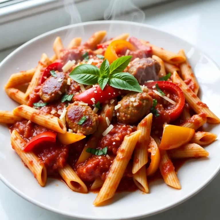 - 8 oz (225 g) whole wheat penne pasta - 1 lb (450 g) Italian chicken sausage, casings removed - 1 red bell pepper, thinly sliced - 1 yellow bell pepper, thinly sliced - 1 orange bell pepper, thinly sliced - 3 cloves garlic, minced - 1 can (14 oz) diced tomatoes, with juices - 1/2 cup low-sodium chicken broth - 1 teaspoon dried oregano - 1 teaspoon chili flakes (optional) - 3 tablespoons olive oil - Salt and pepper to taste - Fresh basil leaves, for garnish - Grated Parmesan cheese, for serving (optional) - Chili flakes for heat - Extra olive oil for drizzling - Grated Parmesan cheese for added flavor - A simple green salad works well. - Garlic bread is a tasty option. - Pair with a light white wine for a nice touch. - A side of steamed vegetables adds color and nutrients. {{ingredient_image_2}} Start by boiling a large pot of salted water. Add 8 oz of whole wheat penne pasta. Cook until it is al dente, about 10-12 minutes. Drain the pasta in a colander and set it aside. In a large skillet, heat 1 tablespoon of olive oil over medium heat. Add 1 lb of Italian chicken sausage, breaking it into smaller pieces. Cook for 5-7 minutes until browned and cooked through. Transfer the sausage to a plate and set it aside. In the same skillet, add 2 tablespoons of olive oil. Heat it over medium heat. Add 1 thinly sliced red bell pepper, 1 yellow bell pepper, and 1 orange bell pepper. Sauté for 4-5 minutes until they soften. Then, stir in 3 minced garlic cloves and cook for another 1-2 minutes until fragrant. Return the cooked sausage to the skillet. Pour in 1 can of diced tomatoes with juices and 1/2 cup of low-sodium chicken broth. Add 1 teaspoon of dried oregano and chili flakes if you want some heat. Season with salt and pepper to taste. Let this mixture simmer for 5-7 minutes to blend the flavors. Add the drained penne pasta to the skillet. Toss everything together gently to coat the pasta with the sauce. Cook for another 2-3 minutes to heat through. Serve warm, topping each plate with fresh basil leaves and optional grated Parmesan cheese. Enjoy your meal! To cook pasta just right, start with a big pot of salted water. Bring it to a boil first. Add the whole wheat penne and cook it until al dente, which means it should still be firm. This usually takes about 10-12 minutes. Once done, drain it in a colander, but don't rinse. Rinsing removes the starch that helps sauce stick. Spices can really boost the taste of your dish. I use dried oregano for a nice herbal note. If you want some heat, add chili flakes. Just a teaspoon can make a difference. Don't forget to season with salt and pepper. Taste as you go. This way, you can adjust to suit your liking. For a pretty plate, use shallow bowls when serving. This lets the colorful peppers shine. Arrange them on top for a pop of color. A drizzle of olive oil adds extra richness and looks nice too. For a final touch, sprinkle some grated Parmesan cheese on top. Fresh basil leaves bring a lovely aroma and taste, making your dish even more inviting. Pro Tips Enhance Flavor with Fresh Herbs: Consider adding fresh herbs like thyme or parsley along with the basil for an aromatic boost. Perfect Pasta Cooking: To ensure the pasta is perfectly cooked, taste it a minute or two before the package time is up. Make it Creamy: For a creamier sauce, stir in a splash of heavy cream or a dollop of mascarpone cheese just before serving. Meal Prep Friendly: This dish holds up well in the fridge, making it a great option for meal prep—just reheat before serving! {{image_4}} You can swap out the Italian chicken sausage for other kinds. Try turkey sausage for a leaner option. Pork sausage adds rich flavor. Or, use spicy sausage for a kick. Each choice will change the taste, making it unique. If you want a meatless meal, replace the sausage with plant-based options. Use lentils or chickpeas for protein. You can also add more bell peppers or mushrooms for texture. Tofu is another great choice. It absorbs flavors well and adds heartiness. Feel free to switch the whole wheat penne pasta with other types. Fusilli or rotini works nicely, too. If you prefer gluten-free, use brown rice or quinoa pasta. Each pasta type will hold the sauce differently, giving you varied bites. To store leftovers, let the pasta cool down. Transfer it to an airtight container. Keep it in the fridge for up to three days. Make sure to cover the container tightly to keep moisture in. You can freeze this pasta dish too. Place cooled leftovers in a freezer-safe container. Leave some space at the top for the sauce to expand. It can stay in the freezer for up to two months. When ready to eat, move it to the fridge overnight to thaw. To reheat, use a skillet over medium heat. Add a splash of chicken broth to keep it moist. Stir often until it is hot. You can also microwave it. Use a microwave-safe bowl and cover it loosely. Heat in short bursts, stirring in between, until warmed through. Enjoy your pasta just as delicious as before! Yes, you can use any pasta you like. Options include spaghetti, fusilli, or even gluten-free pasta. Just adjust the cooking time as needed. Whole wheat pasta adds more fiber, while regular pasta is softer. To add heat, use chili flakes in the recipe. You can also add sliced jalapeños or hot sausage instead of chicken sausage. Taste as you go, so it doesn't get too spicy for you. You can replace chicken sausage with turkey sausage or pork sausage. If you prefer a meatless option, try using lentils or mushrooms. Both will add flavor and texture to the dish. This pasta dish lasts about 3 to 5 days in the fridge. Store it in an airtight container to keep it fresh. Reheat it gently on the stove or in the microwave before serving. In this post, we explored the key ingredients, cooking steps, and helpful tips for making Sweet Pepper Sausage Pasta. We also discussed variations to suit your taste and how to store leftovers properly. Remember, cooking is fun! Mix and match to find your perfect dish. Using fresh ingredients and spices can boost flavor. Enjoy making this tasty meal, and don't be afraid to experiment. Happy cooking!