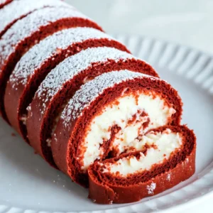- 3 large eggs, at room temperature - 1 cup granulated sugar - 1 teaspoon pure vanilla extract - 1 tablespoon red food coloring - 2/3 cup all-purpose flour - 1/4 cup unsweetened cocoa powder - 1 teaspoon baking powder - 1/2 teaspoon baking soda - 1/4 teaspoon salt - Powdered sugar, for dusting - 8 oz cream cheese, softened to room temperature - 1/2 cup unsalted butter, softened to room temperature - 2 cups powdered sugar (for frosting) - 1 teaspoon vanilla extract (for frosting) When making a Red Velvet Cake Roll, use fresh ingredients. The eggs should be at room temperature. This helps them mix well and create a fluffy batter. The granulated sugar adds sweetness and helps with the texture. Be sure to use pure vanilla extract for the best flavor. Red food coloring gives the cake its signature look. Use a good quality brand for the best results. The all-purpose flour and cocoa powder help form the cake structure. Baking powder and baking soda work together to make your cake rise. Salt enhances all the flavors in the cake. For the filling, cream cheese adds a rich, tangy taste. Unsalted butter, also softened, gives the frosting a nice creaminess. Use powdered sugar to sweeten the filling and bring it all together. Don't forget the powdered sugar for dusting. This adds a lovely finish when you serve your cake roll. Gather these ingredients, and you are ready to create a delightful treat! {{ingredient_image_2}} - Set your oven to 350&deg;F (175&deg;C). - Line a 15x10-inch jelly roll pan with parchment paper. Make sure the paper hangs over the edges. This helps with easy removal later. - In a large bowl, beat 3 large eggs and 1 cup of granulated sugar with an electric mixer. Mix until light and fluffy, about 2-3 minutes. - Add 1 teaspoon of pure vanilla extract and 1 tablespoon of red food coloring. Mix until the color is bright and well blended. - In another bowl, whisk together 2/3 cup of all-purpose flour, 1/4 cup of unsweetened cocoa powder, 1 teaspoon of baking powder, 1/2 teaspoon of baking soda, and 1/4 teaspoon of salt. - Gradually add the dry mix to the wet mix. Fold gently until the batter is smooth. - Pour the batter into the prepared jelly roll pan. Spread it evenly to the edges. - Bake for 12-15 minutes. Check with a toothpick. It should come out clean when done. - After baking, let the cake cool for about 10 minutes. Dust a clean kitchen towel with powdered sugar. Flip the cake onto the towel and peel off the parchment paper. - Roll the cake up from the short side using the towel. This helps keep its shape. Let it cool completely while rolled. - In a mixing bowl, beat 8 oz of softened cream cheese with 1/2 cup of softened butter. Mix until smooth. - Gradually add 2 cups of powdered sugar and 1 teaspoon of vanilla extract. Beat until the filling is fluffy and well combined. - Once the cake is cool, unroll it gently from the towel. - Use an offset spatula to spread the cream cheese filling evenly over the cake. - Carefully roll the cake back up without the towel. Place it seam-side down on a serving platter. - Refrigerate the cake roll for at least 30 minutes to set. - Slice the roll into pieces and serve on dessert plates. Dust with more powdered sugar for an elegant touch. - Store leftover cake roll in an airtight container. - Keep it in the fridge for up to 4 days. - If you want to freeze it, wrap it well in plastic wrap and foil. - Thaw in the fridge overnight before serving. - To prevent cracks, don&rsquo;t skip cooling the cake in a towel. - Roll the cake tightly but gently. - Roll it from the short side for a better shape. - If it cracks, don&rsquo;t worry! Just cover it with frosting. - To adjust sweetness, add less powdered sugar to the cream cheese filling. - For flavor, mix in lemon zest or almond extract for a twist. - You can also stir in mini chocolate chips for a fun surprise. - Experiment with different cream cheese flavors, like strawberry or vanilla. Pro Tips Use Room Temperature Ingredients: Ensure your eggs and butter are at room temperature for a smoother batter and better incorporation of ingredients. Don't Overmix: When combining the dry and wet ingredients, fold gently to avoid overdeveloping the gluten, which can lead to a dense cake. Dust with Powdered Sugar: Dusting the towel with powdered sugar prevents the cake from sticking and adds a sweet touch to the final presentation. Chill Before Serving: Allowing the cake roll to chill for at least 30 minutes helps the cream cheese filling set, making it easier to slice. {{image_4}} You can give your Red Velvet Cake Roll a fun twist. Adding citrus zest, like orange or lemon, brightens the flavor. It adds a fresh note that pairs well with cream cheese. You can also use flavored cream cheese. Think about strawberry or lemon cream cheese. These flavors can change the whole cake experience. If you need gluten-free options, use a gluten-free flour blend. Many brands work well for baking. You can also make this cake vegan. Use flax eggs instead of regular eggs. Replace the butter with coconut oil or a vegan butter. These swaps keep the cake tasty while meeting dietary needs. Presentation matters, especially for a cake roll. You can garnish it with fresh fruits. Berries or mint leaves add color and freshness. Another fun idea is to dust the cake with cocoa powder or powdered sugar. This gives it a lovely finish that makes it look special. You can keep your red velvet cake roll in the fridge for about 3 to 5 days. Make sure to place it in an airtight container. This keeps it moist and fresh. If you don't have a container, wrap it tightly in plastic wrap. Both methods work well. To freeze the cake roll, wrap it tightly in plastic wrap and then in foil. This keeps it safe from freezer burn. You can freeze it for up to 3 months. When you're ready to enjoy it, move the cake to the fridge. Let it thaw overnight for the best taste and texture. Check for signs of spoilage, like an off smell or mold. If you see either, it&rsquo;s best to throw it out. To keep the cake roll's texture nice, avoid leaving it out at room temperature for too long. Always return it to the fridge after serving. This way, it stays soft and delicious. To check if your cake roll is done, use the toothpick test. Insert a toothpick into the center of the cake. If it comes out clean, your cake is ready. You can also look for visual signs. The edges should pull away from the pan slightly. The top should look set and have a slight spring when touched. Baking usually takes 12-15 minutes at 350&deg;F. Yes, you can make the cake roll ahead of time. Bake the cake and let it cool completely. Once cool, wrap it tightly in plastic wrap. Store it in the fridge for up to two days. You can also freeze it for longer storage. Just remember to thaw it in the fridge overnight before using. If you want a natural option, consider beet juice or pomegranate juice. These options provide a lovely red hue without synthetic dyes. You can also use hibiscus powder for a unique flavor and color. Just be mindful that these alternatives may change the cake's taste slightly. Making a red velvet cake roll is a fun process. You learned about essential ingredients and step-by-step instructions. I shared tips for perfecting your roll and creative variations to make it your own. Remember, practice makes perfect. Don&rsquo;t hesitate to adjust flavors and try new things. With the right storage, you can enjoy this cake for days. Keep experimenting, and soon, you&rsquo;ll master this delightful treat. It&rsquo;s all about having fun in the kitchen!