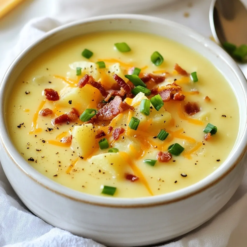 - 4 large russet potatoes, peeled and diced into 1-inch cubes - 1 medium onion, finely chopped - 3 cloves garlic, minced - 4 cups vegetable broth (low-sodium recommended) - 1 cup heavy cream (or plant-based cream) - 1 cup shredded sharp cheddar cheese (plus extra for garnish) - 1/2 cup sour cream (or Greek yogurt) - 1/2 cup green onions, chopped (plus more for garnishing) - 4 slices crispy turkey bacon, crumbled (optional) - 2 tablespoons extra virgin olive oil - 1 teaspoon dried thyme - Salt and freshly ground black pepper, to taste - Crispy turkey bacon adds crunch and flavor. - Extra cheese for a cheesy finish. - More green onions for added freshness. - Use plant-based cream instead of heavy cream for a lighter option. - Greek yogurt can replace sour cream, offering a tangy flavor. - For a vegan soup, skip the cheese and bacon or find dairy-free options. {{ingredient_image_2}} First, gather all your ingredients. You need 4 large russet potatoes, 1 medium onion, and 3 cloves of garlic. Peel and dice the potatoes into 1-inch cubes. Chop the onion finely. Mince the garlic. This makes cooking easier and faster. In a large pot, add 2 tablespoons of extra virgin olive oil. Heat it over medium heat. Once the oil is hot, add the chopped onion. Sauté for about 5 minutes until the onion is soft. Next, add the minced garlic and 1 teaspoon of dried thyme. Cook for 1 more minute, stirring to keep the garlic from burning. Then, add the diced potatoes to the pot. Pour in 4 cups of vegetable broth. Bring the mixture to a boil. Once boiling, reduce the heat to a simmer. Let it cook uncovered for 15 to 20 minutes. You want the potatoes to be fork-tender. Once the potatoes are tender, take an immersion blender and purée the soup. Blend until it’s smooth and creamy. If you don’t have an immersion blender, let the soup cool a bit. Use a standard blender, blending in batches. Remember to leave the lid slightly open to let steam escape. After blending, add 1 cup of heavy cream, 1/2 cup of sour cream, and 1 cup of shredded cheddar cheese. Stir well until the cheese melts. This mixture gives the soup its rich and creamy texture. Season with salt and freshly ground black pepper to taste. To make your soup creamy, blend it well. I suggest using an immersion blender. It gives you a smooth texture without needing to transfer hot soup. If you use a standard blender, cool the soup first. Blend in batches and leave the lid slightly open. This helps steam escape and avoids mess. Layering flavors is key. Start by sautéing onions and garlic to build a strong base. Add dried thyme for a warm, earthy note. After blending, taste the soup before serving. Adjust with salt and pepper as needed. If you want extra depth, try adding a splash of lemon juice. It brightens the flavor and balances the creaminess. Presentation matters! Serve your soup in warm bowls to keep it hot. For a touch of elegance, drizzle a little olive oil on top. Garnish with crispy turkey bacon, shredded cheese, and green onions. This adds color and makes your dish look inviting. Consider serving with crusty bread for dipping. Pro Tips Choose the Right Potatoes: For the best texture, use russet potatoes as they become creamy when cooked and blended. Blend for Smoothness: Use an immersion blender to achieve a silky texture. If using a standard blender, allow the soup to cool slightly to avoid splattering. Adjust Creaminess: Feel free to adjust the amount of heavy cream based on your preference for richness; plant-based cream works well for a lighter version. Garnish Generously: Enhance your soup's flavor and presentation by garnishing with additional cheese, crispy bacon, and fresh green onions. {{image_4}} You can make this soup vegetarian or vegan easily. To go vegetarian, skip the turkey bacon. Use vegetable broth for the base. For a vegan version, swap the heavy cream and sour cream for plant-based alternatives. Coconut cream or cashew cream works great. You can use dairy-free cheese for extra flavor. This keeps the soup rich and creamy while staying plant-based. You can play with flavors in your loaded potato soup. Add spices like smoked paprika or cayenne for heat. Fresh herbs like parsley or dill can brighten the flavor. For a smoky twist, try adding some smoked cheese. You can also mix in roasted garlic for depth. Each change brings a new taste to this classic dish. Toppings make this soup even better. Consider adding crispy turkey bacon for crunch. Shredded cheese is a must for richness. Chopped green onions give a fresh kick. You can also add a dollop of sour cream or Greek yogurt on top. For a twist, try adding jalapeño slices or avocado chunks. These toppings make your soup a delightful feast. To store your loaded potato soup, let it cool first. Then, pour it into an airtight container. Seal it well to keep the soup fresh. Store it in the fridge. It should last up to three days. For best taste, eat it within two days. When you're ready to enjoy your leftovers, reheat the soup. You can use the stove or a microwave. If using the stove, pour the soup into a pot. Heat it over low to medium heat. Stir often until it's hot. For the microwave, put the soup in a microwave-safe bowl. Heat it in short bursts, stirring in between. This helps it heat evenly. If you want to save some soup for later, freezing is a great option. Let the soup cool completely before freezing. Transfer it to a freezer-safe container. Leave some space at the top for expansion. You can freeze it for up to three months. To use, thaw it overnight in the fridge. Then, reheat it as mentioned above. Yes, you can make Loaded Potato Soup ahead of time. This soup tastes even better the next day. Just prepare the soup as directed and let it cool. Then, store it in an airtight container in the fridge. When you are ready to eat, heat it gently on the stove. Stir it well and add a splash of broth or cream if it thickens too much. The best potatoes for Loaded Potato Soup are russet potatoes. They are starchy and give the soup a creamy texture. You can also use Yukon Gold potatoes, which are slightly waxy but still work well. Avoid using red potatoes, as they do not blend as smoothly. To make Loaded Potato Soup gluten-free, use gluten-free vegetable broth. Check the labels of your other ingredients, especially the cheese and bacon. Most are gluten-free, but it’s always good to confirm. You can enjoy this soup without worry while keeping it delicious and creamy. In this blog post, we explored how to make a tasty Loaded Potato Soup. We covered the key ingredients, preparation steps, and cooking methods. You learned about tips for perfecting texture and enhancing flavors. We also discussed ingredient substitutions, variations, and how to store leftovers. Making this soup can be simple and fun. Don’t hesitate to experiment with your own twists. Enjoy creating your masterpiece and savor every bite!