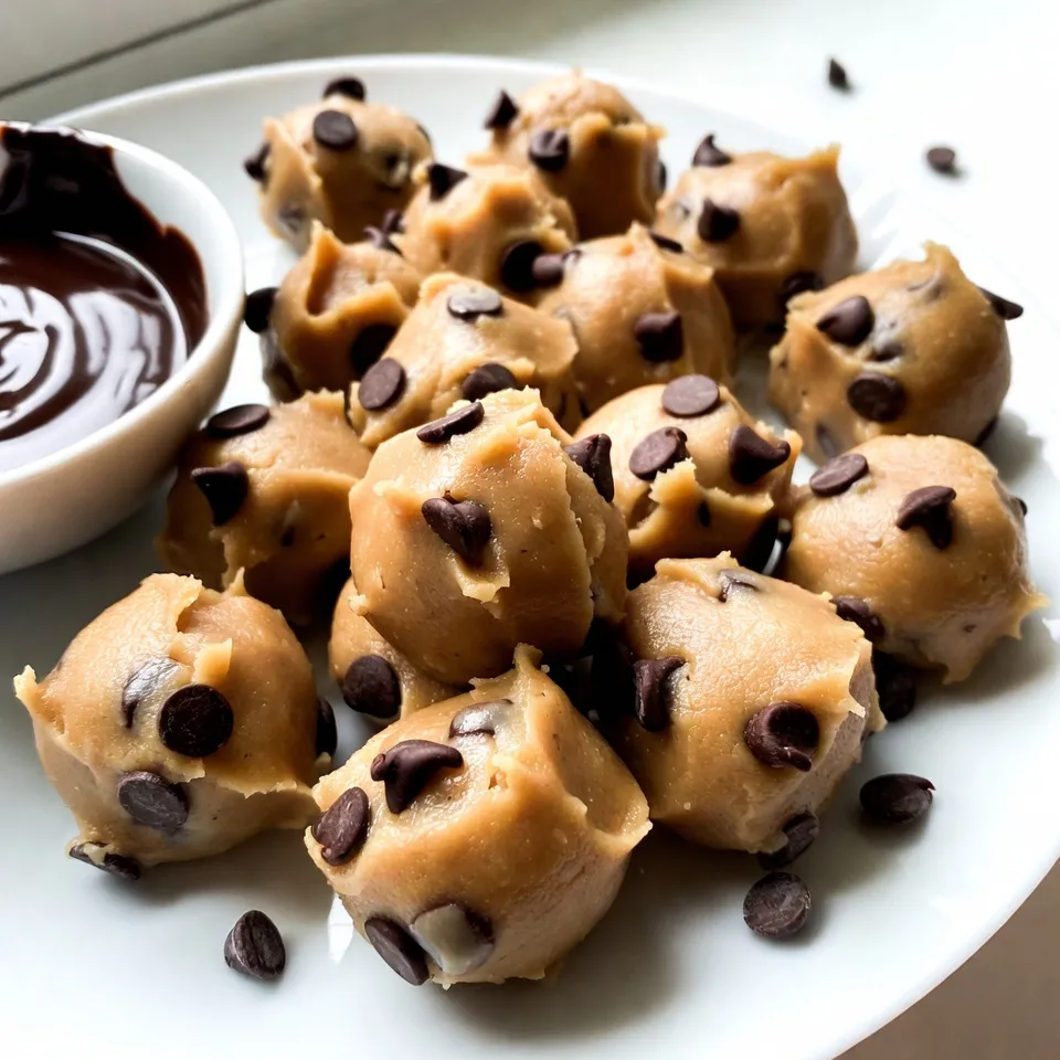 To make No-Bake Baileys Cookie Dough Bites, you will need the following ingredients: - 1 cup all-purpose flour - 1/2 cup unsalted butter, softened - 3/4 cup brown sugar, packed - 1/2 cup granulated sugar - 2 teaspoons pure vanilla extract - 1/4 teaspoon fine salt - 1 cup mini chocolate chips - 2 tablespoons milk (or alternative) - Optional: 1/4 cup crushed nuts (walnuts or pecans) Each ingredient plays a key role in building flavor and texture. The flour gives the bites their structure. Softened butter adds creaminess. Brown sugar brings moisture and a rich taste. Granulated sugar sweetens the mix. Pure vanilla extract enhances the overall flavor. Salt balances the sweetness. Mini chocolate chips add bursts of chocolate in every bite. If you like a crunch, consider adding nuts for extra texture. Using high-quality ingredients makes a difference. Choose unsalted butter for control over salt content. Fresh vanilla extract works best for flavor. You can swap in your favorite milk alternative if you want a dairy-free version. These choices lead to a more enjoyable treat and a better baking experience. Enjoy mixing these simple yet tasty ingredients! {{ingredient_image_2}} First, preheat your oven to 350°F (175°C). Spread your all-purpose flour evenly on a baking sheet. Bake it for 5 minutes. This step gets rid of any raw taste. After baking, let the flour cool completely before using it. In a large mixing bowl, combine the softened unsalted butter, brown sugar, and granulated sugar. Use an electric mixer or a sturdy whisk. Beat them together until the mixture is smooth and fluffy. This should take about 2-3 minutes. Next, pour in the pure vanilla extract and add the fine salt. Mix well until all ingredients blend together. This creates a rich base for your cookie dough. Gradually add the cooled, heat-treated flour to the creamy mixture. Stir gently until a cohesive dough forms. Make sure there are no dry flour spots left in the mix. Now, fold in the mini chocolate chips and any crushed nuts if you want extra crunch. Use a spatula or spoon to ensure they are evenly mixed throughout the dough. If your dough feels too crumbly, add milk one tablespoon at a time. Mix gently until the dough is soft and pliable, holding its shape nicely. Using a tablespoon or cookie scoop, portion out the dough. Roll each piece into small balls with your hands. Place the balls on a parchment-lined baking sheet to avoid sticking. Once all the dough is rolled into bites, put the baking sheet in the fridge. Chill for 30 minutes to let the bites firm up. This step helps them hold their shape better when you enjoy them. Heat-treating flour is key for taste. It helps remove any raw flavor. Preheat your oven to 350°F (175°C) and spread flour on a baking sheet. Bake for 5 minutes and then let it cool completely. This step makes your cookie dough bites taste better. Mixing is just as important. Start with softened butter and sugars in a bowl. Use an electric mixer or a whisk. Beat them until smooth and fluffy. This gives your dough the right texture. When it’s time to serve, presentation matters. Place your cookie dough bites on a pretty plate. Scatter extra mini chocolate chips around them for a fun look. You can also serve them with melted chocolate for dipping. This adds a rich touch that everyone loves. Storing cookie dough bites is simple. Keep them in an airtight container in the fridge. They stay fresh for about a week. If you want them to last longer, consider freezing them. They can keep in the freezer for up to three months. Just remember to thaw them in the fridge before enjoying! Pro Tips Heat-Treat Your Flour: Always heat-treat your flour to eliminate any raw taste and enhance the flavor of your cookie dough bites. Use Room Temperature Ingredients: Ensure your butter is softened to room temperature for easier mixing and a smoother texture in your dough. Customize Your Mix-Ins: Add your favorite mix-ins like crushed nuts or different types of chocolate chips to personalize your bites. Chill for Better Texture: Chilling the bites for at least 30 minutes helps them hold their shape and enhances the overall texture. {{image_4}} You can change the flavor of your No-Bake Baileys Cookie Dough Bites in fun ways. Try using different types of chocolate. Dark chocolate gives a rich taste. White chocolate adds a sweet touch. You can even mix them for a unique twist. Adding spices can also elevate the flavor. A pinch of cinnamon brings warmth. Nutmeg adds a cozy, festive note. These spices blend well with the sweetness of the dough. If you need gluten-free options, use gluten-free flour blends. They work just as well in this recipe. Just make sure to get a good brand for the best results. For those who want vegan bites, substitute butter with coconut oil or a vegan butter. Use almond milk or oat milk instead of regular milk. These swaps keep the treats tasty while fitting different diets. You can get creative by adding other mix-ins. Dried fruits like cranberries or apricots give a fruity twist. Shredded coconut adds a chewy texture and tropical flavor. Another fun idea is to use flavored extracts. Instead of just vanilla, try almond or mint extract. This simple change can make your cookie dough bites even more special. Each serving of No-Bake Baileys Cookie Dough Bites has about 150 calories. You also get: - Fat: 8g - Carbohydrates: 18g - Protein: 1g These bites use simple and tasty ingredients like butter and sugar. The butter gives healthy fats, while the sugars provide quick energy. Mini chocolate chips add a rich flavor and antioxidants. Enjoying sweet treats like these bites is fun. But, keep portions small. Here are some tips for moderation: - Limit to 2-3 bites at a time. - Share with friends or family to avoid eating too many. You can also make these bites a bit healthier: - Use less sugar for a lighter treat. - Swap some butter for healthier fats, like coconut oil. These small changes help keep the fun without too much guilt. Enjoy your yummy bites! You can store No-Bake Baileys Cookie Dough Bites in the fridge. They last about one week. If you want to keep them longer, place them in the freezer. They can stay fresh for up to three months. Make sure to store them in an airtight container. This keeps them moist and tasty! Yes, you can freeze these bites. First, let them chill in the fridge for 30 minutes. Then, place them in a single layer on a baking sheet. Once frozen, transfer them to a freezer bag. When ready to eat, thaw them in the fridge overnight. This way, they stay soft and delicious. If you want a kid-friendly version, skip the Baileys. You can use milk or cream instead. Adding a splash of vanilla extract gives a nice flavor. If you want a little extra taste, try adding a bit of chocolate syrup. It makes the bites sweet and fun! If you want an alternative to all-purpose flour, try almond flour or oat flour. These options give a nice texture and flavor. Just make sure to use the same amount as the recipe calls for. You can also use coconut flour, but use less, about one-third of the amount. This helps keep the bites from being too dry. You can now create delicious No-Bake Baileys Cookie Dough Bites with ease. We discussed key ingredients, mixing steps, and tips for the best flavor and texture. Remember to adjust your dough as needed and chill for perfect bites. Try various mix-ins and flavors for unique treats. Enjoy making these bites for gatherings or a fun snack. With simple steps, you'll impress your friends and family with homemade goodness.
