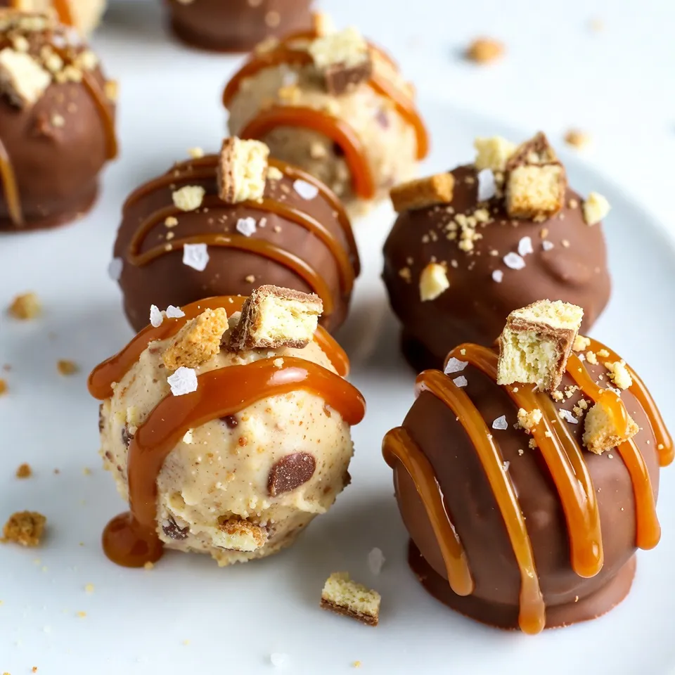 When making Butterfinger Caramel Crunch Truffles, you need simple yet tasty ingredients. Here’s what to gather: - 1 cup Butterfinger bars, crushed (about 4 bars) - 1 cup cream cheese, softened to room temperature - 1 cup powdered sugar - 1 cup graham cracker crumbs - 1/2 cup caramel sauce (plus more for drizzling) - 1 cup semi-sweet chocolate chips - 1 tablespoon coconut oil (to thin the chocolate) - Pinch of sea salt - Additional crushed Butterfinger for garnish These ingredients blend together to create a rich, sweet treat. The Butterfinger bars give a crunchy texture, while the cream cheese adds creaminess. The graham cracker crumbs keep it light, and caramel sauce brings in that gooey goodness. The chocolate coating seals the flavors, making each bite a delight. Enjoy the process of mixing and rolling these truffles! {{ingredient_image_2}} Start with a large bowl. Add 1 cup of softened cream cheese and 1 cup of powdered sugar. Use an electric mixer to beat them together. Mix until the cream cheese is smooth and creamy. You want no lumps here! Next, add in 1 cup of crushed Butterfinger bars, 1 cup of graham cracker crumbs, and 1/2 cup of caramel sauce. Stir it well until everything combines perfectly. This mixture will be thick and sweet. Now, wash your hands. Take small portions of the mixture and roll them into balls. Aim for about 1 inch in size. Place these balls onto a baking sheet lined with parchment paper. When you have rolled all the truffles, pop the baking sheet into the freezer. Let them chill for about 30 minutes. This will help them firm up so they hold their shape. While the truffles chill, it's time to melt the chocolate. Take a microwave-safe bowl and add 1 cup of semi-sweet chocolate chips and 1 tablespoon of coconut oil. Microwave this mix in 30-second intervals. Stir in between each interval until the chocolate is fully melted and smooth. The coconut oil helps thin out the chocolate for easy dipping. Once the truffles are firm, take them out of the freezer. Use a fork to dip each truffle into the melted chocolate. Make sure they are fully coated. Let any extra chocolate drip back into the bowl. Place the coated truffles back onto the parchment-lined baking sheet. Before the chocolate sets, drizzle some extra caramel sauce over each truffle. Sprinkle a pinch of sea salt and more crushed Butterfinger on top. This adds great flavor and crunch! Finally, return them to the fridge for about 30 minutes to set the chocolate. Enjoy these rich and decadent treats! To get a smooth chocolate coating, use good quality chocolate. I like semi-sweet chips. Adding coconut oil helps thin the chocolate for easier dipping. Melt the chocolate in short bursts in the microwave. Stir it well after each burst to avoid burning. If you dip quickly, the coating stays smooth. Make sure each truffle is fully covered, but let excess chocolate drip off. Store your truffles in an airtight container. Keep them in the fridge to stay fresh. They can last up to a week this way. If you want to keep them longer, freeze them. Just let them thaw in the fridge before serving. This keeps the texture nice and creamy. For a fun touch, use mini cupcake liners to hold each truffle. Arrange them on a pretty plate for a nice look. Drizzle extra caramel around the plate for a gourmet flair. Sprinkle some crushed Butterfinger on top for added crunch and color. These ideas make your truffles look as good as they taste! Pro Tips Chill the Mixture: For easier handling, ensure the truffle mixture is well-chilled before rolling into balls. This helps maintain their shape. Use Quality Chocolate: Select high-quality chocolate for coating to enhance the flavor and texture of your truffles. Coconut Oil Benefits: Adding coconut oil not only thins the chocolate for easier dipping but also gives a lovely sheen to the finished truffles. Experiment with Flavors: Don't hesitate to mix in other candies or flavor extracts to personalize your truffles and make them your own! {{image_4}} You can switch up the flavors in your Butterfinger Caramel Crunch Truffles. Try using different candy bars like Snickers or Reese's for a unique twist. You can also swap the caramel sauce for a chocolate fudge sauce. This will give your truffles a rich, new taste. If you want a fruity flavor, add a splash of orange or raspberry extract to the cream cheese mix. This will brighten up the truffles and make them even more fun. Making these truffles vegan or gluten-free is easy. For a vegan version, use dairy-free cream cheese and powdered sugar. You can replace the graham cracker crumbs with gluten-free alternatives like almond flour or coconut flour. For the chocolate coating, choose vegan chocolate chips. These swaps keep the truffles just as tasty while meeting different dietary needs. Mixing flavors can lead to exciting new truffles. Consider adding a pinch of cinnamon or nutmeg for warmth. You could also mix in crushed nuts, like pecans or walnuts, for extra crunch. If you enjoy spices, a dash of chili powder can add a surprising kick. Experiment with these combinations to find your favorite blend. The options are endless, and each variation can bring something special to your truffles. To keep your Butterfinger Caramel Crunch Truffles fresh, store them in an airtight container. Place parchment paper between layers to avoid sticking. Keep them in the fridge if you plan to eat them within a week. This helps maintain their texture and flavor. You can freeze these truffles for longer storage. First, place them in a single layer on a baking sheet. Freeze them for about an hour, until firm. Once frozen, transfer them to a freezer-safe bag or container. They can last for up to three months in the freezer. These truffles stay fresh for about one week in the fridge. If frozen, they can last for up to three months. Just remember to let them thaw in the fridge before eating. This ensures the best taste and texture when you're ready to enjoy them. Yes, you can! Milk chocolate adds a sweeter taste. Dark chocolate gives a rich flavor. White chocolate is also an option for a creamy touch. Just make sure it melts well. To keep these truffles nut-free, skip any nut-based ingredients. Use graham cracker crumbs without nuts. Always check labels on your chocolate and other ingredients. This way, you avoid hidden nut products. If your mixture is sticky, simply chill it longer in the fridge. This helps it firm up. You can also add a little more graham cracker crumbs. It will help with the texture. You can find Butterfinger Bars at most grocery stores. Check the candy aisle or the checkout area. If you still can't find them, try online retailers. Many stores offer them for delivery. These Butterfinger Caramel Crunch Truffles are a sweet treat you can easily make. You learned about the key ingredients and how to prepare them. We covered important tips for a smooth finish and storage for freshness. You can also try many fun variations to fit your taste. In the end, these truffles are worth the effort. Enjoy your delicious creations and share them with friends. You’ll impress everyone with your skills!