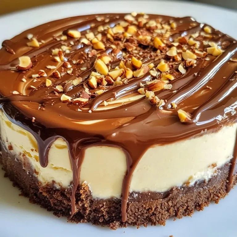 - 200g digestive biscuits, finely crushed - 100g unsalted butter, melted - 500g cream cheese, softened at room temperature - 200g Nutella - 150g powdered sugar - 250ml heavy whipping cream, chilled - 1 teaspoon pure vanilla extract - A pinch of salt - 50g hazelnuts, chopped (for topping) - Extra Nutella (for drizzling) When making the crust, digestive biscuits work best. If you want a gluten-free option, try using gluten-free cookies. For the butter, any unsalted type will do, but I prefer grass-fed for its rich flavor. For the cream cheese, make sure it's softened. It blends better and helps to make the cheesecake creamy. You can swap in mascarpone for a different taste. Nutella is key for this recipe, but you can use any chocolate spread if needed. The heavy whipping cream must be chilled; this helps it whip up perfectly. If you wish for a lower calorie option, you could try lighter whipping cream, but the texture will change. Lastly, hazelnuts add crunch, but you can use any nuts you like or leave them out altogether. Drizzling extra Nutella on top is a must for that extra chocolatey goodness! {{ingredient_image_2}} To start, I mix the crushed digestive biscuits and melted butter in a medium bowl. I make sure the crumbs are well-coated. Then, I press this mixture firmly into the bottom of a 9-inch springform pan. This step is key for a solid crust. Next, I chill the pan in the refrigerator for 30 minutes. This helps the crust set and become firm. Now, I focus on the filling. I take a large mixing bowl and beat the softened cream cheese until it’s smooth. This takes about 2-3 minutes with an electric mixer. Once it's creamy, I add the Nutella, powdered sugar, and vanilla extract. I keep mixing until everything is silky and well combined. Scraping down the bowl's sides helps ensure an even mixture. In a separate chilled bowl, I whip the heavy cream until medium peaks form. This usually takes about 3-4 minutes. The right texture is crucial for a light cheesecake. Then, I gently fold the whipped cream into the Nutella mixture. I use a spatula and carefully lift and fold. This keeps the filling fluffy and airy. After combining, I pour the creamy Nutella filling over the chilled biscuit crust. I smooth the top with a spatula for an even finish. Next, I cover the cheesecake with plastic wrap and refrigerate it for at least 4 hours. For the best texture, I prefer to chill it overnight. This waiting time helps the flavors meld and improves the cheesecake's overall taste. To get that creamy texture, start with your ingredients at room temperature. If the cream cheese is cold, it won't mix well. This can lead to lumps in your cheesecake. Let it sit out for about 30 minutes before mixing. Next, focus on your whipping technique. When you whip the heavy cream, aim for medium peaks. This should take about 3-4 minutes. Be gentle when folding the whipped cream into the Nutella mix. Use a spatula and fold carefully. This keeps the mixture light and airy. While hazelnuts are a classic topping, you can get creative! Try crushed cookies, fresh berries, or even caramel sauce. Each adds a fun twist to your cheesecake. For drizzling, use a squeeze bottle for neat lines. You can also use a spoon for a more rustic look. Heat the Nutella slightly in the microwave for easier drizzling. This adds a nice touch and makes your cheesecake look even more tempting. Pro Tips Room Temperature Cream Cheese: Ensure your cream cheese is softened to room temperature for a smoother filling. This helps to avoid lumps and creates a creamy texture. Chill the Mixing Bowl: For best results when whipping cream, chill your mixing bowl and beaters in the freezer for 10-15 minutes prior to whipping. This helps the cream whip up faster and hold its shape. Use High-Quality Nutella: Opt for high-quality Nutella for a richer flavor in your cheesecake. The better the Nutella, the more delicious your cheesecake will taste! Drizzling Technique: When drizzling extra Nutella on top, warm it slightly in the microwave for a few seconds. This makes it easier to drizzle and creates a beautiful presentation. {{image_4}} You can easily change the taste of your cheesecake. Try using other chocolate spreads like almond or hazelnut spread. Each option adds a unique twist. For a fun twist, add different extracts like orange or almond. These flavors blend well with Nutella. If you want a gluten-free cheesecake, you can switch the crust. Use gluten-free cookies or nuts instead of regular digestive biscuits. For a vegan version, replace cream cheese with a vegan cream cheese alternative. Use coconut cream for the whipped cream. These swaps keep the cheesecake creamy and delicious while meeting dietary needs. To keep your Nutella cheesecake fresh, store it in the fridge. Use an airtight container or cover it well with plastic wrap. This keeps the cheesecake moist and tasty. If you want to freeze it, slice the cheesecake into portions. Wrap each slice tightly in plastic wrap, then place it in a freezer-safe bag. This way, you can enjoy a slice later! In the fridge, your cheesecake lasts about 5 to 7 days. It will taste best within this time. Signs that your cheesecake has gone bad include an off smell or a change in texture. If you see any mold, throw it away. Always trust your senses when it comes to food! The cheesecake needs to chill for at least 4 hours. This time helps it set and become firm. For the best texture, I recommend chilling it overnight. This allows the flavors to meld perfectly. The longer it chills, the creamier and richer it becomes. Yes, you can use low-fat cream cheese. However, it may change the texture and flavor. Low-fat cream cheese may not be as creamy as regular cream cheese. This can make the cheesecake less rich and smooth. If you want the best taste, stick with full-fat cream cheese. It gives a lovely, thick texture. To avoid cracks, let the cheesecake cool slowly in the fridge. Do not rush the chilling process. You can also try wrapping the springform pan with foil. This helps to keep the moisture in. If cracks do happen, don’t worry! You can cover them with extra Nutella or whipped cream. You learned how to make a delicious cheesecake using simple steps and key tips. Start with the right ingredients and follow each step for the best results. Pay attention to texture and presentation for a stunning dessert. Don’t forget about variations and storage tips to keep it fresh. With these insights, you can whip up a cheesecake that impresses everyone. Enjoy the process and the tasty outcome!