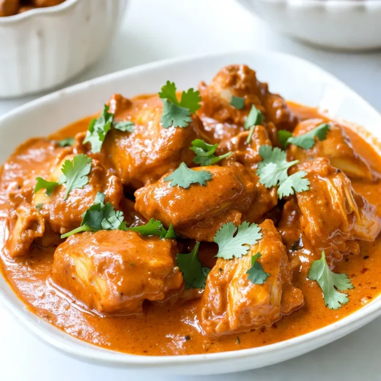 To make Easy Butter Chicken, you will need: - 1 lb (450g) boneless, skinless chicken thighs, cut into bite-sized pieces - 3 tablespoons unsalted butter, divided - 1 large onion, finely chopped - 4 cloves garlic, minced - 1 tablespoon fresh ginger, grated - 2 teaspoons garam masala - 1 teaspoon ground cumin - 1 teaspoon ground coriander - 1/2 teaspoon turmeric powder - 1 teaspoon chili powder (adjust to your spice preference) - 1 cup tomato puree, preferably canned for uniformity - 1 cup heavy cream - Salt, to taste - Fresh cilantro leaves, chopped, for garnish You can swap some ingredients if needed. Use chicken breast instead of thighs. If you want less fat, try using half-and-half instead of heavy cream. You can also replace fresh ginger with ground ginger in a pinch. For a vegan option, use tofu and coconut cream. These swaps keep the dish tasty and fun. Fresh ingredients make a big difference. They enhance flavor and aroma in your dishes. Fresh garlic and ginger add a bright taste. Fresh cilantro gives a nice finish. Using the best ingredients can elevate your butter chicken to a whole new level. Always choose what looks and smells good. This choice helps create a meal that you and your loved ones will enjoy! {{ingredient_image_2}} To prepare your butter chicken, start by gathering all your ingredients. You need: - 1 lb boneless, skinless chicken thighs - 3 tablespoons unsalted butter - 1 large onion - 4 cloves garlic - 1 tablespoon fresh ginger - 2 teaspoons garam masala - 1 teaspoon ground cumin - 1 teaspoon ground coriander - 1/2 teaspoon turmeric powder - 1 teaspoon chili powder - 1 cup tomato puree - 1 cup heavy cream - Salt to taste - Fresh cilantro leaves for garnish Chop the onion, mince the garlic, and grate the ginger. This prep makes cooking easier and faster. Heat 2 tablespoons of butter in a large skillet over medium heat. Once the butter melts and swirls, add the chopped onion. Sauté it for about 5 minutes, stirring until it turns soft and clear. Next, add the minced garlic and grated ginger. Stir for 1 to 2 minutes until it smells great. Now, add the spices: garam masala, ground cumin, ground coriander, turmeric, and chili powder. Mix them in and let them toast for 1 minute. This step brings out their rich flavors. Raise the heat to medium-high and add the chicken pieces. Cook them for 5 to 7 minutes, turning to brown on all sides. After the chicken is browned, pour in the tomato puree. Stir it well, then bring it to a simmer. Lower the heat and let it cook for 15 minutes. Stir occasionally to keep it from sticking. After 15 minutes, add the heavy cream and the last tablespoon of butter. Simmer for another 5 minutes until the sauce thickens. The chicken should be cooked through, reaching 165°F (75°C). Finally, taste the sauce and add salt if needed. To achieve tender, juicy chicken, use these tips: - Choose boneless, skinless thighs for moist meat. - Sauté until the chicken is browned; this adds depth. - Monitor the internal temperature to avoid overcooking. - Let the dish simmer gently to blend the flavors. These techniques will help you create a delightful butter chicken that everyone will love. To make your butter chicken burst with flavor, focus on the spices. Use fresh spices whenever possible. Toasting the spices in butter brings out their taste. Add a squeeze of lemon juice for brightness. You can also include a pinch of sugar to balance the acidity from the tomatoes. Lastly, finish with a dash of cream for richness. One common mistake is overcooking the chicken. It can become dry and tough. Cook it just until it’s browned and tender. Another mistake is neglecting to taste your sauce. Always adjust the salt and spices as needed. Lastly, don’t skip the butter at the end. It adds a lovely finish to the dish. If you like it mild, use less chili powder. Start with half a teaspoon and adjust to your taste. For more heat, feel free to add extra chili powder or even fresh chilis. Remember, you can always add spice, but you can’t take it away once it’s in! Always taste as you go to find your perfect balance. Pro Tips Marinate for Flavor: For an even richer flavor, marinate the chicken in yogurt and spices for at least 30 minutes before cooking. This will help tenderize the meat and infuse it with spices. Use Fresh Spices: Freshly ground spices can elevate the dish significantly. If possible, grind whole spices like cumin and coriander just before use to preserve their essential oils and flavors. Adjust Thickness: If you prefer a thicker sauce, let the butter chicken simmer uncovered for a few extra minutes to reduce the liquid. Alternatively, add a bit more cream for a silkier texture. Garnish Generously: Don’t skimp on the cilantro! A generous sprinkle not only adds a pop of color but also enhances the flavor profile, making your dish more vibrant and inviting. {{image_4}} You can add your own flair to butter chicken. Try adding vegetables like bell peppers or peas. They not only add colors but also boost nutrition. For a smoky flavor, grill the chicken first. You can also use yogurt instead of cream for a tangy taste. Want a spicy kick? Add more chili powder or fresh chilies. If you follow a dairy-free diet, swap heavy cream with coconut milk. This gives a rich texture without dairy. For gluten-free needs, make sure your spices and tomato puree are gluten-free. If you prefer lean meats, use chicken breast instead of thighs. It will still be tasty! Serve butter chicken with basmati rice or warm naan. Both soak up the sauce well. You can also try it with quinoa for a healthy twist. Add a fresh salad on the side for crunch. A simple cucumber salad works great. For drinks, pair with a light lemonade or sweet tea to balance the flavors. To keep your leftover butter chicken fresh, store it in an airtight container. Let it cool down first. Place it in the fridge for up to three days. If you want to keep it longer, freezing is a great option. When you reheat butter chicken, do it gently. Use a pan over low heat to warm it. Add a splash of water or cream to keep it moist. Stir it often to avoid burning. This way, it stays creamy and tasty. To freeze butter chicken, pack it in a freezer-safe container. Make sure it cools before sealing. It can last up to three months in the freezer. When you are ready to eat it, thaw it overnight in the fridge. Then reheat as mentioned above. Enjoy your meal anytime! Butter chicken is a creamy, rich dish from India. It features tender chicken cooked in a spiced tomato sauce. The sauce is made with butter, cream, and spices like garam masala. This dish is popular for its flavor and comfort. Yes, you can make butter chicken ahead of time. It tastes even better after sitting for a bit. Just store it in the fridge for up to three days. Reheat it on the stove when you are ready to serve. Butter chicken is not very spicy. It has a warm flavor thanks to spices like garam masala and chili powder. You can adjust the chili powder to your taste. If you prefer less heat, use less chili powder. The best way to serve butter chicken is with basmati rice or naan bread. The rice soaks up the rich sauce. Naan is great for scooping up the chicken and sauce. Garnish with fresh cilantro for a pop of color. Yes, you can use different meats for butter chicken. Chicken thighs are traditional, but chicken breasts also work. You can even try shrimp or paneer for a vegetarian option. Just adjust cooking times for different meats. In this article, I shared how to make easy butter chicken. We covered the essential ingredients, simple steps, and key tips. Fresh ingredients make a big difference in flavor. Avoid common mistakes to get the best taste. You can also try new variations to match your needs. Lastly, proper storage helps keep leftovers fresh. With this guide, you can cook delicious butter chicken at home. Enjoy exploring this easy recipe!
