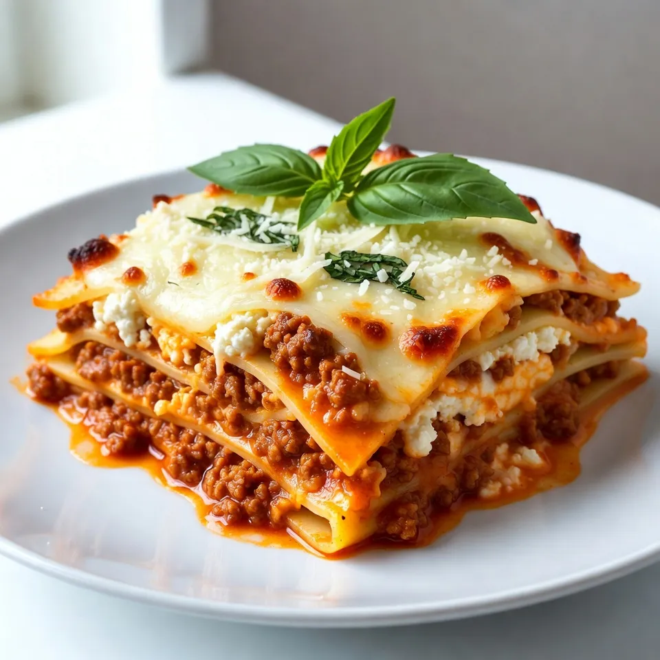 - 12 lasagna noodles - 1 pound ground beef or ground turkey - 2 cups ricotta cheese - 2 cups shredded mozzarella cheese - 1 cup grated Parmesan cheese - 2 cups marinara sauce - 1 medium onion, diced - 2 cloves garlic, minced - 2 tablespoons fresh basil or 1 tablespoon dried basil - 1 large egg - 1 tablespoon olive oil - Salt and freshly cracked black pepper to taste This dish is a joy to make. Each ingredient plays a big role. The noodles are the base that holds everything together. I love using 12 lasagna noodles for the perfect layers. You can use ground beef or ground turkey, depending on your taste. The ricotta cheese adds creaminess and helps bind the layers. I always use 2 cups. Shredded mozzarella and grated Parmesan give it that cheesy goodness we crave. The marinara sauce brings a rich flavor. You can use store-bought or homemade, but I prefer homemade. Onions and garlic are key for depth. They add sweetness and aroma. Fresh basil brightens the dish. I like to add 2 tablespoons of fresh basil for a pop of flavor. The egg helps the ricotta blend well with the other ingredients. For cooking, I use 1 tablespoon of olive oil to sauté the onion and garlic. Don't forget salt and pepper! They enhance all the flavors. Each bite should taste delightful and balanced. {{ingredient_image_2}} 1. Preheat Oven to 375°F (190°C): This step gets your oven ready for baking. A hot oven helps cook the lasagna evenly. 2. Cook Lasagna Noodles: Boil a large pot of salted water. Add the lasagna noodles and cook them until they are al dente. This means they should still have a little bite. Drain the noodles and spread them out to prevent sticking. 1. Sauté Onion and Garlic: In a large skillet, heat one tablespoon of olive oil over medium heat. Add the diced onion and minced garlic. Cook them for about three minutes until they smell good and soften. 2. Brown the Ground Beef: Add one pound of ground beef to the skillet. Break it up with a spatula as it cooks. Stir it until it turns brown. Season with salt and black pepper to taste. 3. Add Marinara Sauce and Simmer: Pour in two cups of marinara sauce. Mix it well with the meat. Let this simmer for about five minutes. This helps the flavors blend nicely. 1. Create the Ricotta Mixture: In a bowl, combine two cups of ricotta cheese, one cup of shredded mozzarella, half a cup of grated Parmesan, one large egg, and two tablespoons of fresh basil. Stir until it is smooth. 2. Layer the Lasagna Ingredients: In a 9x13-inch baking dish, spread a thin layer of meat sauce on the bottom. Lay down three lasagna noodles over it. Spread half of the ricotta mixture on the noodles, then add a third of the meat sauce. Repeat this layering: noodles, ricotta, and meat sauce. For the top, place the last noodles and cover them with the remaining meat sauce. Sprinkle the rest of the mozzarella and Parmesan on top. 1. Cover and Bake: Cover the dish with aluminum foil. Spray the foil with cooking spray to stop it from sticking. Place it in the preheated oven and bake for 25 minutes. 2. Broil for a Golden Finish: After 25 minutes, carefully remove the foil. Bake for another 15 minutes until the cheese is bubbly and golden. 3. Rest Before Serving: Once baked, take the lasagna out of the oven. Let it cool for 10-15 minutes. This helps the layers set, so slices look neat when served. - Ensuring Noodles Don’t Stick: After you cook the noodles, lay them flat on a clean surface. This keeps them from sticking together. If you have extra time, rinse them with cold water. This helps prevent sticking too. - Achieving the Right Cheese Consistency: For the best texture, mix your ricotta with egg and herbs. This makes it creamy and light. It also helps the cheese hold its shape when baked. - Adding Vegetables to the Meat Sauce: You can boost flavor by adding diced bell peppers or mushrooms to your meat sauce. This adds a nice texture and extra nutrients. Just sauté them with the onions and garlic for great taste. - Using Different Types of Cheese: Try adding goat cheese or feta for a tangy kick. Mixing in different cheeses can change the taste and make it more interesting. You can also use more mozzarella for that gooey texture everyone loves. - Presentation Ideas for a Perfect Plate: Before serving, sprinkle fresh basil leaves on top. You can also add a light dusting of Parmesan cheese for flavor and color. This makes your dish look great! - Pairing with Sides and Salads: Pair your lasagna with a simple green salad. A side of garlic bread is also a great choice. These sides balance the rich flavors of the lasagna and make it a perfect meal. Pro Tips Let the Lasagna Rest: Allowing the lasagna to rest for 10-15 minutes after baking helps the layers set and makes it easier to slice and serve. Use Fresh Ingredients: Opt for fresh basil and high-quality cheeses to enhance the flavor and overall quality of your lasagna. Layer Wisely: Be mindful of your layers; ensure that the noodles are evenly covered with sauce and cheese to prevent dryness. Experiment with Meat: Feel free to substitute ground beef with ground turkey, chicken, or even a mix of vegetables for a lighter or vegetarian version. {{image_4}} You can make your lasagna vegetarian. Instead of meat, use lentils or mixed veggies. Lentils add protein and fiber. They soak up flavors well. For a veggie mix, try zucchini, mushrooms, or spinach. These add great taste and texture. For cheese, if you want something plant-based, consider using tofu. Blend it with herbs to mimic ricotta. You can also use cashew cheese or a store-bought vegan cheese. Both give a creamy feel without dairy. If you need gluten-free pasta, many brands offer it. Look for rice or corn-based options. They cook similarly to regular noodles. Just follow the package instructions for best results. You can also opt for low-carb alternatives. Zucchini noodles or eggplant slices work well. These add a fresh taste and cut down on carbs. Just make sure to prepare them well to avoid extra moisture. To spice things up, consider adding red pepper flakes to your meat sauce. This adds heat without overpowering the dish. You can also use spicy sausage instead of beef for a kick. Herbs can enhance your lasagna, too. Try adding fresh oregano or thyme to the sauce. These herbs add depth and freshness. You can mix them into the ricotta for extra flavor. - Best Practices for Refrigeration: After your meal, let the lasagna cool down. Cover it tightly with plastic wrap or foil. This keeps it fresh and helps avoid drying out. Store it in the fridge right away. - How Long Does It Last in the Fridge?: Lasagna stays good in the fridge for about 3 to 5 days. If you want to keep it for longer, freezing is a great option. - How to Properly Freeze and Reheat: Cut the lasagna into serving sizes. Wrap each piece in plastic wrap, then in aluminum foil. This method helps keep the flavor and texture. When you’re ready to eat, thaw it in the fridge overnight before reheating. - Tips for Freezer Storage Containers: Use airtight containers or freezer bags. Label each package with the date, so you know when to use it. Avoid using glass containers, as they may crack in the freezer. - Oven vs. Microwave Reheating Tips: The oven gives the best results for reheating. Preheat it to 350°F (175°C). Place the lasagna in a baking dish, cover it with foil, and heat for about 25 minutes. The microwave is faster but may make the noodles chewy. If you use the microwave, heat in short bursts and check often. - Ensuring the Right Texture When Reheating: Always cover the lasagna when reheating. This helps keep moisture in. For oven reheating, uncover the last 5 minutes to get a crispy top. Enjoy your meal just like it was freshly made! Can I use no-boil lasagna noodles? Yes, you can use no-boil noodles. They save time, but you need enough sauce to cook them. Add more marinara sauce to your layers. This helps the noodles soften well during baking. What can I substitute for ricotta cheese? You can use cottage cheese instead of ricotta. Blend it for a smoother texture. Cream cheese mixed with a bit of milk works, too. Both options give a nice taste in the lasagna. How can I make my lasagna less watery? To reduce water, drain your meat sauce well. Also, use less marinara sauce in each layer. You can also let the lasagna sit longer after baking. This resting time helps the layers set. How do I know when my lasagna is done baking? Your lasagna is done when the cheese is golden and bubbly. You can insert a knife in the center. If it comes out hot, it’s ready to serve. Can I prepare lasagna in advance? Yes, you can make it ahead of time. Assemble it and keep it in the fridge for up to 24 hours. Just remember to add a few extra minutes to the baking time. What sides go well with lasagna? A fresh salad pairs nicely with lasagna. Garlic bread is also a favorite. You can try steamed vegetables or roasted asparagus for a healthy touch. Can I make lasagna without meat? If so, how? Absolutely! Use cooked lentils or chopped vegetables as a meat substitute. Spinach and mushrooms add great flavor, too. Layer them just like you would with meat. Ricotta meat sauce lasagna is delicious and easy to make. You need simple ingredients like noodles, beef, and cheeses. Follow the step-by-step guide to cook it perfectly. Add your favorite veggies or spices for a twist. Store your lasagna well for leftovers or freeze it for later. Remember, you can always customize it to fit your tastes. Enjoy each bite of your rich and hearty dish!