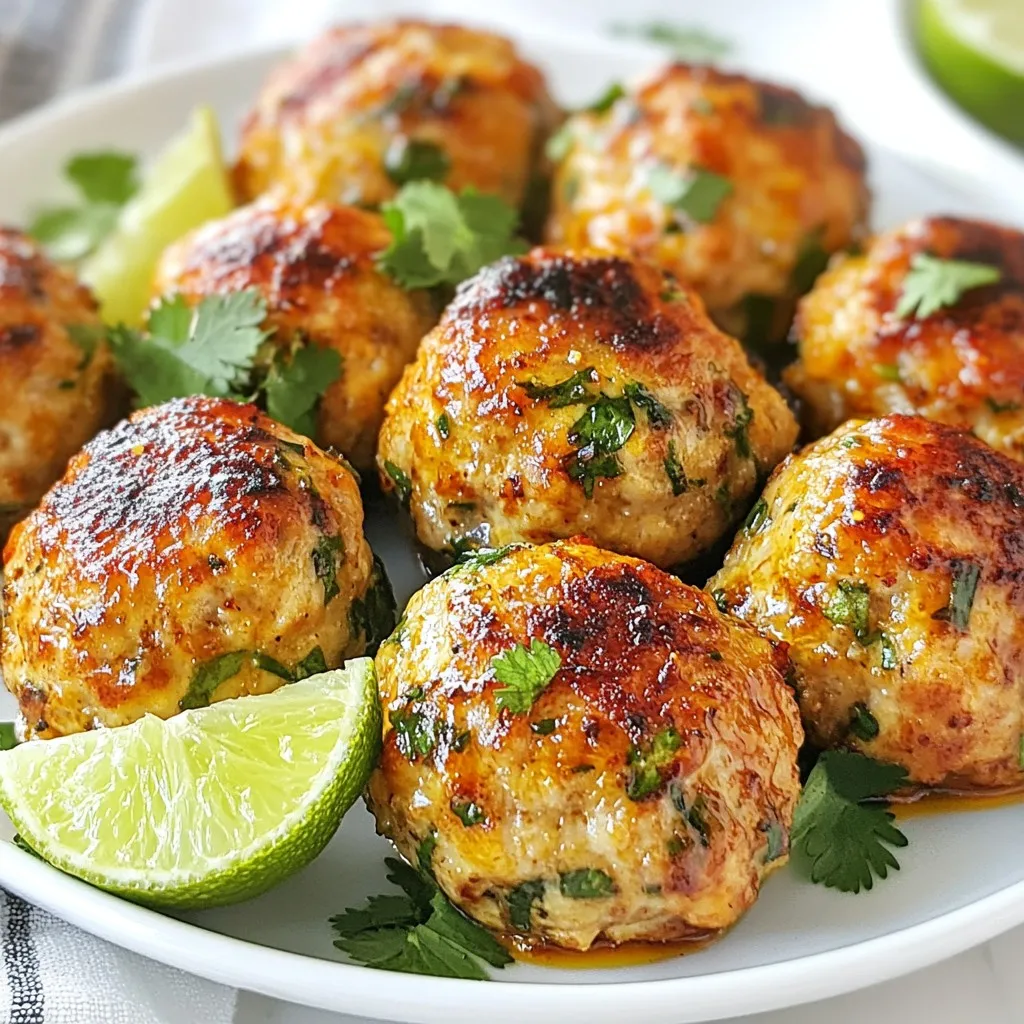 - 1 pound ground chicken - 1/2 cup breadcrumbs - 1/4 cup fresh cilantro, finely chopped - 2 green onions, thinly sliced - 2 cloves garlic, minced - 1 tablespoon fresh ginger, grated - 2 tablespoons Thai red curry paste - 1 tablespoon fish sauce - 1 tablespoon soy sauce - 1 egg, lightly beaten - 1 tablespoon lime juice - 1/2 teaspoon salt - 1/4 teaspoon black pepper - Cooking spray or olive oil, for greasing In this recipe, ground chicken acts as the main protein. It brings a light flavor that pairs well with fresh herbs and spices. I love using fresh cilantro and green onions for brightness. Garlic and ginger add depth, while Thai red curry paste gives the meatballs their signature kick. Fish sauce and soy sauce enhance the umami profile. An egg binds the mixture, keeping it moist. The lime juice adds a nice zing that cuts through the richness. - Substitute ground turkey or beef for chicken. - Use gluten-free breadcrumbs for a gluten-free option. - Consider a spicy dipping sauce made with sriracha and lime. - Try peanut sauce for a creamy twist. If you want to switch things up, you can use ground turkey or beef instead of chicken. If you need a gluten-free option, just use gluten-free breadcrumbs. For dipping sauces, sriracha mixed with lime juice adds heat. If you prefer creamy, a peanut sauce will take it to the next level. - Mixing bowl and spoons - Baking sheet - Measuring cups and spoons You will need a mixing bowl and some spoons to combine the ingredients. A baking sheet is essential for cooking the meatballs evenly. Make sure you have measuring cups and spoons to get the amounts just right. This will help ensure that your meatballs turn out perfectly every time. {{ingredient_image_2}} First, you need to preheat your oven to 400°F (200°C). This step helps to cook the meatballs evenly. While the oven heats up, grab a baking sheet. Line it with parchment paper. This keeps the meatballs from sticking. Lightly spray it with cooking spray or drizzle a bit of olive oil on top. This will give the meatballs a nice texture. In a big mixing bowl, it's time to bring it all together. Add the ground chicken, breadcrumbs, and fresh herbs. Toss in the cilantro, green onions, minced garlic, and grated ginger. Don’t forget the Thai red curry paste, fish sauce, soy sauce, beaten egg, lime juice, salt, and black pepper. Use your hands to mix everything gently. Make sure not to overmix. If you do, the meatballs can become hard. Now, you’ll shape the meatballs. With clean hands, take small bits of the mixture. Roll them into 1-inch balls. Place them on the baking sheet, leaving space between each one. This helps them cook properly. Once all the meatballs are on the sheet, give the tops a light spray of cooking spray. This helps them get that beautiful golden color. Bake the meatballs in your preheated oven for about 20 to 25 minutes. You will know they are ready when they turn golden brown and are fully cooked. For a crispy finish, switch the oven to broil. Broil the meatballs for 2 to 3 minutes. Keep a close eye on them to avoid burning! Finally, take them out and let them cool a bit before serving. To get tender meatballs, avoid overmixing. When you mix the chicken and other ingredients, do it gently. Overmixing makes the meatballs tough. Just combine until everything is mixed well. This keeps them soft and juicy. You can adjust the spices and heat levels to fit your taste. If you like more heat, add more Thai red curry paste. For a milder flavor, use less. You can also try adding fresh herbs like basil or mint for a different twist. Experiment and find your perfect flavor! Serving your meatballs well makes them more appealing. Arrange them on a nice plate. Add extra cilantro and lime wedges for a pop of color. A simple dipping sauce can elevate the dish. Mix soy sauce, lime juice, and honey for a tasty dip. It balances sweetness and saltiness, making each bite even better! Pro Tips Keep It Moist: Adding a splash of coconut milk to the meatball mixture can enhance moisture and flavor, giving your meatballs an authentic Thai taste. Use Fresh Ingredients: Whenever possible, opt for fresh herbs like cilantro and lime. They significantly boost the flavor profile of your meatballs. Experiment with Spices: Don't hesitate to adjust the level of Thai red curry paste based on your spice preference. Start with a smaller amount and add more to taste. Perfectly Cooked: To ensure your meatballs are cooked through without drying out, use a meat thermometer. Aim for an internal temperature of 165°F (74°C). {{image_4}} You can change up the protein in these meatballs. Try ground turkey or pork for a twist. If you want a plant-based option, use lentils or chickpeas. For a binding agent, swap breadcrumbs with cooked rice or oats. These changes keep the flavor fun and fresh. Serve your meatballs with a spicy peanut sauce for a tasty kick. You can also pair them with sweet chili sauce for a milder option. Fresh veggies like cucumber or carrots add crunch. Serve the meatballs on a bed of rice or noodles for a full meal. To make this dish gluten-free, use gluten-free breadcrumbs. You can also use tamari instead of soy sauce. If you like heat, add more Thai red curry paste or fresh chili. These simple swaps keep everyone happy at the table. To store meatballs for short-term use, let them cool first. Place cooked meatballs in an airtight container. You can keep them in the fridge for up to four days. If you want to reheat, just warm them in the oven or microwave until hot. Freezing is a great way to keep your meatballs fresh. To do this, let the meatballs cool completely. Then, arrange them in a single layer on a baking sheet. Freeze them for about an hour. Once frozen, place them in a freezer bag or container. They can last up to three months in the freezer. When you’re ready to eat, bake straight from the freezer. Just add a few extra minutes to the cook time. For best taste and safety, check your meatballs often. In the fridge, eat them within four days. In the freezer, use them within three months. Always check for any signs of spoilage, like a funny smell or strange color. If you see any, it’s best to throw them away. Check the meatballs for doneness by using a meat thermometer. The center should reach 165°F (74°C). If you don't have a thermometer, cut one open. The meat should be white with no pink inside. The outside should be golden brown. Yes, you can use other meats. Ground turkey works well. Pork or beef are also great choices. Just keep the same seasoning and ingredient amounts for best results. These meatballs pair well with many sides. Serve them with jasmine rice for a classic touch. Fresh veggies, like cucumber or bell peppers, add crunch. You can also try a sweet chili sauce for dipping. A simple salad can brighten the meal too. You can now make delicious Thai baked chicken meatballs with ease. We covered the key ingredients, kitchen tools, and options for variations that suit your needs. With simple steps, you can mix, shape, and bake meatballs that impress. Remember to store leftovers properly and enjoy your creations later. Make the recipe yours by trying different herbs or dipping sauces. With these tips, you can serve up mouthwatering meatballs every time. Experiment, taste, and enjoy this fun and tasty dish!