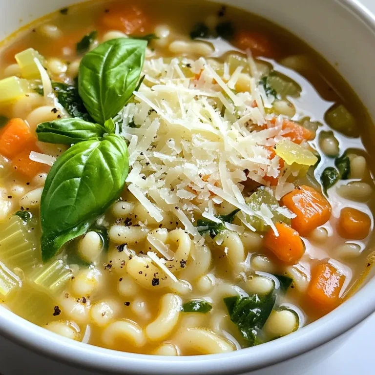 - Pastina and Broth - 1 cup pastina (tiny pasta shapes) - 4 cups vegetable broth - Vegetables - 1 cup fresh spinach, roughly chopped - 1 medium carrot, diced into small cubes - 1 celery stalk, diced - 1 small onion, finely chopped - 2 cloves garlic, minced - Seasoning and Oils - 1 teaspoon dried thyme - 1 teaspoon dried oregano - Sea salt and freshly ground black pepper to taste - 2 tablespoons extra virgin olive oil - Optional Garnishes - 1/4 cup grated Parmesan cheese (optional, for serving) - Fresh basil leaves for garnish The key to a great Cozy Italian Pastina Soup is its ingredients. First, you need pastina and broth. This tiny pasta cooks quickly and adds comfort. Use vegetable broth for a rich base. Next, gather your vegetables. Fresh spinach brings color and nutrients. Carrots add sweetness, while celery gives a nice crunch. Don’t forget the onion and garlic; they build a flavorful base. For seasoning, thyme and oregano work well together. They add depth to the soup. Use sea salt and freshly ground black pepper to taste. A good drizzle of extra virgin olive oil enhances the flavor too. Lastly, think about garnishes. Grated Parmesan cheese adds creaminess, while fresh basil brightens the dish. These small touches make your soup even better! {{ingredient_image_2}} 1. Sautéing the Base Vegetables Heat 2 tablespoons of extra virgin olive oil in a large pot over medium heat. Once hot, add 1 small finely chopped onion, 1 medium diced carrot, and 1 diced celery stalk. Stir this mix for about 5 minutes. The goal is to soften the veggies and make the onion look clear. 2. Adding Broth and Pasta After the veggies soften, add 2 cloves of minced garlic. Cook for about 1 minute. The garlic should smell nice. Next, carefully pour in 4 cups of vegetable broth. Turn up the heat until it bubbles. Once boiling, stir in 1 cup of pastina. Cook it for 5 to 7 minutes, or until the pasta is just right. 3. Incorporating Spinach and Seasonings When the pastina is done, mix in 1 cup of roughly chopped spinach, 1 teaspoon of dried thyme, and 1 teaspoon of dried oregano. Season with sea salt and fresh black pepper to taste. Let this simmer for 2 to 3 minutes. The spinach will wilt and turn bright green. 4. Serving Suggestions Taste the soup and add more salt or pepper if needed. If you want, stir in 1/4 cup of grated Parmesan cheese. This adds a nice flavor. Take the pot off the heat and let the soup sit for a few minutes. Serve it warm in bowls. Add fresh basil leaves and extra Parmesan on top for a lovely finish. Enjoy! Perfecting the Pastina Texture To get the pastina just right, watch the cooking time closely. Cook it until it is al dente, which means it should be firm but not hard. This gives your soup a nice bite. If you overcook it, the pasta can get mushy. I usually check a minute before the package says it’s done. Balancing Flavors with Seasoning Seasoning is vital for great soup. As you add salt and pepper, taste it often. Start with a pinch of salt and a few cracks of pepper. You can always add more, but you can’t take it away. The dried thyme and oregano also bring out the flavors. Add them to the pot while simmering for a deeper taste. Enhancing Aroma with Fresh Herbs Fresh herbs can make your soup smell amazing. Right before serving, tear some fresh basil leaves and sprinkle them on top. This adds a burst of fresh flavor and a lovely scent. If you have extra herbs, feel free to mix in some parsley or even a bit of rosemary for a twist. Pro Tips Use Homemade Broth: For an even richer flavor, consider using homemade vegetable broth instead of store-bought. It adds depth to the soup. Add a Protein: To make this soup heartier, you can stir in cooked chicken, beans, or lentils for added protein and texture. Fresh Herbs: While dried herbs work well, fresh thyme or oregano can elevate the flavor profile. Add them towards the end of cooking for a vibrant taste. Store Properly: If you have leftovers, store the soup and pastina separately to prevent the pasta from becoming mushy. Reheat gently when ready to serve. {{image_4}} Alternative Pasta Options If you can’t find pastina, try using small shells or orzo instead. Both options cook well and add a nice bite to the soup. You can even use gluten-free pasta if needed. Just adjust the cooking time based on the pasta you choose. Adding Protein Choices Want to make your soup heartier? You can add cooked chicken or turkey. Shredded rotisserie chicken works great. If you prefer plant-based options, try adding canned beans like chickpeas or white beans. They boost protein and fiber. Flavor Variations with Different Herbs Feel free to mix up the herbs! Instead of thyme and oregano, try fresh parsley or dill for a bright taste. Basil is also a great choice. Adding fresh herbs right before serving brightens the soup and enhances the flavors. You can even add a squeeze of lemon for extra zest! After you enjoy your Cozy Italian Pastina Soup, store any leftovers. Let the soup cool down first. Pour it into an airtight container. Seal it tightly to keep it fresh. You can store the soup in the fridge for up to three days. If you want to save the soup for later, divide it into smaller portions. This makes it easier to heat up later. Use glass or plastic containers. Label each container with the date. This way, you’ll know how long it has been stored. To reheat, pour the soup into a pot. Heat it over medium-low heat. Stir it often to prevent sticking. If the soup is too thick, add a little water or broth. Heat until it’s warmed through. You can also use a microwave. Place the soup in a microwave-safe bowl. Heat it for one to two minutes, stirring halfway through. Enjoy your warm, cozy soup again! Pastina is a tiny pasta shape, often used in soups. It cooks quickly and adds a nice texture. You can find it in many shapes like stars or little grains. It's perfect for cozy dishes like this soup. Yes, you can easily make this soup vegan. Just replace the Parmesan cheese with a vegan option or skip it altogether. Use vegetable broth as your base, and you’re all set. This soup will still taste great. The soup stays fresh for about 3 to 4 days in the fridge. Be sure to store it in an airtight container. This way, the flavors remain intact while it cools. Yes, you can freeze Cozy Italian Pastina Soup! Just let it cool first. Pour it into freezer-safe containers. It can last up to 2 months in the freezer. When you're ready to eat, thaw it in the fridge overnight. This soup pairs well with crusty bread or a fresh salad. You can also serve it with a sprinkle of more cheese on top. For a special touch, add a drizzle of olive oil or fresh herbs to enhance the flavor. This blog post detailed how to make a cozy Italian pastina soup. You learned about the key ingredients, such as pastina, broth, and fresh veggies. I shared step-by-step instructions to create the perfect dish. You also discovered helpful tips for better flavor and texture. Variations let you personalize your soup with different ingredients. Don't forget to store leftovers properly for later enjoyment. With these insights, you can make a warm, delicious meal your family will love. Enjoy cooking and savor each bowl!