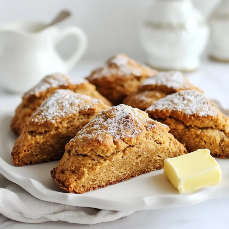 To make gingerbread scones, gather these key ingredients: - 2 cups all-purpose flour - 1/3 cup packed brown sugar - 2 teaspoons baking powder - 1 teaspoon ground ginger - 1 teaspoon ground cinnamon - 1/2 teaspoon ground nutmeg - 1/2 teaspoon salt - 1/2 cup unsalted butter, chilled and cut into small cubes - 1/2 cup molasses - 1/3 cup heavy cream - 1 large egg, at room temperature - 1 teaspoon vanilla extract - Turbinado sugar, for garnishing These ingredients combine to create rich flavors and a soft texture. You can swap some ingredients for a different taste or dietary needs: - Use whole wheat flour for a heartier scone. - Replace brown sugar with coconut sugar for a lighter sweetness. - Maple syrup can work instead of molasses for a unique flavor. - A dairy-free butter alternative can replace unsalted butter. - Almond milk or coconut cream can substitute for heavy cream. These swaps allow you to customize your scones while keeping the spirit of the recipe. Want to add a twist? Try these tips: - Mix in chocolate chips for a sweet surprise. - Add chopped nuts like pecans or walnuts for crunch. - Dried cranberries or raisins can bring extra sweetness. - A pinch of cloves or allspice can enhance the holiday spice profile. - Consider a glaze made from powdered sugar and milk for a sweet finish. These enhancements can make your gingerbread scones even more delightful and festive. {{ingredient_image_2}} First, set your oven to 400°F (200°C). This heat makes the scones rise nicely. While the oven warms up, grab a baking sheet. Line it with parchment paper to stop the scones from sticking. This small step makes clean-up easier! Next, take a large bowl and add the dry ingredients. Combine 2 cups of flour, 1/3 cup of brown sugar, 2 teaspoons of baking powder, 1 teaspoon of ground ginger, 1 teaspoon of ground cinnamon, 1/2 teaspoon of ground nutmeg, and 1/2 teaspoon of salt. Whisk these dry ingredients until they blend well. In another bowl, mix the wet ingredients. Whisk together 1/2 cup of molasses, 1/3 cup of heavy cream, 1 large egg, and 1 teaspoon of vanilla extract until smooth. This mix adds great flavor! Now, add the chilled butter into the dry mix. Use your fingertips or a pastry cutter to blend it in. You want it to look like coarse crumbs with small lumps. Once mixed, pour the wet ingredients into the dry. Stir gently with a wooden spoon until just combined. Avoid over-mixing. Transfer the dough to a floured surface. Knead gently a few times until it holds together. Shape it into a round disc about 1-inch thick. Cut the dough into wedges or use a round cutter for uniform scones. Place them on your prepared baking sheet with space between each. Brush the tops of the scones lightly with heavy cream. Sprinkle turbinado sugar on top for a sweet crunch. Now, place the baking sheet in the oven. Bake for 15 to 18 minutes. The scones should turn golden brown. Check with a toothpick; it should come out clean. Once they are done, take them out and let them cool on the baking sheet for a few minutes. Then, transfer them to a wire rack to cool completely. Enjoy the warm, sweet aroma filling your kitchen! To get the best texture in your gingerbread scones, keep a few tips in mind. First, use cold butter. Chilled butter creates a flaky scone. Cut it into small cubes before mixing it in. This helps keep the butter cold while you work. Next, don't over-mix the dough. Mix just until the wet and dry ingredients come together. Over-mixing can make your scones tough. You want them light and fluffy. Finally, shape your dough gently. Knead it just enough to hold together. Aim for a round disc about 1-inch thick. This helps the scones bake evenly. One common mistake is using warm butter. Warm butter can lead to flat scones. Always use cold butter for the best rise. Another mistake is not measuring ingredients correctly. Use dry measuring cups for flour and sugar. Too much flour can dry out your scones. Also, avoid skipping the resting time. Let the scones rest before baking. This helps them rise better. Lastly, don't forget to leave space on the baking sheet. Scones need room to expand. If they touch, they won’t bake evenly. Serve your gingerbread scones warm. They taste great with a pat of butter. You can also add a dollop of your favorite jam. For a festive touch, arrange the scones on a pretty plate. Sprinkle some extra spices on top for color. You can also add fresh cranberries for a nice look. Pair these scones with hot tea or coffee. They make a perfect holiday treat for friends and family. Enjoy the cozy flavors of gingerbread! Pro Tips Chill Your Ingredients: Ensure your butter and cream are cold before mixing. This helps the scones rise and achieve a flaky texture. Don't Overmix: When combining wet and dry ingredients, mix until just combined. Overmixing can lead to tough scones. Use Fresh Spices: Freshly ground spices can enhance the flavor of your scones. Consider using whole spices and grinding them just before use. Experiment with Add-Ins: Feel free to add chopped nuts, dried fruits, or chocolate chips to the dough for added texture and flavor. {{image_4}} You can enhance your gingerbread scones by adding nuts or dried fruits. Chopped walnuts or pecans add crunch. Dried cranberries or raisins provide a sweet burst. Just fold in about 1/2 cup of your choice into the dough. This makes each bite even more delightful. Think about adding new flavors to your scones. For a citrusy twist, add the zest of one orange or lemon. This brightens the flavor and pairs well with the spices. You could also try adding a touch of cardamom or even some cocoa powder for a unique taste. These small changes keep the recipe fresh and exciting. If you need a gluten-free option, use a gluten-free flour blend. Look for one that contains xanthan gum for best results. Replace the all-purpose flour with 2 cups of this blend. Keep the other ingredients the same. Your scones will still be soft and tasty, perfect for everyone to enjoy! To keep your gingerbread scones fresh, store them in an airtight container. If you leave them out, they can dry out quickly. Place a piece of parchment paper or a clean kitchen towel inside to help absorb moisture. This keeps them soft. You can store them at room temperature for up to two days. For longer storage, consider the freezer. When you want to enjoy a scone again, reheating is simple. Preheat your oven to 350°F (175°C). Place the scones on a baking sheet. Heat them for about 5 to 10 minutes. This method warms them up while keeping them soft. You can also use a microwave, but the oven is better if you want that fresh-baked feel. If you want to make scones ahead of time, freezing is a great option. After baking, let the scones cool completely. Wrap each scone tightly in plastic wrap. Then, place them in a freezer-safe bag or container. They can last in the freezer for up to three months. When you're ready to eat, thaw them overnight in the fridge or at room temperature for a few hours. Then, reheat as mentioned above. This way, you’ll have delicious scones ready for any holiday gathering! Yes, you can make the dough ahead of time. After mixing the dough, wrap it tightly in plastic wrap. Place it in the fridge for up to 24 hours. This method helps the flavors blend. When you’re ready to bake, simply shape and cut the scones. To check if the scones are done, look for a golden brown color. Insert a toothpick into the center of a scone. If it comes out clean, the scones are ready. They should feel firm to the touch. Keep an eye on the time; baking usually takes 15-18 minutes. Absolutely! You can mix in spices like cloves or allspice for more flavor. If you prefer a different sweetener, honey or maple syrup works well. Just adjust the wet ingredients slightly to keep the dough right. Feel free to experiment and find your favorite mix! This blog post covered everything you need for making delicious gingerbread scones. We discussed key ingredients, useful substitutions, and how to enhance flavors. You learned step-by-step instructions for baking, plus tips to avoid common mistakes. Variations, storage, and FAQs provided extra guidance to ensure success. With this information, you can bake scones that impress. Enjoy experimenting with flavors and sharing your tasty creations with friends and family!