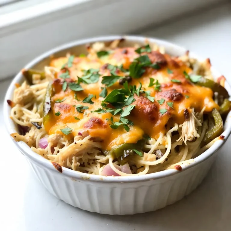 - 8 oz spaghetti - 2 cups cooked chicken, shredded - 1 cup Monterey Jack cheese, shredded - 1 cup cheddar cheese, shredded - 1 cup cooked green bell peppers, diced - 1 cup cooked red onion, diced - 1 can (10.5 oz) cream of chicken soup - 1/2 cup sour cream - 1 cup chicken broth - 1 tablespoon garlic powder - 1 teaspoon onion powder - Salt and pepper to taste - Fresh parsley, finely chopped, for garnish Gathering the right ingredients is key for a great Monterey Chicken Spaghetti Bake. Start with 8 oz of spaghetti. Cook it until it’s just right, so it stays firm. Then, add 2 cups of cooked, shredded chicken. This gives the dish a hearty base. For the cheesy goodness, use 1 cup each of Monterey Jack and cheddar cheese. These cheeses melt well and add a great taste. You will also need 1 cup each of cooked green bell peppers and red onion. These veggies add color and crunch. Next, grab a can of cream of chicken soup, 1/2 cup of sour cream, and 1 cup of chicken broth. These ingredients create a creamy sauce that binds everything. For seasoning, you will need 1 tablespoon of garlic powder and 1 teaspoon of onion powder. Salt and pepper will bring all the flavors together. Finally, chop some fresh parsley for a bright finish. With these ingredients, you are ready to make a dish that your family will love! {{ingredient_image_2}} 1. Preheat the oven to 350°F (175°C). This sets the stage for baking. 2. Cook 8 oz of spaghetti according to package directions. Drain it well and let it cool. 3. In a large bowl, mix 2 cups of shredded chicken, cooked spaghetti, and 1 cup each of diced green bell peppers and red onion. 1. Now, add 1 can of cream of chicken soup and 1/2 cup of sour cream. 2. Pour in 1 cup of chicken broth. 3. Season the mix with 1 tablespoon of garlic powder, 1 teaspoon of onion powder, and some salt and pepper. 4. Stir everything together until the mix is uniform and well combined. 1. Grease a 9x13-inch baking dish with non-stick spray. 2. Pour the chicken and spaghetti mix into the dish. Spread it evenly with a spatula. 3. Top the dish with 1 cup of shredded Monterey Jack cheese and 1 cup of shredded cheddar cheese. 4. Cover the dish tightly with foil. Bake for 25 minutes to lock in moisture. 5. After 25 minutes, remove the foil and bake for another 10-15 minutes. Look for melted and golden cheese. 6. Once done, take it out and let it cool for 5-10 minutes. This helps it set for easier serving. 7. Before serving, sprinkle fresh parsley on top for color and flavor. Cooking spaghetti al dente is key. This means the pasta should be firm when you bite it. If you cook it too soft, it will turn mushy in the bake. To get it just right, follow the package directions closely. Once cooked, drain the spaghetti and let it cool a bit. Mixing the ingredients evenly is very important. It helps each bite taste the same. Use a large mixing bowl and be sure to stir all the ingredients well. This way, every scoop gets chicken, veggies, and cheese. Spices can boost the flavor a lot. I suggest adding some paprika for a mild kick. You might also try a pinch of cayenne pepper for heat. Fresh herbs like thyme or basil can make a big difference too. Before serving, consider toppings that add texture. You could sprinkle crispy fried onions on top. Another great option is to add slices of avocado for creaminess. This dish pairs well with a green salad. A light vinaigrette can give a nice contrast. You might also serve it with some garlic bread for a hearty meal. For presentation, serve the bake in the dish it was cooked in. This keeps it warm and cozy. Garnish with fresh parsley to add color and freshness. It makes the dish look beautiful and inviting. Pro Tips Cook Pasta Al Dente: Make sure to cook your spaghetti just until al dente, as it will continue to cook in the oven. This prevents it from becoming mushy. Shred Chicken Efficiently: For quick shredding, use two forks or a hand mixer on low speed to shred the cooked chicken. This saves time and ensures even pieces. Customize Veggies: Feel free to swap in other vegetables like mushrooms or zucchini based on your preference or what you have on hand for added flavor and nutrition. Let It Rest: After baking, allow the dish to rest for 5-10 minutes before serving. This helps the layers set, making it easier to serve and enjoy. {{image_4}} You can change the cheese in this dish. Monterey Jack is great, but try mozzarella or gouda. Each cheese brings a new taste. You can also swap the meat. Use turkey instead of chicken for a leaner option. Sausage adds a nice kick too. To make this dish gluten-free, use gluten-free spaghetti. There are many good options on the market. If you want a vegan dish, replace the chicken with tofu or chickpeas. Use vegan cream of chicken soup and dairy-free cheese. Adding veggies can boost flavor and nutrition. Try mushrooms or spinach for a heartier feel. You can also play with sauces. Use Alfredo for a creamier dish or marinara for a tangy kick. Each option changes the taste and makes it unique. To store leftovers, let the bake cool completely. Then, place it in an airtight container. This keeps it fresh and tasty. You can store it in the fridge for up to three days. Make sure to label it with the date. This way, you know when to eat it. If you want to freeze the bake, use a freezer-safe dish. Cover it tightly with plastic wrap, then foil. This helps to prevent freezer burn. You can freeze it for up to three months. When you’re ready to eat, move it to the fridge to defrost overnight. When reheating, you want to keep the texture nice. The oven works best for this. Preheat it to 350°F (175°C). Cover the dish with foil to keep it moist. Bake for about 20 minutes, or until hot. If you use a microwave, heat in short bursts. Stir it often to avoid hot spots. Can I use raw chicken instead of cooked? No, using raw chicken is not safe here. You want fully cooked chicken. It saves time and ensures safety. Always use cooked chicken to mix with the other ingredients. Shredded rotisserie chicken works great. How long does it take to bake from frozen? Baking from frozen takes about an hour. First, preheat your oven to 350°F. Cover your dish with foil. Bake for 40 minutes, then uncover and bake another 20 minutes. Ensure the center is hot before serving. Can I use whole wheat spaghetti for this recipe? Yes, whole wheat spaghetti works well! It adds a nutty flavor and is a healthier choice. Just cook it to al dente, just like regular spaghetti. What toppings can I add to enhance the dish? You can add more cheese, like mozzarella or feta. Crushed tortilla chips give it a nice crunch. Fresh herbs like basil or cilantro also boost flavor. Try adding sliced olives for a salty touch. What can I use instead of cream of chicken soup? You can use homemade chicken sauce or vegetable broth mixed with a bit of flour. This will keep your bake creamy. You might also try a can of cream of mushroom soup for a different taste. Are there low-calorie alternatives for sour cream? Yes, Greek yogurt is a great substitute. It has a similar texture and taste. You can also use low-fat sour cream for fewer calories. These swaps offer a healthy touch without losing creaminess. This blog post explored a tasty chicken spaghetti bake. We covered key ingredients, including chicken, cheese, and broth. I shared step-by-step instructions for preparing and baking the dish. You learned helpful tips and ways to customize your meal. In conclusion, this recipe is simple and great for family dinners. Feel free to swap ingredients for your own twist. With careful storage and reheating, leftovers can bring joy for days. Enjoy making this dish your own!
