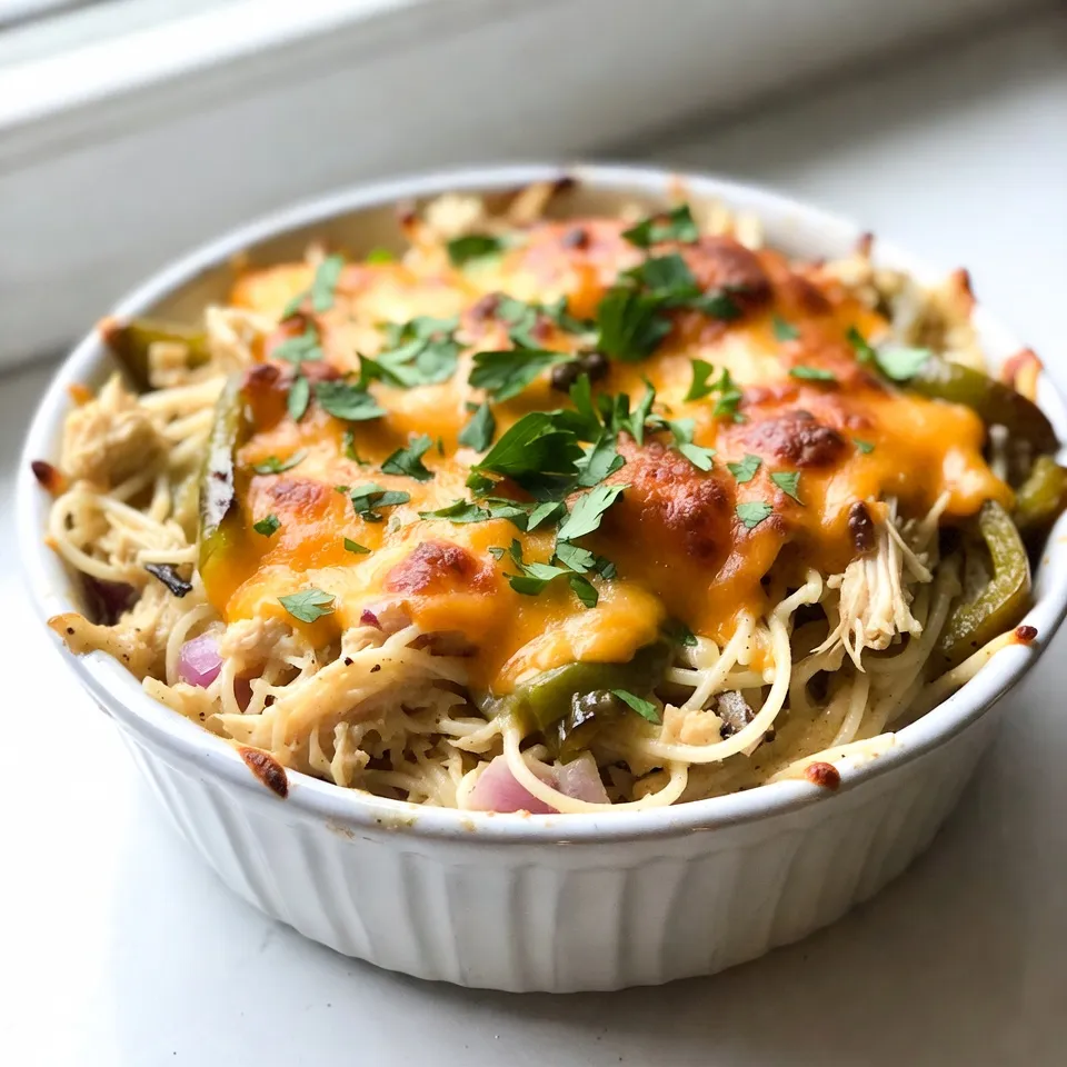 - 8 oz spaghetti - 2 cups cooked chicken, shredded - 1 cup Monterey Jack cheese, shredded - 1 cup cheddar cheese, shredded - 1 cup cooked green bell peppers, diced - 1 cup cooked red onion, diced - 1 can (10.5 oz) cream of chicken soup - 1/2 cup sour cream - 1 cup chicken broth - 1 tablespoon garlic powder - 1 teaspoon onion powder - Salt and pepper to taste - Fresh parsley, finely chopped, for garnish Gathering the right ingredients is key for a great Monterey Chicken Spaghetti Bake. Start with 8 oz of spaghetti. Cook it until it’s just right, so it stays firm. Then, add 2 cups of cooked, shredded chicken. This gives the dish a hearty base. For the cheesy goodness, use 1 cup each of Monterey Jack and cheddar cheese. These cheeses melt well and add a great taste. You will also need 1 cup each of cooked green bell peppers and red onion. These veggies add color and crunch. Next, grab a can of cream of chicken soup, 1/2 cup of sour cream, and 1 cup of chicken broth. These ingredients create a creamy sauce that binds everything. For seasoning, you will need 1 tablespoon of garlic powder and 1 teaspoon of onion powder. Salt and pepper will bring all the flavors together. Finally, chop some fresh parsley for a bright finish. With these ingredients, you are ready to make a dish that your family will love! {{ingredient_image_2}} 1. Preheat the oven to 350°F (175°C). This sets the stage for baking. 2. Cook 8 oz of spaghetti according to package directions. Drain it well and let it cool. 3. In a large bowl, mix 2 cups of shredded chicken, cooked spaghetti, and 1 cup each of diced green bell peppers and red onion. 1. Now, add 1 can of cream of chicken soup and 1/2 cup of sour cream. 2. Pour in 1 cup of chicken broth. 3. Season the mix with 1 tablespoon of garlic powder, 1 teaspoon of onion powder, and some salt and pepper. 4. Stir everything together until the mix is uniform and well combined. 1. Grease a 9x13-inch baking dish with non-stick spray. 2. Pour the chicken and spaghetti mix into the dish. Spread it evenly with a spatula. 3. Top the dish with 1 cup of shredded Monterey Jack cheese and 1 cup of shredded cheddar cheese. 4. Cover the dish tightly with foil. Bake for 25 minutes to lock in moisture. 5. After 25 minutes, remove the foil and bake for another 10-15 minutes. Look for melted and golden cheese. 6. Once done, take it out and let it cool for 5-10 minutes. This helps it set for easier serving. 7. Before serving, sprinkle fresh parsley on top for color and flavor. Cooking spaghetti al dente is key. This means the pasta should be firm when you bite it. If you cook it too soft, it will turn mushy in the bake. To get it just right, follow the package directions closely. Once cooked, drain the spaghetti and let it cool a bit. Mixing the ingredients evenly is very important. It helps each bite taste the same. Use a large mixing bowl and be sure to stir all the ingredients well. This way, every scoop gets chicken, veggies, and cheese. Spices can boost the flavor a lot. I suggest adding some paprika for a mild kick. You might also try a pinch of cayenne pepper for heat. Fresh herbs like thyme or basil can make a big difference too. Before serving, consider toppings that add texture. You could sprinkle crispy fried onions on top. Another great option is to add slices of avocado for creaminess. This dish pairs well with a green salad. A light vinaigrette can give a nice contrast. You might also serve it with some garlic bread for a hearty meal. For presentation, serve the bake in the dish it was cooked in. This keeps it warm and cozy. Garnish with fresh parsley to add color and freshness. It makes the dish look beautiful and inviting. Pro Tips Cook Pasta Al Dente: Make sure to cook your spaghetti just until al dente, as it will continue to cook in the oven. This prevents it from becoming mushy. Shred Chicken Efficiently: For quick shredding, use two forks or a hand mixer on low speed to shred the cooked chicken. This saves time and ensures even pieces. Customize Veggies: Feel free to swap in other vegetables like mushrooms or zucchini based on your preference or what you have on hand for added flavor and nutrition. Let It Rest: After baking, allow the dish to rest for 5-10 minutes before serving. This helps the layers set, making it easier to serve and enjoy. {{image_4}} You can change the cheese in this dish. Monterey Jack is great, but try mozzarella or gouda. Each cheese brings a new taste. You can also swap the meat. Use turkey instead of chicken for a leaner option. Sausage adds a nice kick too. To make this dish gluten-free, use gluten-free spaghetti. There are many good options on the market. If you want a vegan dish, replace the chicken with tofu or chickpeas. Use vegan cream of chicken soup and dairy-free cheese. Adding veggies can boost flavor and nutrition. Try mushrooms or spinach for a heartier feel. You can also play with sauces. Use Alfredo for a creamier dish or marinara for a tangy kick. Each option changes the taste and makes it unique. To store leftovers, let the bake cool completely. Then, place it in an airtight container. This keeps it fresh and tasty. You can store it in the fridge for up to three days. Make sure to label it with the date. This way, you know when to eat it. If you want to freeze the bake, use a freezer-safe dish. Cover it tightly with plastic wrap, then foil. This helps to prevent freezer burn. You can freeze it for up to three months. When you’re ready to eat, move it to the fridge to defrost overnight. When reheating, you want to keep the texture nice. The oven works best for this. Preheat it to 350°F (175°C). Cover the dish with foil to keep it moist. Bake for about 20 minutes, or until hot. If you use a microwave, heat in short bursts. Stir it often to avoid hot spots. Can I use raw chicken instead of cooked? No, using raw chicken is not safe here. You want fully cooked chicken. It saves time and ensures safety. Always use cooked chicken to mix with the other ingredients. Shredded rotisserie chicken works great. How long does it take to bake from frozen? Baking from frozen takes about an hour. First, preheat your oven to 350°F. Cover your dish with foil. Bake for 40 minutes, then uncover and bake another 20 minutes. Ensure the center is hot before serving. Can I use whole wheat spaghetti for this recipe? Yes, whole wheat spaghetti works well! It adds a nutty flavor and is a healthier choice. Just cook it to al dente, just like regular spaghetti. What toppings can I add to enhance the dish? You can add more cheese, like mozzarella or feta. Crushed tortilla chips give it a nice crunch. Fresh herbs like basil or cilantro also boost flavor. Try adding sliced olives for a salty touch. What can I use instead of cream of chicken soup? You can use homemade chicken sauce or vegetable broth mixed with a bit of flour. This will keep your bake creamy. You might also try a can of cream of mushroom soup for a different taste. Are there low-calorie alternatives for sour cream? Yes, Greek yogurt is a great substitute. It has a similar texture and taste. You can also use low-fat sour cream for fewer calories. These swaps offer a healthy touch without losing creaminess. This blog post explored a tasty chicken spaghetti bake. We covered key ingredients, including chicken, cheese, and broth. I shared step-by-step instructions for preparing and baking the dish. You learned helpful tips and ways to customize your meal. In conclusion, this recipe is simple and great for family dinners. Feel free to swap ingredients for your own twist. With careful storage and reheating, leftovers can bring joy for days. Enjoy making this dish your own!