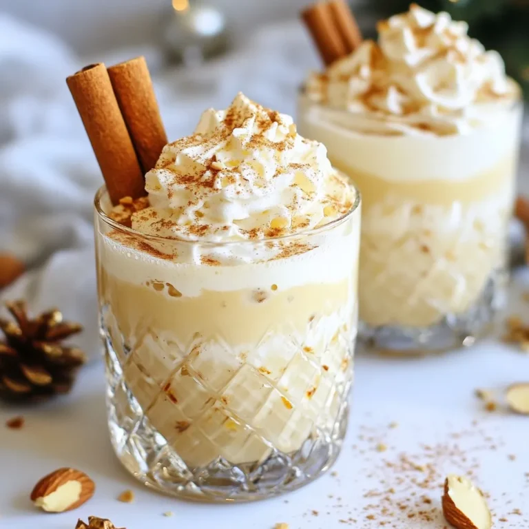 To make a delightful Amaretto Eggnog Spritz, gather the following ingredients: - 2 cups homemade or store-bought eggnog - 1/2 cup non-alcoholic amaretto syrup - 1 cup sparkling water or club soda - 1/2 teaspoon ground nutmeg - 1/2 teaspoon ground cinnamon - 1 tablespoon pure vanilla extract - Ice cubes - Whipped cream (for a luscious garnish) - Cinnamon sticks (for garnish, optional) - Crushed almonds (for a crunchy garnish, optional) This mix of flavors creates a festive drink. The eggnog gives a creamy base. Amaretto syrup adds a sweet, nutty note. Sparkling water adds fizz and fun. The spices make it warm and cozy. You can easily find these ingredients at most stores. If you like, you can make eggnog at home too. Just blend eggs, milk, cream, and sugar, then chill it. Enjoy this recipe with friends and family during the holidays! {{ingredient_image_2}} Start by mixing the eggnog and non-alcoholic amaretto syrup in a large bowl. Add in the ground nutmeg, ground cinnamon, and pure vanilla extract. Stir gently until everything blends well. This mix is the heart of your drink, giving it a rich flavor. Next, grab your favorite glasses. Fill each one with ice cubes. Aim to fill them about three-quarters full. This keeps your drink nice and cool. Carefully pour the eggnog mixture over the ice in each glass. Fill them halfway. This leaves room for the sparkling water, which adds a fizzy touch. Now comes the fun part! Top each glass with sparkling water or club soda. Pour it gently to avoid spilling. This step adds a refreshing fizz to your drink. Take a spoon and stir the mix in each glass. Do it gently to keep the bubbles. You want everything to blend but still be fizzy. Finally, add a generous dollop of whipped cream on top. This makes the drink look beautiful. You can also sprinkle a bit of nutmeg or cinnamon on the cream for extra flair. If you like, add a cinnamon stick and some crushed almonds for a crunchy touch. Enjoy your Amaretto Eggnog Spritz as a festive treat! When making your Amaretto Eggnog Spritz, choose your eggnog wisely. You can use homemade eggnog for a fresh taste. Homemade versions often have richer flavors and creaminess. Store-bought eggnog is great for quick prep. It can save you time without losing much flavor. For the sparkling water, I suggest using club soda. It has a nice fizz and won't overpower your drink. You can also try flavored sparkling water for a twist. Just avoid overly sweet options. When pouring the eggnog mixture, pour slowly to prevent overflow. Fill each glass halfway before adding the sparkling water. This way, your drink stays bubbly and looks nice. To boost the flavor, consider adjusting your spices. Add a bit more nutmeg or cinnamon if you love those warm notes. A dash of ginger can also bring a lovely kick to your drink. For a creamy texture, mix the eggnog thoroughly. Use a whisk to blend the ingredients well. This helps create a smooth, rich base for your spritz. Presentation matters, especially during the holidays. Use tall, clear glasses to show off your beautiful drink. This lets the layers shine through. Serve your drinks on a festive tray. Add extra cinnamon sticks and a bowl of crushed almonds for guests to customize their drinks. This not only looks great but also invites everyone to join in the fun! Pro Tips Chill Your Ingredients: For a more refreshing drink, ensure that your eggnog and sparkling water are chilled before mixing. This helps maintain the fizz and keeps the drink cool longer. Customize the Garnish: Feel free to experiment with different garnishes such as whipped coconut cream or a sprinkle of cocoa powder for a unique twist on the classic presentation. Make it Dairy-Free: Substitute the eggnog with a dairy-free version made from almond or coconut milk for a lighter alternative that still tastes delightful. Batch Preparation: If hosting a larger gathering, you can easily double or triple the recipe and prepare it in a large punch bowl, making it easier to serve. {{image_4}} You can add traditional amaretto to your drink for a rich flavor. Using about 1/2 cup of amaretto gives it a warm, nutty taste. This adds sweetness and depth to the eggnog. You can also mix in other spirits. Consider adding bourbon for a bold kick or rum for a tropical twist. This way, each sip feels festive and unique. If you want a vegan-friendly option, you can make a non-dairy eggnog. Use nut-based eggnogs like almond or cashew. These options offer a creamy texture without dairy. You can also try oat milk or coconut milk for a different taste. Just ensure that the amaretto syrup you use is also vegan-friendly. Adding seasonal spices can enhance your drink. Try a pinch of clove or allspice for warmth. You can also use flavored syrups. Maple syrup or hazelnut syrup brings a fun twist. For unique garnishes, think outside the box. Use fresh nutmeg or even candy canes for a sweet crunch. A sprinkle of cocoa powder can also add a festive touch. You can mix the eggnog base a day before. To do this, combine eggnog, non-alcoholic amaretto syrup, nutmeg, cinnamon, and vanilla extract. Stir well and store in the fridge. Keep the sparkling water separate until you serve. This helps keep the fizz fresh. If you have leftover eggnog mix, store it in a sealed container. It will last up to three days in the fridge. For garnishes, like whipped cream, store in an airtight container. Whipped cream is best used within two days for the best taste. Got leftover eggnog? Use it in pancakes or as a coffee creamer. You can also blend it into smoothies for a festive twist. If you have extra garnishes, sprinkle them on desserts or mix into oatmeal for added flavor. Amaretto Eggnog Spritz is a festive drink that mixes creamy eggnog with a splash of amaretto flavor. It has a sweet, nutty taste from the amaretto syrup and a rich creaminess from the eggnog. The drink is bubbly and refreshing thanks to the sparkling water. The warm spices, like nutmeg and cinnamon, add a cozy touch. This drink is perfect for holiday gatherings and celebrations. Yes, you can prepare the eggnog base ahead of time. Mix the eggnog, amaretto syrup, spices, and vanilla in a pitcher. Store it in the fridge for up to 24 hours. When ready to serve, add the sparkling water and ice. This keeps the drink fizzy and fresh. Just remember to stir gently before serving to keep the bubbles. If you can't find eggnog, you can use a creamy milk base like almond or coconut milk. For a nutty flavor, add a bit of almond extract. If you want to replace amaretto syrup, you can use another flavored syrup, like hazelnut. This will change the drink's taste but still keep it fun. The drink stays fizzy for about 20 minutes after you add the sparkling water. To keep it bubbly longer, pour gently and don't stir too much. Serve it right away after mixing. If you have leftovers, store them without the sparkling water. Add the fizz just before serving to keep it fresh. Yes, you can use alcoholic amaretto. It will add more depth to the flavor and increase the alcohol content. The drink will taste richer and warmer. Just remember to adjust the amount of syrup since alcoholic amaretto is sweeter. This way, you can balance the flavors perfectly. This blog post walks you through making a tasty Amaretto Eggnog Spritz. You learned the key ingredients, step-by-step mixing instructions, and tips for serving it perfectly. Explore variations like vegan options or adding seasonal flavors. Remember to store leftovers well for future fun. Enjoy crafting this festive drink for gatherings or cozy nights in. It's simple, tasty, and perfect for any holiday occasion. Now go ahead, impress your friends and family with your new skills!