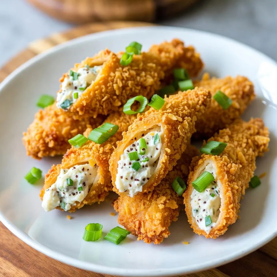 To make the perfect Crack Chicken Tenders, you need these simple ingredients: - 1 lb (450 g) chicken tenderloins - 1 cup shredded mozzarella cheese - 1/2 cup softened cream cheese - 1 packet (about 1 oz) ranch seasoning mix - 1/4 cup chopped green onions - 1/4 cup cooked bacon bits (optional, for added flavor) - 1 cup crushed cornflakes (for a crispy coating) - 1/2 teaspoon garlic powder - Salt and pepper to taste - Cooking spray or olive oil (for frying) These ingredients create a delightful mix of flavors and textures. The chicken tenderloins serve as the base, while the cheeses bring creaminess. Ranch seasoning adds a zesty kick. Green onions and bacon bits provide freshness and richness. The cornflake coating gives a satisfying crunch that makes every bite enjoyable. Using these simple items, you can create a dish that is not just tasty but also fun to make! {{ingredient_image_2}} First, get your oven ready. Preheat it to 400°F (200°C). This helps the chicken cook evenly. Next, line a baking sheet with parchment paper. This makes cleanup easier and keeps the tenders from sticking. In a medium bowl, mix the softened cream cheese and shredded mozzarella. Add the ranch seasoning mix, chopped green onions, and bacon bits if you want extra flavor. Stir this well until it is creamy and smooth. Now, let’s prepare the chicken. Take 1 pound of chicken tenderloins and season them. Use salt, pepper, and garlic powder. Make sure each piece is coated well. This adds great taste to your chicken. Now, it’s time to fill the chicken. For each tender, take a spoonful of the creamy cheese mixture. Place it in the center of the chicken. Fold the tender over the filling. Make sure it is mostly closed. If it needs help, use a toothpick to hold it together. Next, let’s coat the chicken. Pour 1 cup of crushed cornflakes into a shallow dish. Take each filled chicken tender and roll it in the cornflakes. Press down lightly to help them stick. This will give your chicken a nice, crispy texture. Place the coated chicken tenders on the prepared baking sheet. Lightly spray them with cooking spray or drizzle olive oil on top. This helps them brown and become crispy in the oven. Bake the tenders for 20 to 25 minutes. You want them to be cooked through and golden brown. Check that the chicken reaches an internal temperature of 165°F (75°C). When they are done, take them out and let them rest for about 5 minutes. This allows the flavors to settle before you serve them. Enjoy your crunchy, cheesy chicken tenders! To get the best crunch on your chicken tenders, use crushed cornflakes. They give a great texture. Press the cornflakes on the chicken firmly. This helps the coating stick. Another tip is to mist the tenders with cooking spray. This adds moisture and helps them brown well. Bake them at 400°F (200°C) for a golden finish. Keep an eye on them as they bake. They should be crisp and golden in about 20-25 minutes. You can change the flavor of your tenders easily. Try adding spices like paprika or cayenne for heat. Mix in different herbs like parsley or thyme for freshness. You can also swap the ranch seasoning for taco seasoning for a fun twist. If you love cheese, try using sharp cheddar or pepper jack. Each change will give a new taste. Be creative and mix flavors that you enjoy. Make your chicken tenders look as good as they taste. Arrange them neatly on a colorful platter. Sprinkle chopped green onions on top for a pop of color. Serve with a small bowl of ranch dressing for dipping. This adds a nice touch. You can also add some fresh veggies or a salad on the side. A bright presentation makes the meal more inviting. Enjoy showcasing your delicious creation! Pro Tips Use Fresh Ingredients: Always opt for fresh chicken and high-quality cheese for the best flavor and texture in your cheesy ranch chicken tenders. Customize the Coating: Feel free to experiment with different coatings like panko breadcrumbs or crushed potato chips for a unique twist on the crispy exterior. Make Ahead: Prepare the chicken tenders in advance and refrigerate them before baking. Just add a few extra minutes to the baking time if cooking from cold. Serving Suggestions: Pair these tenders with a variety of dipping sauces such as BBQ, honey mustard, or sriracha for an extra flavor kick at your gathering. {{image_4}} You can switch up the cheese in your crack chicken tenders. If you want a bolder taste, try sharp cheddar or pepper jack. These cheeses add a nice kick. For a creamier texture, use gouda or fontina. Both melt well and give a rich flavor. Mixing different cheeses can create a unique taste. Just remember to adjust the amount to keep the filling creamy. While cornflakes provide a great crunch, you can use other coatings too. Panko breadcrumbs give a light and airy crisp. You can also try crushed potato chips for a salty twist. If you want a gluten-free option, almond flour works well. Just make sure to coat the chicken well for maximum crunch. Each coating changes the flavor and texture, so feel free to experiment! You can make crack chicken tenders vegan or vegetarian with simple swaps. Replace chicken tenderloins with firm tofu or seitan. Both will absorb flavors well. For the cheese, use dairy-free cream cheese and mozzarella. Many brands offer great plant-based options. Ensure the ranch seasoning is vegan-friendly too. These changes keep the dish tasty while catering to different diets. Enjoy the same chewy, crispy delight with these adaptations! To keep your Crack Chicken Tenders fresh, store them in an airtight container. Make sure they cool down to room temperature first. You can place parchment paper between layers to avoid sticking. This will help maintain their crispiness. Properly stored, they last for up to three days in the fridge. When you’re ready to enjoy your leftovers, preheat your oven to 350°F (175°C). Place the chicken tenders on a baking sheet. Cover them with foil to prevent drying out. Heat for about 10-15 minutes or until warm. If you want extra crispiness, remove the foil for the last 5 minutes. If you want to freeze your tenders, let them cool completely. Wrap each tender in plastic wrap, then in aluminum foil. This doubles the protection against freezer burn. They can stay in the freezer for up to three months. To reheat, thaw them overnight in the fridge and follow the reheating instructions above. You can tell when the chicken is done by checking its internal temperature. Use a meat thermometer to ensure it reaches at least 165°F (75°C). The chicken should also look golden brown and crispy on the outside. If the juices run clear when you cut into it, that is a good sign too. Yes, you can prepare these tenders ahead of time! You can assemble them, then store them in the fridge for up to 24 hours. Just keep them covered to prevent drying out. When you are ready to cook, simply bake them as directed. They will still taste great! Crack Chicken Tenders are great on their own, but you can pair them with many sides. Here are some ideas: - Fresh veggie sticks (carrots, celery, or bell peppers) - A crisp salad with your favorite dressing - Sweet potato fries for a tasty crunch - Garlic bread for extra flavor - Ranch dressing for dipping These options will make your meal even more enjoyable! This blog post covers how to make delicious Crack Chicken Tenders. You learned about the tasty ingredients, simple steps to bake them, and tips for crispiness and flavor. We also discussed storage options and answered common questions. Now, you can enjoy homemade tenders that suit your taste. Whether you prefer different cheeses or a vegan twist, the options are endless. Try these tips and enjoy your cooking!