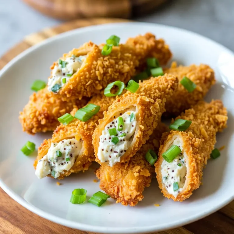 To make the perfect Crack Chicken Tenders, you need these simple ingredients: - 1 lb (450 g) chicken tenderloins - 1 cup shredded mozzarella cheese - 1/2 cup softened cream cheese - 1 packet (about 1 oz) ranch seasoning mix - 1/4 cup chopped green onions - 1/4 cup cooked bacon bits (optional, for added flavor) - 1 cup crushed cornflakes (for a crispy coating) - 1/2 teaspoon garlic powder - Salt and pepper to taste - Cooking spray or olive oil (for frying) These ingredients create a delightful mix of flavors and textures. The chicken tenderloins serve as the base, while the cheeses bring creaminess. Ranch seasoning adds a zesty kick. Green onions and bacon bits provide freshness and richness. The cornflake coating gives a satisfying crunch that makes every bite enjoyable. Using these simple items, you can create a dish that is not just tasty but also fun to make! {{ingredient_image_2}} First, get your oven ready. Preheat it to 400°F (200°C). This helps the chicken cook evenly. Next, line a baking sheet with parchment paper. This makes cleanup easier and keeps the tenders from sticking. In a medium bowl, mix the softened cream cheese and shredded mozzarella. Add the ranch seasoning mix, chopped green onions, and bacon bits if you want extra flavor. Stir this well until it is creamy and smooth. Now, let’s prepare the chicken. Take 1 pound of chicken tenderloins and season them. Use salt, pepper, and garlic powder. Make sure each piece is coated well. This adds great taste to your chicken. Now, it’s time to fill the chicken. For each tender, take a spoonful of the creamy cheese mixture. Place it in the center of the chicken. Fold the tender over the filling. Make sure it is mostly closed. If it needs help, use a toothpick to hold it together. Next, let’s coat the chicken. Pour 1 cup of crushed cornflakes into a shallow dish. Take each filled chicken tender and roll it in the cornflakes. Press down lightly to help them stick. This will give your chicken a nice, crispy texture. Place the coated chicken tenders on the prepared baking sheet. Lightly spray them with cooking spray or drizzle olive oil on top. This helps them brown and become crispy in the oven. Bake the tenders for 20 to 25 minutes. You want them to be cooked through and golden brown. Check that the chicken reaches an internal temperature of 165°F (75°C). When they are done, take them out and let them rest for about 5 minutes. This allows the flavors to settle before you serve them. Enjoy your crunchy, cheesy chicken tenders! To get the best crunch on your chicken tenders, use crushed cornflakes. They give a great texture. Press the cornflakes on the chicken firmly. This helps the coating stick. Another tip is to mist the tenders with cooking spray. This adds moisture and helps them brown well. Bake them at 400°F (200°C) for a golden finish. Keep an eye on them as they bake. They should be crisp and golden in about 20-25 minutes. You can change the flavor of your tenders easily. Try adding spices like paprika or cayenne for heat. Mix in different herbs like parsley or thyme for freshness. You can also swap the ranch seasoning for taco seasoning for a fun twist. If you love cheese, try using sharp cheddar or pepper jack. Each change will give a new taste. Be creative and mix flavors that you enjoy. Make your chicken tenders look as good as they taste. Arrange them neatly on a colorful platter. Sprinkle chopped green onions on top for a pop of color. Serve with a small bowl of ranch dressing for dipping. This adds a nice touch. You can also add some fresh veggies or a salad on the side. A bright presentation makes the meal more inviting. Enjoy showcasing your delicious creation! Pro Tips Use Fresh Ingredients: Always opt for fresh chicken and high-quality cheese for the best flavor and texture in your cheesy ranch chicken tenders. Customize the Coating: Feel free to experiment with different coatings like panko breadcrumbs or crushed potato chips for a unique twist on the crispy exterior. Make Ahead: Prepare the chicken tenders in advance and refrigerate them before baking. Just add a few extra minutes to the baking time if cooking from cold. Serving Suggestions: Pair these tenders with a variety of dipping sauces such as BBQ, honey mustard, or sriracha for an extra flavor kick at your gathering. {{image_4}} You can switch up the cheese in your crack chicken tenders. If you want a bolder taste, try sharp cheddar or pepper jack. These cheeses add a nice kick. For a creamier texture, use gouda or fontina. Both melt well and give a rich flavor. Mixing different cheeses can create a unique taste. Just remember to adjust the amount to keep the filling creamy. While cornflakes provide a great crunch, you can use other coatings too. Panko breadcrumbs give a light and airy crisp. You can also try crushed potato chips for a salty twist. If you want a gluten-free option, almond flour works well. Just make sure to coat the chicken well for maximum crunch. Each coating changes the flavor and texture, so feel free to experiment! You can make crack chicken tenders vegan or vegetarian with simple swaps. Replace chicken tenderloins with firm tofu or seitan. Both will absorb flavors well. For the cheese, use dairy-free cream cheese and mozzarella. Many brands offer great plant-based options. Ensure the ranch seasoning is vegan-friendly too. These changes keep the dish tasty while catering to different diets. Enjoy the same chewy, crispy delight with these adaptations! To keep your Crack Chicken Tenders fresh, store them in an airtight container. Make sure they cool down to room temperature first. You can place parchment paper between layers to avoid sticking. This will help maintain their crispiness. Properly stored, they last for up to three days in the fridge. When you’re ready to enjoy your leftovers, preheat your oven to 350°F (175°C). Place the chicken tenders on a baking sheet. Cover them with foil to prevent drying out. Heat for about 10-15 minutes or until warm. If you want extra crispiness, remove the foil for the last 5 minutes. If you want to freeze your tenders, let them cool completely. Wrap each tender in plastic wrap, then in aluminum foil. This doubles the protection against freezer burn. They can stay in the freezer for up to three months. To reheat, thaw them overnight in the fridge and follow the reheating instructions above. You can tell when the chicken is done by checking its internal temperature. Use a meat thermometer to ensure it reaches at least 165°F (75°C). The chicken should also look golden brown and crispy on the outside. If the juices run clear when you cut into it, that is a good sign too. Yes, you can prepare these tenders ahead of time! You can assemble them, then store them in the fridge for up to 24 hours. Just keep them covered to prevent drying out. When you are ready to cook, simply bake them as directed. They will still taste great! Crack Chicken Tenders are great on their own, but you can pair them with many sides. Here are some ideas: - Fresh veggie sticks (carrots, celery, or bell peppers) - A crisp salad with your favorite dressing - Sweet potato fries for a tasty crunch - Garlic bread for extra flavor - Ranch dressing for dipping These options will make your meal even more enjoyable! This blog post covers how to make delicious Crack Chicken Tenders. You learned about the tasty ingredients, simple steps to bake them, and tips for crispiness and flavor. We also discussed storage options and answered common questions. Now, you can enjoy homemade tenders that suit your taste. Whether you prefer different cheeses or a vegan twist, the options are endless. Try these tips and enjoy your cooking!