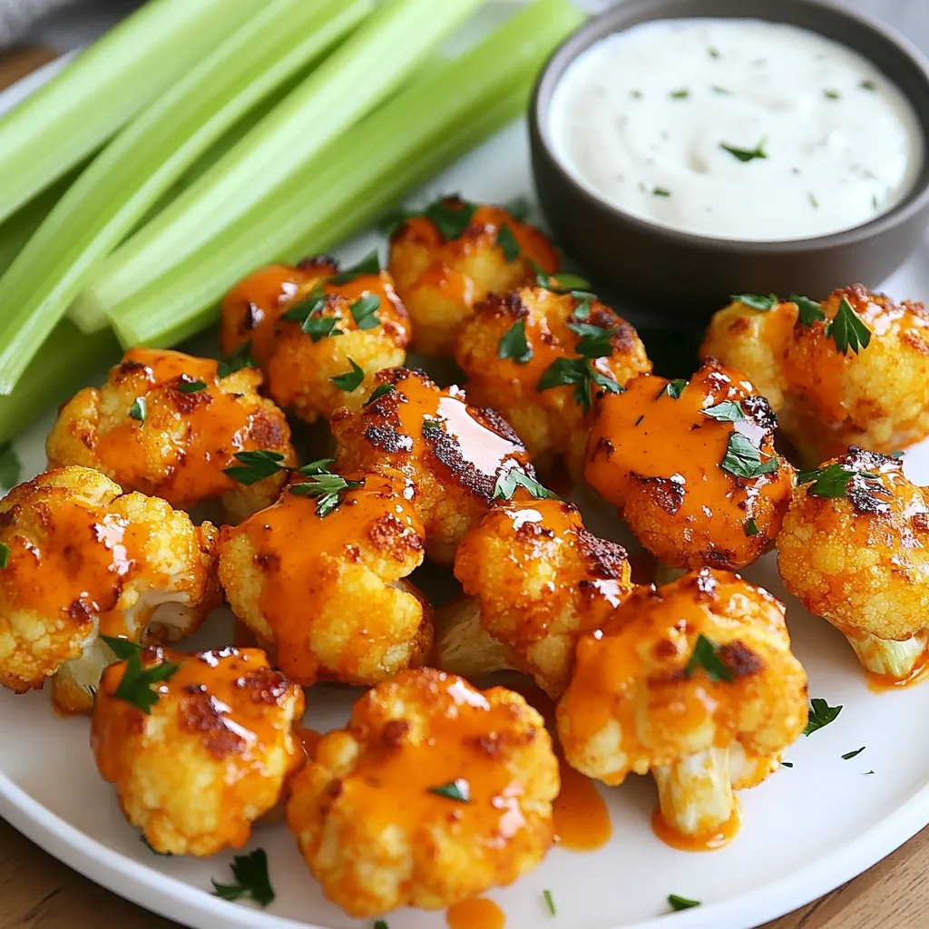 - 1 medium head of cauliflower, cut into bite-sized florets - 1 cup all-purpose flour (or gluten-free flour for a gluten-free option) - 1 teaspoon garlic powder - 1 teaspoon onion powder - 1 teaspoon smoked paprika These ingredients form the base of your Air Fryer Buffalo Cauliflower Bites. The cauliflower gives the dish its body and texture. Flour helps the batter stick. The seasonings add deep flavor to every bite. - 1/2 cup water (or plant-based milk for a dairy-free option) - 1/2 cup buffalo sauce (can be store-bought or homemade) Next, we have our liquid ingredients. Water works well, but plant-based milk makes it creamier. Buffalo sauce provides that spicy kick we crave in this dish. You can use store-bought or make your own for a fresh touch. - 2 tablespoons olive oil - 1/2 teaspoon salt - 1/4 teaspoon black pepper Finally, we need olive oil, salt, and black pepper. Olive oil helps the bites crisp up nicely in the air fryer. Salt and pepper enhance the flavors, making them pop. {{ingredient_image_2}} First, preheat your air fryer to 400°F (200°C). This step is key for crispy bites. While the air fryer heats, rinse the cauliflower under cold water. Cut it into bite-sized florets. After cutting, dry them off with a clean towel. This helps the batter stick better. In a medium bowl, mix the dry ingredients: flour, garlic powder, onion powder, smoked paprika, salt, and black pepper. Whisk these together well. Slowly add in the water or plant-based milk. Keep whisking until the batter is smooth and thick enough to coat the florets. Now, take each cauliflower floret and dip it into the batter. Make sure each piece is fully covered. Let any extra batter drip off. Next, lightly spray or brush the air fryer basket with olive oil to stop sticking. Place the coated florets in the basket. Leave space between each piece for the best crispiness. You might need to cook them in batches. Cook the cauliflower for about 15 to 18 minutes. Halfway through, shake the basket gently. This helps brown the florets evenly. When they are golden brown and crispy, they are ready. In a large bowl, pour the buffalo sauce over your cooked cauliflower. Toss them gently to make sure each piece gets coated. Put them back in the air fryer for another 2 to 3 minutes. This step helps the sauce stick and boosts the flavor. When you take them out, let the bites cool for a minute. This helps improve the taste and makes them easier to eat. Serve the buffalo cauliflower bites on a bright platter. Add crunchy celery sticks and a bowl of ranch or blue cheese dressing for dipping. A sprinkle of chopped parsley on top adds a nice touch! To make your batter stick well, start with dry cauliflower. After rinsing, use a towel to dry each floret. A dry surface helps the batter cling better. For extra crispiness, don't skip the olive oil. A light spray before air frying works wonders. Also, ensure the batter coats each piece evenly. This helps create a nice, crunchy texture. To prevent sticking, always spray the basket with oil. If your air fryer has a non-stick coating, you might need less oil. Different air fryer models may require slight adjustments. If your air fryer cooks unevenly, shake the basket more often. This helps all the florets cook evenly and become crispy. Want to tweak the flavor? Try adding different spices to the batter. A pinch of cayenne can boost the heat. You can also add some dried herbs for extra depth. Balancing heat is key. If you like it milder, use less buffalo sauce. Mixing in some ranch dressing can also tone down the spice while adding creaminess. Pro Tips Choose the Right Cauliflower: Opt for a firm, fresh head of cauliflower with tightly packed florets for the best texture and flavor. Adjusting Spice Levels: If you prefer a milder flavor, mix the buffalo sauce with a bit of plant-based yogurt or ranch dressing before tossing. Experiment with Seasonings: Feel free to add your favorite spices or herbs to the batter for a unique twist on flavor. Serving Suggestions: Pair these bites with a side of crunchy veggies and a tangy dipping sauce for a perfect appetizer spread. {{image_4}} You can change the flavor of your buffalo cauliflower bites easily. For a sweet twist, try BBQ sauce instead of buffalo sauce. This makes a tasty change. You can also use teriyaki sauce for a unique taste. Want to spice it up? Add cajun seasoning for a kick. Lemon pepper brings a refreshing zing, too. These options keep your bites exciting and new. You can switch up the texture of your cauliflower bites as well. Try a battered version for a smooth finish. Or, use a breaded option for a crunchy bite. If you want even more crunch, mix cornmeal into the breading. This gives your bites a great texture that’s hard to resist. Serve buffalo cauliflower bites in fun new ways. You can add them to salads for a tasty crunch. They also work well in wraps, adding flavor and texture. For sides, think outside the box. Pair them with fresh veggies or creamy dips. Celery sticks and ranch dressing make great partners, too. Enjoy experimenting with these serving ideas! To keep your buffalo cauliflower bites fresh, store them in the fridge. Use an airtight container. This helps keep the flavors and prevents sogginess. Make sure the bites cool down before you seal them. They stay good for about 3 days. You can reheat your bites in either an oven or an air fryer. The air fryer is the best choice for keeping them crispy. Set the air fryer to 350°F (175°C) and cook for about 5 minutes. If you use the oven, set it to 350°F (175°C) and bake for 10 minutes. This helps maintain their crunch and flavor. You can freeze buffalo cauliflower bites before or after cooking. If you freeze them raw, coat them in batter, then freeze. Once they are frozen, transfer them to a zip-top bag. For cooked bites, let them cool, then freeze in a single layer. To thaw, just move them to the fridge overnight. Reheat in the air fryer or oven as mentioned above. This makes for a quick snack anytime! Yes, you can use frozen cauliflower. Just make sure to thaw it first. Drain any excess water. This helps the batter stick better. Frozen cauliflower may need a little longer to cook. Check for crispiness before removing from the air fryer. Yes, this recipe can be gluten-free. Just swap all-purpose flour with gluten-free flour. There are many good options, like almond or chickpea flour. These will give you a nice texture and flavor without gluten. To make the bites less spicy, reduce the amount of buffalo sauce. You can also mix it with some ranch or yogurt. This will cool down the heat. Try adding a little honey for sweetness, too. Making homemade buffalo sauce is easy. Combine 1/2 cup hot sauce with 1/4 cup melted butter. Stir in 1 tablespoon vinegar, and add a pinch of salt. Mix well, and adjust to your taste. You can add garlic powder for extra flavor. Yes, you can bake these in the oven. Preheat your oven to 425°F (220°C). Place the coated cauliflower on a baking sheet lined with parchment paper. Bake for about 25-30 minutes. Flip them halfway for even cooking. Enjoy crispy bites straight from the oven! You learned how to make delicious buffalo cauliflower bites using simple ingredients. We covered how to prepare, batter, and air fry the cauliflower for the best taste and texture. Tips helped you enhance flavor and deal with storage. You can customize your bites with different sauces and cooking methods. Enjoy these bites as a healthy snack or meal option. Get creative with spices and pairings. Happy cooking!