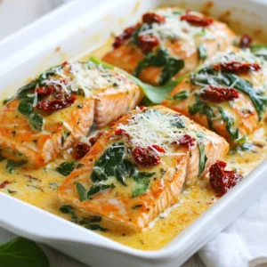 - 4 salmon fillets (approximately 6 oz each) - 1 cup sun-dried tomatoes, roughly chopped - 1 cup heavy whipping cream - 1/2 cup freshly grated Parmesan cheese - Salt and freshly ground black pepper, to taste - 2 tablespoons extra virgin olive oil - 3 cloves of garlic, finely minced - 1 cup fresh spinach leaves, roughly chopped - 1 teaspoon dried Italian herbs blend (includes oregano, basil, and thyme) - Fresh basil leaves, for garnish When making Creamy Tuscan Sun-Dried Tomato Salmon, each ingredient plays a key role. The salmon fillets are the star, bringing rich flavor and healthy protein. Sun-dried tomatoes add a sweet and tangy punch. Heavy cream makes the sauce smooth and rich. Parmesan cheese adds a salty, nutty touch. For seasoning, salt and black pepper are must-haves. Extra virgin olive oil helps sear the salmon perfectly. Garlic gives a lovely aroma and depth. Fresh spinach adds color and nutrition. The Italian herbs blend ties all the flavors together, making the dish sing. When you plate this dish, don&rsquo;t forget the fresh basil. It adds a bright finish and looks beautiful. With these ingredients, you create a delightful meal that feels special yet is simple to make. Enjoy the process of cooking and savor every bite! {{ingredient_image_2}} - Seasoning the salmon fillets: Start by seasoning both sides of the salmon fillets with salt and freshly ground black pepper. This simple step boosts the fish's natural flavor. - Searing the salmon until golden-brown: Heat 2 tablespoons of extra virgin olive oil in a large skillet over medium heat. Once the oil shimmers, place the seasoned salmon fillets in the skillet. Sear each fillet for 4-5 minutes on each side. You want a nice golden-brown crust. Remove the salmon and keep it warm on a plate. - Saut&eacute;ing garlic and sun-dried tomatoes: In the same skillet, add 3 cloves of finely minced garlic. Saut&eacute; for about 30 seconds until it smells great. Then, add 1 cup of roughly chopped sun-dried tomatoes. Cook for 1-2 minutes, stirring often to mix the flavors. - Making the creamy sauce with heavy cream and Parmesan: Gradually pour in 1 cup of heavy whipping cream, stirring constantly. Let it come to a gentle simmer. Add 1/2 cup of freshly grated Parmesan cheese and stir until it melts. This creates a rich and creamy sauce. - Adding spinach and herbs: Stir in 1 cup of roughly chopped spinach and 1 teaspoon of dried Italian herbs. Mix until the spinach wilts down, about 2-3 minutes. This adds color and freshness to your sauce. - Merging seared salmon with the sauce: Carefully return the seared salmon fillets to the skillet. Spoon some creamy sauce over each fillet. Heat everything through for about a minute until warm. Enjoy the blend of flavors and the beautiful presentation! To check if your salmon is done, look for a light pink color in the center. You can also use a fork to flake the fish gently. If it flakes easily, it&rsquo;s ready! For thicker fillets, adjust your cooking time. A thicker piece may need a minute or two more on each side. Always keep an eye on it to avoid overcooking. Freshly cracked spices can really elevate this dish. When you crack your pepper or any dried herbs, you release oils and flavors. For sun-dried tomatoes, you can choose between oil-packed or dry. Oil-packed gives a richer taste, while dry gives a chewier texture. Experiment with different herbs too! Fresh basil and oregano can brighten your sauce. For serving, I love to plate the salmon on a bed of fluffy rice or creamy mashed potatoes. This way, the sauce has a base to soak into. For sides, grilled asparagus or a garden salad works well. To make your dish shine, add fresh basil leaves on top. This adds a pop of color and fresh aroma that everyone will love! Pro Tips Choose Fresh Salmon: Opt for wild-caught salmon if available, as it has a richer flavor and firmer texture compared to farmed salmon. Customize the Sauce: Feel free to add other vegetables like bell peppers or mushrooms to the sauce for added flavor and texture. Adjust Creaminess: For a lighter version, substitute half of the heavy cream with chicken or vegetable broth without losing the creamy texture. Rest Before Serving: Let the salmon rest for a few minutes after cooking; this helps retain its moisture and ensures a tender bite. {{image_4}} You can switch salmon for chicken or shrimp. Chicken breasts work well. Just slice them into thin pieces. Cook them until golden and juicy. Shrimp is quick and tasty. Cook shrimp until they turn pink. Both options soak up the creamy sauce nicely. For a vegan version, use plant-based cream. Look for brands that mimic dairy cream. Add nutritional yeast for a cheesy flavor. Blend sun-dried tomatoes with garlic and olive oil for a strong taste. Toss in leafy greens like kale or Swiss chard. This gives you a rich, creamy sauce without any animal products. Adding spices or citrus zest can really brighten the dish. Try a pinch of red pepper flakes for heat. Fresh lemon or lime zest adds a fresh twist. You can also use fresh herbs like dill or parsley. These small changes can make your meal even more exciting! After you enjoy your creamy Tuscan sun-dried tomato salmon, store leftovers in an airtight container. This keeps the dish fresh and tasty. Make sure the salmon cools down first. Then, cover it well. Leftovers can last in the fridge for up to three days. If you want to keep it longer, freezing might be a better option. To reheat your salmon, use a skillet over low heat. This method helps avoid drying out the fish. Add a splash of cream or a bit of water to keep it moist. Cover the skillet to trap steam and heat evenly. Cook for about 5 minutes, turning gently. You can also use the microwave. Just heat on low power for 1-2 minutes. Check often to prevent overcooking. Yes, you can freeze this dish! To do it right, let the salmon cool completely. Then, place it in a freezer-safe container or wrap it tightly in plastic wrap. Make sure to remove all air to avoid freezer burn. It will stay good for up to three months. When you're ready to eat, thaw it in the fridge overnight before reheating. Cooking salmon usually takes about 8 to 12 minutes. Thicker fillets need more time. For a 1-inch thick piece, cook for about 4 to 5 minutes per side. Always check for a nice golden crust and a firm texture. Salmon is done when it flakes easily with a fork. Yes, you can use frozen salmon. First, thaw it in the fridge overnight. If you're short on time, place the sealed salmon in cold water for 30 minutes. Once thawed, pat it dry before seasoning and cooking. This helps the salmon cook evenly and maintain its moisture. This dish pairs well with several sides. Here are some great options: - Fluffy rice to soak up the creamy sauce. - Creamy mashed potatoes for comfort. - Grilled asparagus adds a nice crunch. - A simple garden salad for freshness. - Garlic bread can balance the rich flavors. In this blog post, we explored a creamy Tuscan sun-dried tomato salmon dish. We discussed key ingredients, cooking steps, and tips for perfect results. Remember, adjusting cooking time ensures your salmon is just right. Experimenting with flavors or using different proteins can make the recipe your own. Finally, proper storage helps keep leftovers fresh. I hope you dive into this easy recipe and enjoy a delicious meal!