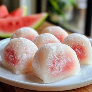 - Glutinous rice flour - Granulated sugar - Water - Fresh watermelon juice - Cornstarch (for dusting) - Fresh watermelon cubes - Optional: Sweetened red bean paste To make soft watermelon mochi, you need some simple ingredients. Glutinous rice flour is the main part. This flour gives mochi its unique chewy texture. Granulated sugar adds sweet flavor. You also need water to mix everything together. Fresh watermelon juice is key for that fruity taste. Use real juice from ripe watermelons for the best flavor. Strain the juice to get rid of any pulp. Cornstarch helps keep the mochi from sticking, which is very important. You can add fresh watermelon cubes in each mochi for a juicy surprise. If you want more sweetness, consider adding sweetened red bean paste. This optional ingredient brings a different taste that some people love. Gather these items before you start. With the right ingredients, you&rsquo;ll make delicious soft watermelon mochi. {{ingredient_image_2}} 1. Start with a medium bowl. Combine 1 cup of glutinous rice flour and 1/4 cup of granulated sugar. Whisk them well until they mix smoothly. 2. Gradually add 1/2 cup of water and 1/2 cup of fresh watermelon juice. Stir the mix until it's a smooth batter. This process is key to avoid lumps. 1. Transfer your batter into a microwave-safe bowl. Cover it with a damp kitchen towel. This keeps moisture in while cooking. 2. Microwave on high for 2 to 3 minutes. Stop halfway to stir. This step ensures that your mochi cooks evenly and becomes nice and puffy. 1. After cooking, let the mochi cool a bit. Dust a clean surface with cornstarch to prevent sticking. 2. Place the dough on the surface and divide it into small portions, about 1 tablespoon each. Flatten each piece into a disc. 3. Add a small cube of fresh watermelon in the center of each disc. If you like, add a bit of sweetened red bean paste too. Fold and pinch the edges to seal the mochi. 4. Roll each filled mochi ball gently between your palms for a nice finish. Dust them with more cornstarch to keep them from sticking. To get the best texture in your mochi, use high-quality glutinous rice flour. This flour gives mochi its chewy feel. Mix the flour and sugar well before adding liquids. This helps everything blend smoothly. When you add water and juice, do it slowly. Stir until there are no lumps. To avoid stickiness, dust your hands and workspace with cornstarch. It helps keep the mochi from sticking to everything. After shaping the mochi, coat it lightly with more cornstarch. This keeps each piece smooth and easy to handle. For a fun presentation, use a colorful plate. Lay the mochi on it, and dust lightly with cornstarch. You can add mini watermelon slices around the mochi for a bright touch. Serve the mochi chilled for a refreshing treat. This enhances the flavor and makes it feel special. When storing mochi, keep it in an airtight container. This helps it stay fresh in the fridge. You can store it for up to a week. If you want to freeze it, wrap each piece in plastic wrap. Place them in a freezer bag. They can last for up to a month. When ready to eat, let them thaw in the fridge for the best texture. Pro Tips Use Fresh Watermelon Juice: For the best flavor, make sure to use fresh watermelon juice. It enhances the taste of the mochi and provides a natural sweetness. Monitor the Cooking Time: Microwaves may vary in power, so keep a close eye on the mochi as it cooks. Adjust the time as needed to avoid overcooking. Dust Generously with Cornstarch: To prevent the mochi from sticking, be generous with the cornstarch both during handling and before serving. Chill Before Serving: For an extra refreshing treat, chill the filled mochi in the refrigerator for about 30 minutes before serving. This enhances the flavor and texture. {{image_4}} You can change up the filling in your mochi to suit your taste. Try using different fruits like mango, strawberries, or even peaches. Each fruit brings a unique flavor and texture. You can also explore sweet pastes, like black sesame or coconut. These pastes add a rich taste that pairs well with mochi. Adding flavor extracts to the dough is an easy way to elevate your mochi. Use vanilla, almond, or even mint for a fun twist. You can also substitute plain water with flavored juices or purees. For example, using orange juice instead of water gives a bright citrus flavor to your mochi. If you need gluten-free options, use gluten-free rice flour instead of glutinous rice flour. This keeps the same chewy texture. For lower sugar alternatives, cut the sugar in half or use a sugar substitute like stevia. These changes make it easier to enjoy mochi while sticking to your dietary needs. To keep your soft watermelon mochi fresh, use an airtight container. This keeps moisture in and prevents the mochi from drying out. You can stack the mochi in layers, but place parchment paper between layers. This helps avoid sticking. Store the mochi in the fridge for up to three days. After that, the texture may change, and it might not taste as fresh. If you want to keep your mochi longer, you can freeze it. To freeze mochi, first, let it cool completely. Then, place each piece in a single layer on a baking sheet. Freeze for about one hour. Once frozen, transfer them to a freezer bag. Squeeze out as much air as possible before sealing. They can last in the freezer for up to one month without losing quality. When you're ready to eat the frozen mochi, remove it from the freezer. Thaw it at room temperature for about 15 to 20 minutes. This way, it stays soft and delicious. Enjoy the fresh taste of your soft watermelon mochi anytime! Soft Watermelon Mochi has a chewy and slightly sticky texture. When you bite into it, you feel the softness. The outer layer is smooth and elastic. Inside, the fresh watermelon adds a juicy surprise. If you add sweetened red bean paste, it gives a sweet creaminess. This balance of chewy mochi and juicy filling makes every bite delightful. Yes, you can use store-bought watermelon juice, but make sure it's pure. Look for juice without extra sugars or additives. Fresh juice gives a better flavor, but store-bought is convenient. If you do use it, make sure to strain it to remove any pulp. This will keep your mochi smooth and pleasant to eat. Homemade mochi lasts about 2 to 3 days at room temperature. To keep it fresh, store it in an airtight container. If you want to keep it longer, you can freeze it. Frozen mochi can last up to a month. When ready to eat, thaw it in the fridge or at room temperature. This way, you maintain its soft texture and flavor. Now you know how to make soft watermelon mochi! We covered key ingredients, step-by-step instructions, and tips to perfect your technique. You can also explore variations and storage options for your mochi. Making this treat is fun and rewarding. Enjoy experimenting with flavors and fillings. Homemade mochi brings joy to any gathering. Share it with friends or keep some for yourself. Happy cooking!