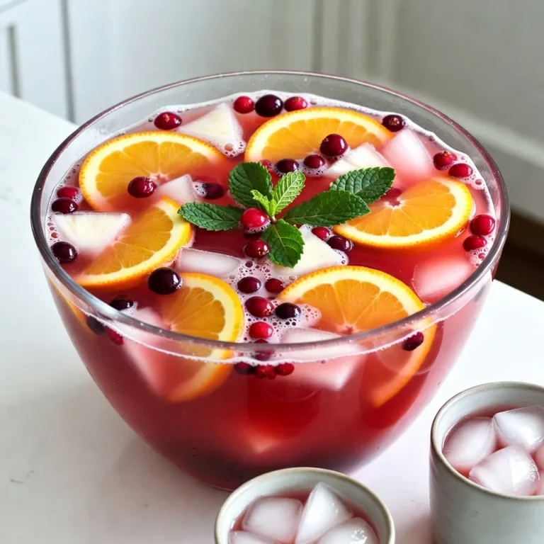 - 4 cups cranberry juice - 2 cups freshly squeezed orange juice - 1 cup pineapple juice - 1 liter sparkling water or lemon-lime soda - 1/4 cup honey or agave syrup - 2 oranges, thinly sliced - 1 cup fresh cranberries - Fresh mint leaves You can add extra oranges and cranberries for a festive look. Whole cranberries float nicely. You can use mint leaves for a fresh touch. They also add nice aroma. I love using cranberry, orange, and pineapple juices. These juices create a sweet and tart flavor. You can mix in other juices too. Think about using apple or grape juice for a twist. {{ingredient_image_2}} Making this punch is easy and fun. You need about 15 minutes to prepare it. Gather all your ingredients and a large punch bowl. This punch serves 8 to 10 people. Start by pouring 4 cups of cranberry juice into your bowl. Then, add 2 cups of freshly squeezed orange juice. Next, include 1 cup of pineapple juice. Use a long spoon to stir the mixture well. Make sure everything blends smoothly for great flavor. Now it’s time to sweeten your punch. Gradually add 1/4 cup of honey or agave syrup. Stir the mixture as you add the sweetener. Keep stirring until it fully dissolves. Taste your punch and see if you want it sweeter. Add more syrup if needed. Just before serving, pour in 1 liter of sparkling water or lemon-lime soda. This adds a fun fizz to your drink. Gently stir again to mix it in without losing the bubbles. The fizz makes the punch refreshing and lively. Now, add the thinly sliced oranges and fresh cranberries to the punch. These not only boost flavor but also make it look festive. When you serve, fill each glass with ice to keep it cold. Ladle the punch into the glasses. Finish with a sprig of fresh mint on top for aroma and a pop of color. Enjoy your festive drink! Start with the base of your punch. Use 1/4 cup of honey or agave syrup. Stir it in well. Taste your punch after mixing. Adjust the sweetness to your liking. If you want it sweeter, add more syrup. For a less sweet drink, use less syrup. You can also try using less sweet juices. This gives you control over the taste. Use a large punch bowl for mixing. Pour in the cranberry juice, orange juice, and pineapple juice. Stir these juices well with a long spoon. This helps blend the flavors evenly. When adding the sparkling water, do it gently. This keeps the fizz intact. If you stir too hard, you lose the bubbles. Serve your punch in clear glasses. This shows off the bright colors. Fill each glass with ice first. Then ladle the punch in. For a special touch, garnish with fresh mint leaves. You can also add whole cranberries and orange slices. These make your drink look festive and fun. Pro Tips Chill Your Ingredients: Make sure to chill your juices and sparkling water beforehand. This will keep your punch refreshing and cold without needing too much ice, which can dilute the flavors. Experiment with Flavors: Feel free to add other juices like pomegranate or grape for a unique twist. You can also incorporate spices like cinnamon or star anise for added warmth and depth. Make Ahead: Prepare the juice mixture in advance and store it in the refrigerator. Just add the sparkling water right before serving to maintain the fizz. Garnish Creatively: Use edible flowers or citrus peels as additional garnishes for a stunning presentation. This will not only enhance the visual appeal but also add subtle flavors. {{image_4}} For a tropical twist, use different juices. Try mango juice instead of cranberry juice. You can also add coconut water for a fun flavor. Pineapple juice is perfect for that beach vibe. Blend these juices well, then add sparkling water for fizz. Garnish with pineapple chunks and mint. This variation tastes like a summer party! Berries add color and flavor to your punch. Use berry juices like blueberry or raspberry. You can also mash fresh berries and add them to the mix. This will give your punch a rich taste. For a beautiful touch, float whole berries on top. They look great and taste sweet! Citrus fruits make your punch bright and fresh. Use lemon and lime juices along with orange juice. This mix gives a zesty flavor that wakes up your taste buds. You can also add lime slices and lemon wedges to the bowl. This twist is perfect for those who love tart flavors. After your party, store any leftover punch in the fridge. Use a clean, sealed container. This keeps the punch fresh and tasty. Avoid putting the garnishes in the container. They can make the punch soggy. You can make this punch a few hours in advance. Mix the juices and sweetener first. Add the sparkling water right before serving. This keeps the fizz. You can also slice the oranges and prepare the mint ahead of time. Cranberry juice lasts about 7-10 days once opened. Fresh orange juice is best used within 3 days. Pineapple juice can last for about a week. Store all juices in the fridge. Always check the use-by dates. Fresh mint should be used within a week for the best flavor. You can use maple syrup or brown sugar. These will add a unique flavor. Just stir them in until they dissolve. Adjust the amount to match your taste. Add colorful fruits like pomegranate seeds or sliced strawberries. You could also use fun ice molds. Fill them with juice and freeze. This will keep your punch cold and pretty. Yes! Frozen fruit works great. It keeps the punch cold and adds nice flavor. Just toss in some frozen berries or mango chunks. They will look and taste lovely. Yes, you can prepare the juice mix a day in advance. Just wait to add the sparkling water until serving. This keeps it bubbly and fresh. Use clear glasses to show off the vibrant colors. You can also use festive cups for a fun touch. Make sure they are big enough for ice and fruit. This article covered how to make a delicious punch from start to finish. We explored the needed ingredients and optional garnishes. You learned step-by-step instructions for mixing and serving your drink. I shared tips to adjust sweetness and create fun variations. Finally, we discussed storage methods to keep your punch fresh. Enjoy mixing flavors and impressing your guests with your punch-making skills! Experiment with the variations to find your favorite. Happy crafting!